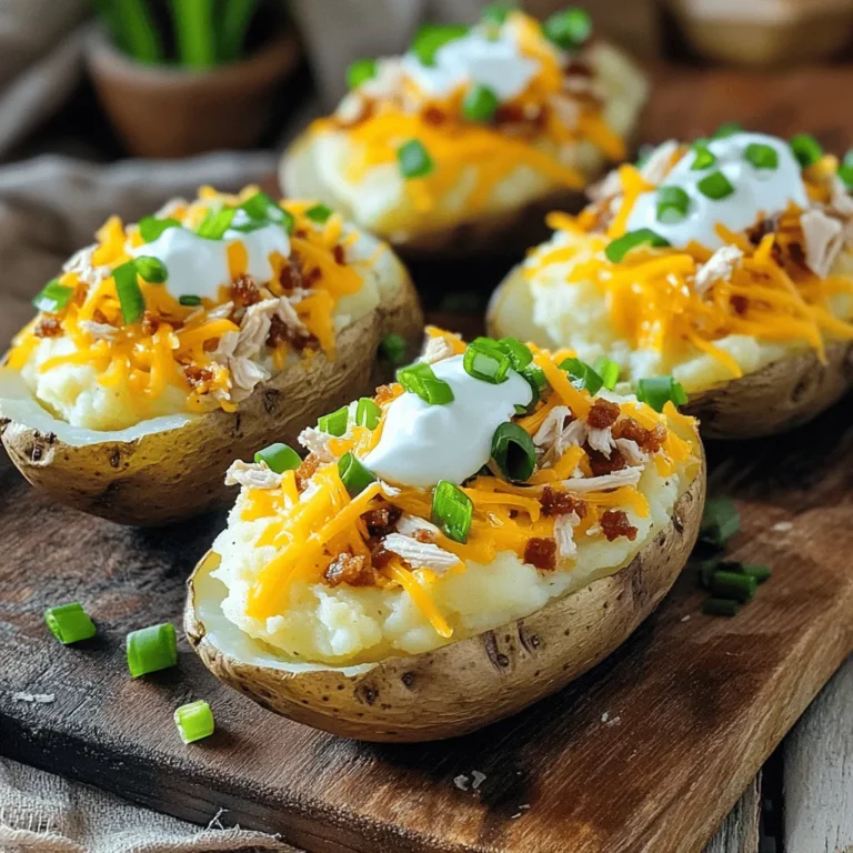 - 4 large russet potatoes - 1 cup shredded sharp cheddar cheese - 1/2 cup cooked chicken, chopped into bite-sized pieces - 1/2 cup sour cream - 1/4 cup green onions, finely sliced - 1/4 cup cooked and crumbled turkey bacon (optional) - 1 teaspoon garlic powder - 1 teaspoon smoked paprika - Salt and pepper, to taste - Olive oil, for brushing When I make loaded potato skins, I love using russet potatoes. Their thick skin holds up well when you scoop them out. You’ll need four large ones. Make sure to wash them well to remove any dirt. For the cheese, I always reach for sharp cheddar. It melts beautifully and adds a rich flavor. You will use one cup of it. If you want some protein, add half a cup of cooked chicken. Chop it into small pieces for easy bites. I also love a dollop of sour cream on top. It gives a nice tang and creaminess. You’ll need half a cup. Green onions add a fresh crunch. Slice about a quarter cup. If you want a little extra flavor, crumble some turkey bacon on top. This is optional but tasty! Now, let’s talk about spices. Garlic powder gives a nice kick. Use one teaspoon of it. Smoked paprika adds depth. You’ll also need salt and pepper to taste. Finally, brush the potato skins with olive oil. This helps them crisp up in the oven. With these ingredients, you’re well on your way to making delicious loaded potato skins! Check out the Full Recipe for all the steps. First, preheat your oven to 400°F (200°C). This helps the potatoes cook well. Take four large russet potatoes and scrub them under running water. This removes dirt and keeps them clean. After washing, dry them with a kitchen towel. Using a fork, prick each potato several times. This step is very important. It lets steam escape while baking. If you skip this, the potatoes might burst. Next, rub the potatoes with olive oil. Sprinkle salt on them, making sure to coat them evenly. Place your potatoes directly on the oven rack. Bake them for about 45-60 minutes. You want them to be soft enough for a fork to go through. Once done, carefully remove them from the oven. Let them cool for a few minutes. This cooling step is vital. It makes the potatoes safe to handle. Now, slice each potato in half lengthwise. Gently scoop out some of the flesh, leaving about 1/4 inch of potato. This keeps the skins strong for filling. In a bowl, mix the scooped potato flesh with garlic powder, smoked paprika, salt, and pepper. Mash it all together until smooth. Spoon this filling back into each skin, packing it in slightly. Top with shredded cheddar cheese, chopped chicken, and crumbled turkey bacon if you like. Place the loaded potato skins on a baking sheet. Bake them again for 10-15 minutes. You want the cheese to melt and bubble. After baking, remove the skins from the oven. Let them cool slightly. Drizzle sour cream on top and sprinkle green onions for extra flavor. Enjoy these tasty potato skins made from the full recipe! - Ensuring crispy skins To get the best crispy skins, bake your potatoes until they are fully cooked. The skin needs to be dry and firm. After scooping, brush them with olive oil. This helps them crisp up in the oven. - Best cheeses for a melty topping I love using sharp cheddar cheese for its rich flavor. It melts well and adds great taste to each bite. You can also try pepper jack for a spicy kick or mozzarella for extra stretchiness. - Balancing toppings for flavor Mix and match toppings to create a flavor explosion. I suggest adding crispy turkey bacon for crunch and cooked chicken for protein. Don't forget green onions for a fresh taste. Keep it colorful and fun! - Ideal presentations and garnishes For a stunning look, serve your potato skins on a rustic wooden board. Add extra green onions on top for a pop of color. A small bowl of sour cream on the side makes it easy for guests to dip. - Pairing with dips and beverages Think about pairing your potato skins with a zesty dip. Salsa or guacamole works well. For drinks, a light beer or sparkling lemonade complements the flavors nicely. Enjoy your tasty creation! {{image_4}} You can customize loaded potato skins with many toppings. For a vegetarian option, skip the chicken and bacon. Instead, load them with sautéed peppers, onions, and mushrooms. This gives a colorful and tasty twist. You can also add black beans for extra protein. If you want unique flavors, try BBQ sauce or Tex-Mex styles. Top with pulled pork and drizzle BBQ sauce for a smoky taste. For Tex-Mex, add taco meat, jalapeños, and a dollop of guacamole. These choices bring a fun spin to your potato skins. You can adapt your potato skins for different seasons. In summer, load them with fresh veggies. Grilled corn, cherry tomatoes, and avocado make a light, fresh option. These toppings add color and crunch. In winter, create comfort food potato skins. Use hearty toppings like chili or cheesy broccoli. These warm, filling options are perfect for gatherings. They make everyone feel cozy during colder months. For the full recipe and more ideas, check out the Full Recipe section. To keep leftover loaded potato skins fresh, start by letting them cool down. Once they are cool, you can store them in the fridge. - Place the potato skins in an airtight container. - They will stay good for 3-4 days in the refrigerator. If you want to keep them longer, consider freezing them. - Wrap each potato skin in plastic wrap. - Place them in a freezer-safe bag or container. - They can last up to two months in the freezer. When you are ready to eat them, thaw the skins in the fridge overnight. Reheating loaded potato skins is easy. You want to keep them crispy. - Oven Method: Preheat your oven to 350°F (175°C). Place the skins on a baking sheet and heat for about 10-15 minutes. This will help restore their crunch. - Microwave Method: For a quick option, use the microwave. Place the skins on a microwave-safe plate. Heat for about 1-2 minutes. Note, this may make them a bit softer, so use the oven for better texture. Enjoy your loaded potato skins just like they were fresh from the oven! For more details, check the Full Recipe. To make loaded potato skins vegan, swap out the cheese and sour cream for plant-based options. Use vegan cheese that melts well, and choose cashew or coconut-based sour cream. For protein, add black beans or lentils instead of chicken. These swaps keep the dish tasty and satisfying while being entirely plant-based. Yes, you can prepare loaded potato skins in advance. Bake the potatoes and scoop out the flesh ahead of time. Store the skins in the fridge for up to a day. When ready to serve, fill them with your mixture and bake until hot and cheesy. This saves time on busy days. To ensure crispy potato skins, follow these tips: - Use russet potatoes, as their skin is thicker and crispier. - Bake them until they are well-cooked, about 45-60 minutes. - After scooping out the flesh, brush the skins with olive oil and sprinkle with salt. - Bake them again for about 10-15 minutes to get that perfect crunch. This extra step makes all the difference. Yes, you can freeze loaded potato skins. Prepare them fully, but do not bake them. Wrap each one tightly in plastic wrap, then place them in a freezer bag. They can last for up to three months. When you're ready to eat, bake them from frozen, adding a few extra minutes to the cooking time. You can get creative with toppings! Try adding: - Avocado or guacamole for a creamy texture. - Fresh herbs like cilantro or parsley for added flavor. - Spicy jalapeños for a kick. - Different cheeses like pepper jack for extra spice. - Sautéed vegetables for a hearty touch. These ideas let you mix flavors and create a unique dish every time! Loaded potato skins are fun and tasty. We covered the key ingredients and the steps to prepare them. Remember to pick fresh toppings and spices that you love. You can also make variations for any season or taste. Store any leftovers the right way to enjoy them later. Now, you can impress friends and family with your cooking. Enjoy creating your loaded potato skins!