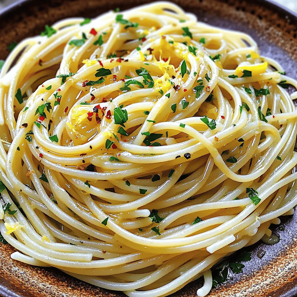 - Spaghetti: Use 400g of spaghetti for the perfect base. It cooks well and holds flavor. - Garlic: Six cloves of garlic, sliced thin, bring a rich, bold taste. - Extra virgin olive oil: A half cup of high-quality oil adds depth and smoothness. - Red pepper flakes: One teaspoon gives a nice kick. Adjust to your spice level. - Fresh parsley: A quarter cup of chopped parsley adds freshness and color. - Lemon zest: The zest of one lemon brightens the dish and adds a zing. - Grated Parmesan cheese: Adding this brings creaminess and umami. Use it if you like. - Salt: Season to taste. It enhances all the flavors in the dish. For the full recipe, check the detailed instructions and tips! 1. Start by boiling a large pot of water. 2. Add a generous amount of salt. It should taste like the sea. 3. Once the water is boiling, add the spaghetti. 4. Cook it according to the package instructions. 5. Aim for an al dente texture. This means it should be firm to the bite. 6. Before draining, save 1 cup of the pasta water. This will help later. 1. In a spacious skillet, pour in the extra virgin olive oil. 2. Heat it over medium heat until it shimmers. 3. Add the thinly sliced garlic carefully to the hot oil. 4. Sauté the garlic for about 2-3 minutes. Watch it closely. 5. You want it golden brown, not burnt. The smell will be amazing. 1. Once the garlic is ready, stir in the red pepper flakes. 2. Sauté for another 30 seconds. This adds a nice kick. 3. Now, add the drained spaghetti into the skillet. 4. Toss everything together well. Make sure the pasta gets coated in the oil. 5. If it feels dry, add some of the reserved pasta water slowly. 6. Remove from heat and mix in the fresh parsley and lemon zest. 7. Season with salt to taste and mix it all well. Now, your flavorful garlic pasta dish is ready to enjoy! Check the Full Recipe for more details. To make Spaghetti Aglio e Olio truly shine, you can adjust the spice level. If you want more heat, add extra red pepper flakes. For a milder dish, use less. Start small and taste as you go. This way, you find the perfect balance for your palate. Adding lemon zest can elevate the dish. It gives a fresh twist that brightens the garlic flavor. Just zest one lemon and mix it in at the end. This simple step makes a big difference. Always reserve some pasta water before draining your spaghetti. This starchy water helps the sauce stick to the pasta. Use it to adjust the sauce’s thickness as you mix everything together. It’s a key step to achieve a silky texture. When sautéing garlic, watch it closely. Cook it until it turns a golden brown. If it burns, the flavor turns bitter. Take your time with this step; it’s where the magic happens. For serving, twirl the spaghetti into a nest shape on each plate. This makes your dish look fancy and inviting. Use a fork or tongs to create neat spirals. Garnish with fresh parsley and a sprinkle of cheese. This adds color and flavor. You can also drizzle a little olive oil on top for shine. It makes your dish look even more appealing. Enjoy your meal! {{image_4}} You can make Spaghetti Aglio e Olio even better by adding protein. Shrimp and chicken work great. Both add a nice texture and flavor. Just sauté them in the olive oil before adding garlic. Another tasty option is bacon or pancetta. Their salty, smoky flavor adds depth. Cut them into small pieces and cook until crispy. Then, mix them into the pasta for a savory twist. For a vegetarian spin, use seasonal vegetables. Broccoli, zucchini, or bell peppers add color and nutrition. Sauté them with the garlic for a flavorful mix. If you're vegan, skip the cheese and use nutritional yeast instead. It gives a cheesy flavor without dairy. You can also add more herbs like basil or oregano to enhance the taste. To elevate the flavor, infuse your oil with different herbs. Try thyme, rosemary, or even a bay leaf. This adds a fresh, herbal note to your dish. Using flavored olive oil is another great idea. Chili oil or garlic-infused oil can boost the taste. Just be sure to adjust the amount of red pepper flakes if you choose spicy oil. For the full recipe, check out the Garlic-Lover's Spaghetti Aglio e Olio. After enjoying your Spaghetti Aglio e Olio, you may have some leftovers. To keep them fresh, store the pasta in an airtight container. This will help prevent the dish from drying out. Place it in the fridge as soon as it cools down. Proper storage can keep your pasta good for about 3 to 5 days. If you do not eat it within this time, consider freezing it. You can freeze Spaghetti Aglio e Olio if you want to save it for later. Place the cooled pasta in a freezer-safe container. Make sure to leave some space for expansion. It can last up to 2 months in the freezer. When you are ready to eat it, take it out and thaw it in the fridge overnight. To reheat frozen pasta, you can use a skillet. Add a splash of water or olive oil to help it heat evenly. Stir it often until it’s hot. This method keeps the flavors fresh and tasty. If you prefer, you can also microwave it, but be cautious to avoid drying it out. For the full recipe, check out the Garlic-Lover's Spaghetti Aglio e Olio section. In this guide, we explored how to make Spaghetti Aglio e Olio, a simple and tasty dish. We covered essential ingredients like spaghetti, olive oil, and garlic. You learned about cooking techniques for perfect pasta and ways to add flavor with spices and herbs. Remember these tips for great taste and presentation. With variations for protein and vegan options, you can customize this dish. Store leftovers wisely to keep them fresh. Enjoy your cooking!