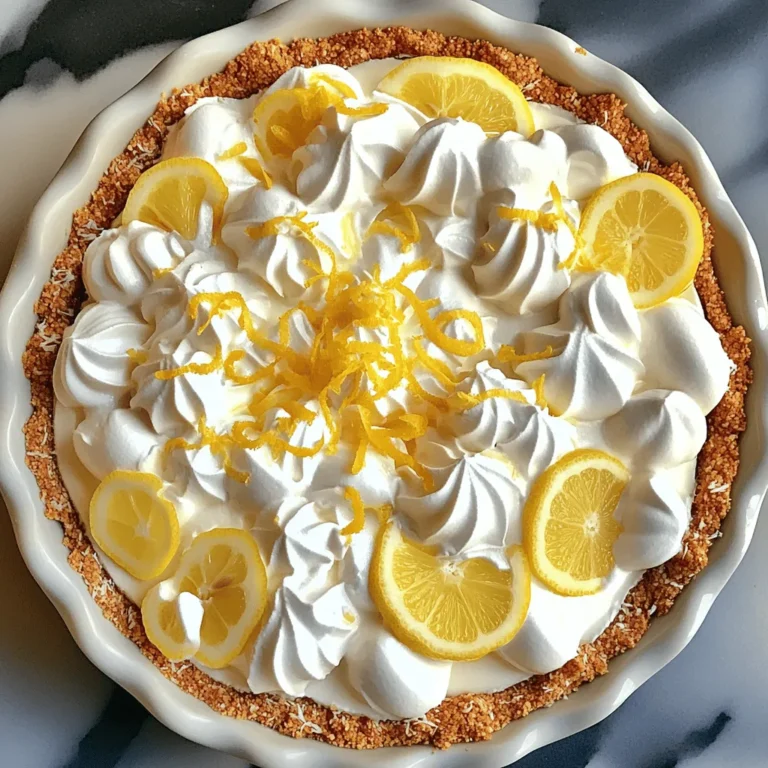 To create this tasty Lemon Icebox Pie, you need a few key ingredients. Here’s what you’ll need: - 1 cup graham cracker crumbs - 1/2 cup unsweetened shredded coconut - 1/3 cup granulated sugar - 1/2 cup (1 stick) unsalted butter, melted - 1 cup heavy whipping cream - 1 (14 oz) can sweetened condensed milk - 1/2 cup freshly squeezed lemon juice (about 2-3 lemons) - Zest of 2 lemons - A pinch of salt These ingredients come together to create a smooth, creamy filling with a crunchy crust. While the pie is already delicious, you can make it even better with some fun garnishes. Here are some ideas: - Fresh lemon zest on top - A dollop of whipped cream - Thin slices of lemon for decoration - Fresh mint leaves for color - A few berries like raspberries or blueberries These garnishes add extra flavor and make your pie look stunning. Choosing the right lemons is key for the best flavor. Here are some tips to help you pick the freshest ones: - Look for lemons that feel heavy for their size. This means they are juicy. - Choose lemons with a bright yellow color. Avoid any that have green spots. - Check for smooth skin. Bumpy skin can mean they are past their prime. - Smell the lemon! A fresh lemon should have a strong, citrusy scent. Using fresh lemons will make your pie burst with flavor and freshness. To start, gather your ingredients for the crust. In a bowl, combine: - 1 cup graham cracker crumbs - 1/2 cup unsweetened shredded coconut - 1/3 cup granulated sugar - 1/2 cup (1 stick) unsalted butter, melted Mix these ingredients with a fork or spatula until it looks sandy. The mixture should stick together when pressed. Next, transfer the crumb mix to a 9-inch pie dish. Press it firmly into the bottom and up the sides. Use your fingers or a measuring cup for an even layer. Chill the crust in the fridge for 15 minutes. This helps it set. Now, let's create the lemon filling. In a new bowl, whisk together: - 1 (14 oz) can sweetened condensed milk - 1/2 cup freshly squeezed lemon juice (about 2-3 lemons) - Zest of 2 lemons - A pinch of salt Mix these until smooth. This blend will give your pie a zesty flavor. It's time to bring everything together! First, whip the heavy cream until stiff peaks form. This should take about 3-5 minutes. Set it aside. Next, gently fold the whipped cream into the lemon mixture in three parts. Use a spatula to keep it airy. Once combined, pour this creamy filling into the chilled crust. Smooth the top with a spatula to make it even. Cover the pie with plastic wrap. Refrigerate for at least 4 hours to set. For the best taste, let it chill overnight. After it's set, slice into 8 generous pieces. Enjoy your refreshing treat! For the complete recipe, check out the Full Recipe section. When making no-bake lemon icebox pie, some mistakes can change the taste. Here’s what to watch for: - Overmixing the whipped cream: This can turn it into butter. Stop when you see stiff peaks. - Not chilling the crust: A warm crust won't hold the filling well. Chill it for at least 15 minutes. - Using bottled lemon juice: Fresh juice tastes best. Bottled juice lacks the vibrant flavor. Whipping cream adds a light, fluffy texture. Here’s how to do it right: 1. Use cold tools: Chill your bowl and beaters for a better whip. 2. Start slow: Begin on low speed to avoid splatter. Gradually increase to medium-high. 3. Watch for peaks: Stop mixing as soon as you see stiff peaks form. This takes about 3-5 minutes. Chilling the pie helps it set and enhances flavor. Here’s how to chill it properly: - Cover it well: Use plastic wrap to prevent the pie from absorbing odors. - Chill for hours: Aim for at least 4 hours, but overnight is best. - Avoid opening the fridge: Keep it closed to maintain a steady temperature. These tips help create a perfect no-bake lemon icebox pie. For the full recipe, check out the [Full Recipe]. {{image_4}} You can make your no-bake lemon icebox pie even better by adding fruit. Fresh berries like blueberries or strawberries work well. Just fold them into the creamy lemon filling before pouring it into the crust. This adds color and flavor. You can also try diced peaches or mango for a tropical twist. Each fruit brings its own taste and fun texture. Want to change things up? You can alter the crust ingredients. Instead of graham cracker crumbs, try using crushed cookies like Oreos or Nilla Wafers. These will give your pie a different taste. You can also add nuts to the crust for a crunch. Just mix finely chopped nuts with the crumbs and butter. This adds a nice nutty flavor and texture. Lemon is great, but you can explore other flavors too. Lime gives a tart and zesty kick. Replace lemon juice and zest with lime juice and zest. Orange can also add a sweet twist. Use orange juice and zest in place of lemon. These variations keep your dessert fresh and exciting. Each flavor profile brings a new taste adventure to your table. For the full recipe, check out the details above. To keep your no-bake lemon icebox pie fresh, cover it tightly. Use plastic wrap or aluminum foil. This helps prevent any odors from the fridge from affecting your pie. Store it in the refrigerator for up to 5 days. If you want to save some pie for later, freezing works well. First, let the pie chill in the fridge for at least 4 hours. Then, wrap it securely in plastic wrap. For extra protection, add a layer of aluminum foil. This way, it stays fresh for about 2 months. When you're ready to enjoy it, thaw it overnight in the fridge. For the best taste and texture, eat the pie within the first 3 days. The lemon flavor shines brightest when fresh. After that, the texture may change slightly, but it will still be tasty. Enjoy your delicious creation while it’s at its peak! Yes, you can use bottled lemon juice. However, fresh lemon juice gives the pie a better taste. Fresh lemons have a bright and zesty flavor that bottled juice lacks. If you want the best pie, stick with fresh lemons. The pie lasts about 3 to 4 days in the fridge. Make sure to cover it well. This will keep it fresh and safe to eat. After a few days, the texture may change, but it should still taste good. Absolutely! This pie is perfect for making ahead. You can make it up to two days before your event. Just chill it well in the fridge. This way, you can enjoy your gathering without last-minute stress. For the best flavor, let it chill overnight. For the full recipe, check out the details above. You learned about the key ingredients and steps to make a no-bake lemon icebox pie. Fresh lemons add zest, while optional garnishes enhance each bite. Remember the tips to avoid common mistakes and ensure perfect cream. Variations let you customize your pie with fruits or different flavors. Store leftovers properly for the best taste. This pie is simple and delicious, making it a great treat for any occasion. Enjoy sharing this refreshing dessert with friends and family!