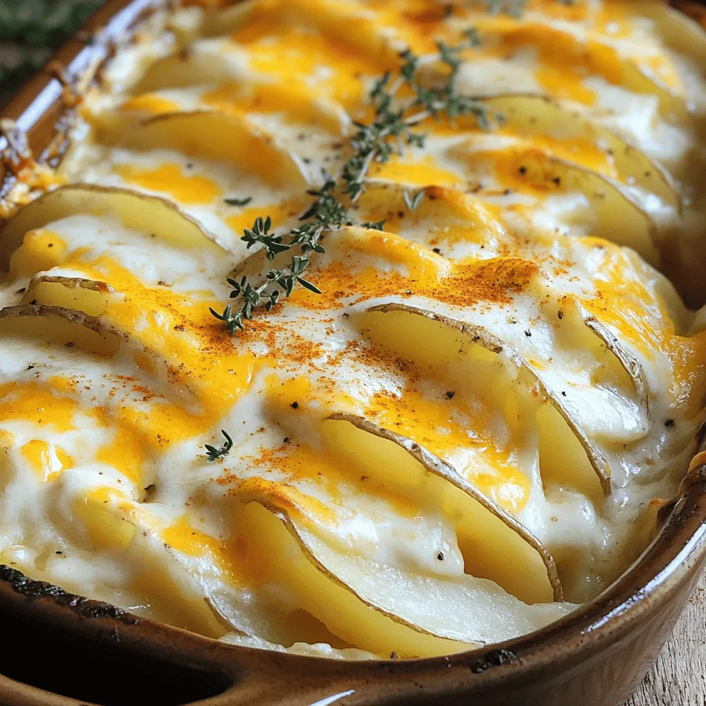- 4 large russet potatoes, thinly sliced - 2 cups sharp cheddar cheese, grated - 1 cup mozzarella cheese, grated - 1 medium onion, finely chopped - 3 cloves garlic, minced - 2 cups heavy cream - 2 tablespoons unsalted butter - 1 teaspoon dried thyme - 1 teaspoon paprika - Salt and freshly ground black pepper to taste The beauty of cheesy scalloped potatoes lies in their simple and fresh ingredients. You will want russet potatoes for their starchiness, which helps them hold shape. The sharp cheddar and mozzarella create a creamy and flavorful cheese blend. Using heavy cream gives a rich texture, while onion and garlic add depth. Dried thyme and paprika give this dish a warm aroma. Feel free to adjust the salt and pepper to suit your taste. - 9x13 inch baking dish - Large skillet - Mixing bowl - Whisk Gather these tools before you start. A 9x13 inch baking dish is perfect for layering and baking. A large skillet lets you sauté onions and garlic easily. A mixing bowl helps combine your cream and spices, while a whisk ensures smoothness. For the full recipe, check out the details outlined above. Enjoy the cooking process! - Preheat the oven to 375°F (190°C). - Sauté onions and garlic until fragrant. Start by preheating your oven. This step is key for even cooking. Next, grab a large skillet. Melt the unsalted butter over medium heat. Add the finely chopped onion and sauté for about 5 minutes. You want the onion to turn soft and clear. Then, add the minced garlic. Cook for one more minute. The garlic should smell great, but do not let it brown. - Combine heavy cream with seasonings in a mixing bowl. - Whisk until smooth. In a big mixing bowl, combine heavy cream, dried thyme, paprika, salt, and freshly ground black pepper. Whisk everything together. You want it to be smooth. This cream mixture makes the potatoes rich and creamy. - First layer of potatoes and cheese. - Repeat layering process and bake covered. - Final baking stage and cooling time. Grease a 9x13 inch baking dish. Lay half of the sliced potatoes at the bottom. The slices should overlap a bit. Pour half of the cream mixture over the first layer. Then, sprinkle half of the cheddar and mozzarella cheese on top. Now, repeat the process. Lay the rest of the potato slices on top. Pour the second half of the cream mixture over these potatoes. Finally, add the rest of the cheese. Make sure the top is well covered. Cover the dish with aluminum foil. Place it in the preheated oven. Bake for 45 minutes. This time helps the potatoes cook well. After 45 minutes, take off the foil. Bake it uncovered for another 20-25 minutes. The potatoes should be tender now. Check with a fork. The cheese on top should be bubbly and golden brown. Let the dish cool for about 10 minutes. This time helps the flavors blend well. Enjoy your creamy, cheesy scalloped potatoes! For full details, check the Full Recipe. To make your dish shine, slice the potatoes evenly. I recommend about 1/8 inch thick. This helps them cook at the same rate. When you layer the potatoes, start with a little cream at the bottom. It helps the flavors soak in. Choosing the right cheese is key for great flavor. I love sharp cheddar for its bold taste. Mixing it with mozzarella gives a nice melt. Mozzarella adds creaminess, making every bite heavenly. Try different cheese blends for unique flavors. You can make this dish gluten-free by using cornstarch instead of flour. For a vegan option, swap out the cream for coconut milk. Use plant-based cheese that melts well. These changes keep the dish tasty for everyone. {{image_4}} You can boost the flavor of cheesy scalloped potatoes in fun ways. Adding cooked bacon or ham gives a nice, savory bite. Just chop them up and mix them in with the cheese. You can also explore herb variations. Try rosemary or parsley for a fresh taste. These herbs add a lovely aroma and depth to the dish. You can make cheesy scalloped potatoes in a slow cooker for a hands-off approach. Just layer the ingredients in the slow cooker and let it do its thing. This method takes about 4 to 6 hours on low heat. If you prefer speed, try the Instant Pot. Layer the potatoes, cheese, and cream, then pressure cook for about 30 minutes. Both methods yield creamy and delicious results. Incorporate seasonal vegetables to make your dish unique. Spinach or zucchini works well in the spring and summer. Just slice them thin and layer them with the potatoes. For fall, think about adding squash. Butternut or acorn squash adds sweetness and a nice texture. These variations keep the recipe fresh and exciting all year round. Check out the Full Recipe for detailed steps! To store leftovers, let your Cheesy Scalloped Potatoes cool down first. Place them in an airtight container in the fridge. They stay fresh for up to four days. If you want to freeze them, you can do that too! Cut the dish into portions and wrap each piece tightly in plastic wrap. Then, place the wrapped portions in a freezer-safe bag. This way, they can last for about three months. To reheat, the oven is best. Preheat it to 350°F (175°C). Place the potatoes in a baking dish and cover them with foil. Heat them for about 20-25 minutes. This keeps the cheese melty and the potatoes creamy. If you use a microwave, place a portion on a plate. Heat it in short bursts, around one minute at a time, stirring in between. This helps keep the texture nice and smooth. Enjoy your leftovers just like the first time! You can prepare Cheesy Scalloped Potatoes ahead of time. Start by slicing your potatoes and mixing the cream. Layer the potatoes and cheese as usual. Cover the dish tightly with foil and refrigerate. You can do this up to one day before baking. When you are ready to bake, let the dish sit at room temperature for 30 minutes. Then, bake as directed. This helps the potatoes cook evenly. Yes, you can use many types of cheese. For a sharper taste, try using gouda or gruyère. If you want a milder flavor, go for Monterey Jack. Mixing cheeses can give great results. Just remember that the texture and melting quality will vary. Some cheeses melt better than others. Always choose cheese that you enjoy to make the dish truly yours. Cheesy Scalloped Potatoes last about three to five days in the fridge. Be sure to store them in an airtight container. This keeps the flavors fresh and tasty. If you want to keep them longer, consider freezing. They can last up to three months in the freezer. Just be sure to thaw them in the fridge before reheating for the best texture. In this blog post, we covered the ingredients, steps, and tips for making Cheesy Scalloped Potatoes. We explored ingredient selection, layering techniques, and cooking methods. Remember that you can customize this dish to fit your taste with various cheeses or seasonal veggies. Whether you make it gluten-free or vegan, the dish can adapt to many diets. Enjoy the creamy goodness and flexibility of this classic recipe for your next meal. Happy cooking!