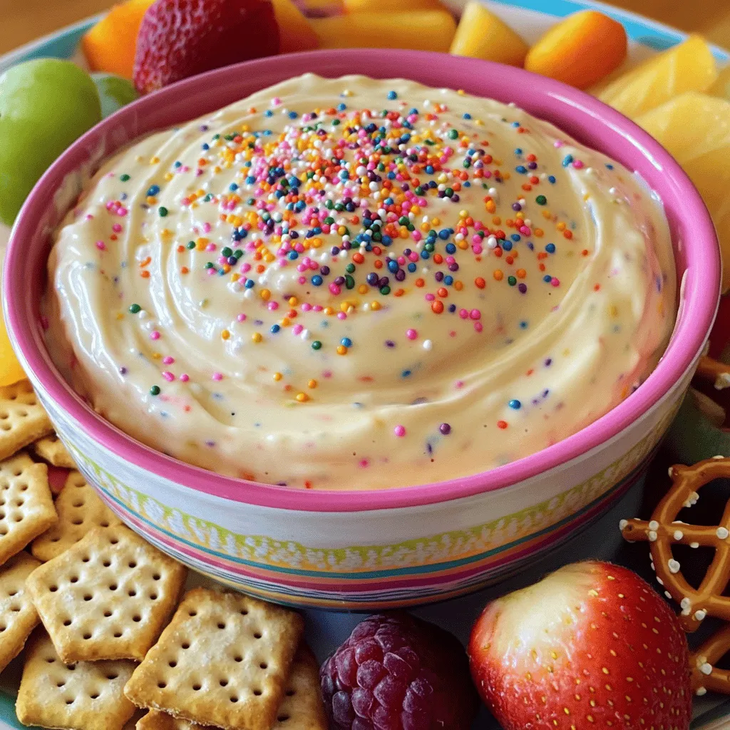 To make Funfetti Cake Batter Dip, gather these key items: - 1 cup all-purpose flour, heat-treated for safety - 1 cup powdered sugar - 1/2 cup unsalted butter, softened to room temperature - 1/4 cup granulated sugar - 1 teaspoon vanilla extract - 1/4 cup milk (adjust for your preferred consistency) - 1/2 cup colorful rainbow sprinkles - 1/4 teaspoon salt These ingredients create a sweet and creamy base. The heat-treated flour ensures safety while keeping the dip rich and tasty. You can make this dip even more fun with optional add-ins. Consider adding: - Mini chocolate chips for a chocolatey twist - Chopped nuts for crunch - Different types of sprinkles for variety - A dash of almond extract for depth These add-ins can change the flavor and texture, making the dip your own. To get the best taste and texture from your dip, follow these tips: - Always use softened butter for easy mixing. - Adjust the milk to get your dip just right. Too thick? Add more milk. Too thin? Use less. - Use fresh sprinkles to keep the colors bright and fun. These tips help ensure your Funfetti dip is a hit at any gathering. For the complete recipe, check the Full Recipe section. To start, gather all your ingredients. This will make the process smooth. You need: - 1 cup all-purpose flour, heat-treated for safety - 1 cup powdered sugar - 1/2 cup unsalted butter, softened to room temperature - 1/4 cup granulated sugar - 1 teaspoon vanilla extract - 1/4 cup milk (adjust based on your preferred consistency) - 1/2 cup colorful rainbow sprinkles - 1/4 teaspoon salt Now, place the softened butter, powdered sugar, and granulated sugar into a medium bowl. Mix them together until they look fluffy. This takes about 2-3 minutes at medium speed with an electric mixer. Next, add the heat-treated flour and salt. Mix until it becomes a thick, smooth mixture. Pour in the vanilla extract and slowly add milk. Stir well. You can change the amount of milk based on how thick you want the dip. Keep mixing until it is creamy and smooth. Now, gently fold in the rainbow sprinkles. This step is fun! Make sure the sprinkles are spread out well. They add color and joy to your dip. Transfer your funfetti dip into a nice serving bowl. Use a spatula to smooth the top. This makes it look pretty. For the best taste, chill the dip for at least 30 minutes. This helps the flavors mix better. When ready to serve, add some fun dippers! You can use crispy graham crackers, crunchy pretzels, or fresh fruit. For a final touch, sprinkle some extra rainbow sprinkles on top. This dip is perfect for parties or just a fun snack at home. Enjoy! You can make this funfetti dip your own! Add chocolate chips for a sweet twist. You could mix in crushed cookies for extra crunch. Want a fruity flavor? Try adding diced strawberries or raspberries. For a richer taste, use cream cheese instead of butter. Just remember to balance the sweetness if you do! Choosing the right dippers can make your dip shine. I love using crispy graham crackers; they add a nice crunch. Pretzels give a salty kick that pairs well with the sweet dip. Fresh fruit, like apple slices or strawberries, adds a refreshing touch. You can even use mini waffles for a fun twist! Avoid using raw flour; always heat-treat it for safety. It’s important to fold in the sprinkles gently, or they may break. Don’t skip the chilling time; it helps the flavors blend. If your dip is too thick, add a splash of milk to loosen it up. Lastly, taste before serving; you might want more sprinkles or sugar! {{image_4}} You can change the flavor of Funfetti Cake Batter Dip easily. Swap vanilla extract for almond extract for a nutty twist. Add cocoa powder to make a chocolate version. You can also mix in a bit of orange or lemon zest for a refreshing citrus note. Each flavor adds a unique taste and keeps things fun! If you want a lighter dip, try Greek yogurt instead of butter. It gives creaminess while cutting fat. You can also use coconut sugar in place of granulated sugar for a less sweet option. Additionally, you can add some finely chopped nuts for a crunchy texture and more nutrition. Make your dip fit the seasons! For spring, add pastel sprinkles and mini chocolate eggs for an Easter vibe. In autumn, mix in pumpkin spice for a cozy flavor. During winter, use red and green sprinkles for a festive look. These twists make your dip perfect for any holiday or gathering. For more details on how to make this tasty treat, check the Full Recipe. To keep your Funfetti Cake Batter Dip fresh, place it in an airtight container. This will help prevent it from drying out. Store it in the fridge for up to three days. If you want to enjoy it later, make sure to use a clean spoon each time. This avoids adding any bacteria that could spoil it. You can freeze Funfetti Cake Batter Dip if you want to save it for later. Use a freezer-safe container or bag. Make sure to remove as much air as possible. Freeze it for up to two months. When you are ready to eat, let it thaw in the fridge overnight. Stir it well before serving. This dip stays fresh in the fridge for three days. After that, the quality may drop. Always check for any off odors or changes in texture before eating. If you see any signs of spoilage, it’s best to toss it out. When in doubt, throw it out! Enjoy your Funfetti Cake Batter Dip safely. For the full recipe, check out the main article. Yes, you can make this dip ahead of time. I often prepare it a day before a party. Just store it in an airtight container in the fridge. Chilling it for a few hours helps the flavors blend well. When you're ready to serve, give it a quick stir. If you find it too sweet, there are easy fixes. You can cut back on powdered sugar. Start with 3/4 cup instead of 1 cup. Another option is to add a pinch of salt. This can help balance the sweetness. Heat-treated flour is important for safety. If you can't find it, you can make your own. Spread regular flour on a baking sheet and heat it at 350°F for about 5 minutes. Let it cool before using. This makes it safe to eat raw. Absolutely! You can use any sprinkles you like. Rainbow sprinkles are fun, but themed sprinkles work well too. Think of seasonal colors or even chocolate sprinkles for a different look. You can serve this dip with many fun dippers. Here are some ideas: - Graham crackers - Pretzels - Fresh fruit like apple slices or strawberries - Vanilla wafers These add nice texture and flavor. The dip lasts up to 5 days in the fridge. Just keep it in an airtight container. If you notice any change in smell or texture, it’s best to toss it out. Freezing is not recommended for this dip. The texture changes after thawing. It’s best enjoyed fresh or chilled. If you have leftovers, store them in the fridge instead. Leftovers can be a tasty treat for later. Try spreading it on toast or using it as a topping for pancakes. You can also mix it into yogurt for a sweet twist. This article covered the key ingredients and steps to make Funfetti Cake Batter Dip. I shared tips for mixing, serving, and customizing your dip. I also discussed different flavor ideas and storage methods. Keep these tips in mind to create a tasty treat that everyone will love. Remember, small changes can lead to big flavor. Enjoy making this fun dessert for your next gathering or snack!