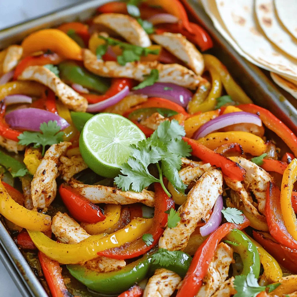 For tasty sheet pan fajitas, gather these key items: - 1 lb boneless, skinless chicken breasts, thinly sliced into strips - 1 red bell pepper, sliced into strips - 1 yellow bell pepper, sliced into strips - 1 green bell pepper, sliced into strips - 1 red onion, sliced into thin wedges - 3 tablespoons olive oil - 2 tablespoons fajita seasoning (can use store-bought or homemade) - Salt and pepper to taste - Juice of 1 lime - Fresh cilantro, chopped, for garnish - Tortillas, for serving The right seasoning brings flavor to your fajitas. I recommend using fajita seasoning. It blends well with chicken and veggies. You can buy it or make your own with these spices: - Chili powder - Cumin - Garlic powder - Onion powder - Paprika - Oregano Mix these spices to your taste for a personal touch. Toppings add fun and flavor to your meal. I suggest these options: - Sour cream - Guacamole - Shredded cheese - Salsa These toppings let everyone customize their fajitas for a tasty experience. Enjoy the Full Recipe to create your own delicious feast! First, gather your ingredients. This includes chicken, bell peppers, red onion, olive oil, and seasoning. The prep is easy and quick. Start by preheating your oven to 425°F (220°C). While it heats, grease a large sheet pan with cooking spray or a bit of olive oil. This prevents sticking. In a large bowl, mix your sliced chicken and veggies. Pour the olive oil over them, then add fajita seasoning, salt, and pepper. Toss everything well to coat. Spread the chicken and veggies evenly on the prepared sheet pan. Make sure that no pieces overlap. This helps them cook evenly. Place the pan in the hot oven. Bake for 20-25 minutes. Check that the chicken is fully cooked and the veggies are tender. When done, take the pan out and squeeze fresh lime juice over everything. This adds a nice zing. Finally, sprinkle chopped cilantro on top. Serve the fajitas hot with warm tortillas. You can set out toppings like sour cream, guacamole, shredded cheese, and salsa. Guests can customize their wraps as they like. This makes every bite special. For the full recipe, you can refer to the earlier section. Enjoy your colorful and tasty meal! To make the best sheet pan fajitas, start with fresh veggies. I love using colorful bell peppers and onions. Cut them into strips for even cooking. Thinly slice the chicken so it cooks quickly and stays juicy. Use a large sheet pan. This helps the chicken and veggies brown nicely. Don't crowd the pan; this keeps everything crispy. Bake until the chicken is cooked through. It should be 165°F inside. You can easily change the flavors. Swap chicken for shrimp or beef if you like. Try different spices too. Smoked paprika or chipotle powder adds a nice kick. If you want a vegetarian option, use black beans or tofu. For extra crunch, add corn or zucchini. Feel free to adjust the lime juice to your taste. You can also mix in your favorite herbs for a twist. Serve your fajitas hot right from the oven. Warm the tortillas so they are soft and pliable. Set up a toppings bar with sour cream, guacamole, and salsa. Fresh cilantro gives a nice touch. You can also add cheese or jalapeños for heat. Don’t forget to check out the Full Recipe for more ideas and tips! {{image_4}} You can make fajitas without meat. Just swap in your favorite veggies. Use mushrooms, zucchini, or eggplant instead. These veggies roast well and add great taste. You can also add black beans for protein. They give a nice texture and flavor. Just follow the same steps in the [Full Recipe], and you will have a delicious vegetarian meal. If you prefer beef, use flank steak or sirloin. Cut the meat into thin strips. Season it with fajita spices just like chicken. For seafood lovers, shrimp is a great choice too. Cook shrimp for about 10 minutes in the oven. Both beef and shrimp add a rich flavor. Use these proteins in place of chicken in the [Full Recipe]. Fajitas can easily be gluten-free. Just check your tortillas. Many brands offer gluten-free options. Also, ensure your seasoning is gluten-free. Some store-bought mixes may contain gluten. Making your own seasoning is a great option. This way, you control every ingredient. Adjust your meal to fit any dietary needs with these simple swaps. After enjoying your sheet pan fajitas, let them cool down. Use a clean container with a lid. Place the fajitas in the container and seal it tightly. Store them in the fridge. They stay fresh for about three to four days. Make sure to keep any toppings separate to keep them fresh longer. When you're ready to eat your leftovers, you can reheat them easily. Preheat your oven to 350°F (175°C). Spread the fajitas on a baking sheet. Heat them for about 10-15 minutes, or until warm. You can also use a microwave. Place the fajitas in a microwave-safe dish, cover it with a lid, and heat for 1-2 minutes. Stir halfway for even heating. If you want to save some fajitas for later, freezing works well. Pack the cooled fajitas in a freezer-safe container or bag. Remove as much air as possible to prevent freezer burn. Label the container with the date. You can freeze them for up to three months. When you're ready to eat, thaw them in the fridge overnight. Reheat using the instructions above for a quick meal. For a full recipe, check out the details in the main article! Yes, you can use frozen chicken for this recipe. Just make sure to thaw it first. It’s best to plan ahead. Thaw it overnight in the fridge for best results. If you use frozen chicken, you may need to cook it a little longer. Always check that the chicken is fully cooked. It should reach an internal temperature of 165°F (74°C). The best protein for fajitas is chicken, beef, or shrimp. Chicken is popular because it's tender and absorbs flavor well. Beef offers a rich taste, especially flank steak or skirt steak. Shrimp cooks quickly and adds a nice twist. You can also try tofu for a vegetarian option. Each protein brings its unique flavor to the dish. To make homemade fajita seasoning, combine a few simple spices. Here’s a quick mix: - 1 tablespoon chili powder - 1 teaspoon cumin - 1 teaspoon paprika - 1 teaspoon garlic powder - 1 teaspoon onion powder - 1/2 teaspoon salt - 1/2 teaspoon black pepper Mix these spices in a bowl. Adjust the amounts to fit your taste. This seasoning works great for fajitas and adds a lot of flavor. You can store any extra in an airtight container. For the full recipe, check out the Sheet Pan Fajitas Fiesta. In this article, we covered the key ingredients for fajitas, including options for seasoning and toppings. I shared step-by-step instructions for preparation and cooking. You learned tips for customizing your fajitas and the best practices for perfect results. We explored variations, like vegetarian and gluten-free options. Lastly, I provided guidance for storing leftovers and reheating them. Fajitas are fun and easy to make. You can enjoy a tasty meal your way. Now, it’s your turn to try these ideas!