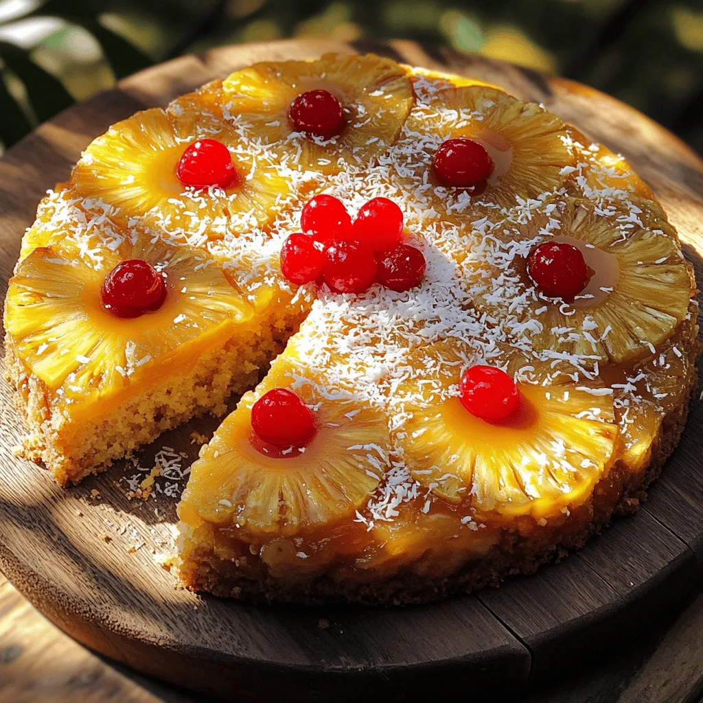 To make a delightful Pineapple Upside Down Cake, gather these simple ingredients. Each one plays a key role in giving the cake its rich flavor and texture. - 1 cup all-purpose flour - 1 teaspoon baking powder - 1/2 teaspoon baking soda - 1/4 teaspoon salt - 1/2 cup unsalted butter, softened to room temperature - 1 cup brown sugar, packed firmly - 2 large eggs at room temperature - 1 teaspoon vanilla extract - 1/2 cup milk (whole or 2% preferred) - 1 can (20 oz) sliced pineapple, well-drained (reserve the juice for later) - Maraschino cherries for garnish - 1/4 cup shredded coconut (optional, for an added crunch) These ingredients blend together to create a cake that is both moist and bursting with flavor. The brown sugar caramelizes, giving the top a beautiful golden look. The pineapple adds sweetness and a touch of tartness. You can find the full recipe in the earlier sections. 1. Preheat your oven to 350°F (175°C). This step is key for great baking. 2. Prepare a 9-inch round cake pan by greasing it with butter. Lightly dust it with flour or use non-stick spray. This helps the cake come out easily. 3. In a medium bowl, mix 1 cup of all-purpose flour, 1 teaspoon of baking powder, 1/2 teaspoon of baking soda, and 1/4 teaspoon of salt. Whisk until blended. Set this dry mix aside. 4. In a large bowl, cream together 1/2 cup of softened unsalted butter and 1 cup of packed brown sugar. Use an electric mixer on medium speed for 2-3 minutes. The mix should be light and fluffy. 5. Add 2 large eggs one at a time. Mix well after each addition. Then add 1 teaspoon of vanilla extract and blend until smooth. 6. Gradually add the dry flour mix to the butter mix. Alternate with 1/2 cup of milk. Start and end with the flour. Stir gently until just combined. Avoid overmixing to keep the cake light. 1. Pour a small amount of the reserved pineapple juice into the bottom of the cake pan. Just enough to coat the bottom lightly. 2. Arrange the drained pineapple slices in an even layer at the bottom of the pan. Place a maraschino cherry in the center of each slice. If you like, sprinkle shredded coconut over the top. 3. Carefully pour the prepared cake batter over the pineapple and cherries. Use a spatula to spread it evenly. 4. Bake in the preheated oven for 35-40 minutes. The cake is done when a toothpick inserted in the center comes out clean. 5. Once baked, let the cake cool in the pan for about 10 minutes. Then, invert the cake onto a serving plate. The pineapple should be on top. Tap the bottom gently if needed to release it. 6. Allow the cake to cool slightly before serving. Enjoy this delightful treat while warm! For the full recipe, check out the Tropical Pineapple Upside Down Delight . To make your cake great, avoid overmixing the batter. Mix just until the ingredients blend. If you mix too much, the cake can become tough. Always check doneness with a toothpick. Insert it into the center of the cake. If it comes out clean, your cake is done. If it has batter on it, bake a few more minutes. When inverting the cake, let it cool for about 10 minutes. This step helps it release from the pan. Tap gently on the bottom to help it come out. Place a serving plate on top of the pan. Flip it over quickly. The pineapple should be on top. For a lovely touch, garnish with whipped cream or ice cream. A dollop of cream adds a rich flavor. A scoop of ice cream makes it fun and cool. Add fresh mint for a pop of color. Just a few leaves make the dish look bright. It also adds a fresh taste. When serving for special occasions, slice the cake neatly. Serve on pretty plates for a nice look. You can even sprinkle some shredded coconut on top for extra flair. {{image_4}} You can make this cake even more fun with different flavors. Here are some ideas: - Tropical twists with different fruits: Try using mango, peaches, or even berries. Each fruit adds a unique taste and twist. - Coconut-infused batter or toppings: Mix shredded coconut into the batter. You can also sprinkle it on top before baking for a crunchy finish. - Using flavored extracts for extra zest: Add almond or coconut extract to the batter. This small change adds a big flavor boost. You can easily adapt this cake for different diets. Here are some options: - Gluten-free substitutions: Use a gluten-free flour blend instead of all-purpose flour. This keeps the cake soft and tasty. - Dairy-free options for the recipe: Swap regular milk for almond or oat milk. Use coconut oil instead of butter for a rich flavor. - Adjusting for low sugar or healthier versions: Try using a natural sweetener like honey or maple syrup. You can also reduce the sugar by a third without losing taste. For the full recipe, check out the Tropical Pineapple Upside Down Delight! To keep your leftover pineapple upside down cake fresh, store it in an airtight container. This will help prevent it from drying out. 1. Wrap the Cake: If you don’t have a container, wrap the cake tightly in plastic wrap. This keeps it moist and flavorful. 2. Refrigerate: Place the wrapped cake in the fridge if you plan to eat it within a few days. It should stay good for about 3 to 5 days. 3. Freezing Options: For longer storage, you can freeze the cake. Slice it into pieces for easy serving later. Wrap each slice in plastic wrap and then place the slices in a freezer bag. This way, you can grab a piece whenever you want! When you're ready to enjoy your cake again, reheating it is simple. This will help keep it soft and tasty. - Microwave Method: Place a slice on a microwave-safe plate. Heat it for about 10-15 seconds. Check to see if it’s warm enough. If not, heat in 5-second intervals. - Oven Method: For a more even heat, preheat your oven to 350°F (175°C). Wrap the cake in foil and heat for about 10-15 minutes. This helps maintain its moisture and flavor. Enjoy your delicious cake warm, and it will taste as good as fresh! How do I prevent my cake from sticking to the pan? To stop the cake from sticking, grease the pan well. Use butter or non-stick spray. Lightly dust the pan with flour after greasing. This makes it easier to remove the cake later. Can I use fresh pineapple instead of canned? Yes, you can use fresh pineapple! Just slice it into rings and make sure to drain any juice. Fresh pineapple gives a brighter taste and a nice texture. What can I serve with Pineapple Upside Down Cake? You can serve this cake with a scoop of vanilla ice cream. Whipped cream also works well. Fresh fruit or a sprig of mint adds color and flavor too. Troubleshooting when the cake sinks in the middle If your cake sinks, it might be due to overmixing the batter. Always mix until just combined. Too much air in the batter can cause it to deflate. What to do if the cake is too dry If the cake turns out dry, it may have baked too long. Next time, check for doneness a few minutes early. You can also add a little extra milk to the batter for moisture. Adjustments for high-altitude baking At high altitudes, you may need to reduce the sugar and increase the liquid. Lower the baking powder a bit too. This helps the cake rise without sinking. For a complete guide, check the Full Recipe! This blog post covered how to make a delicious Pineapple Upside Down Cake. We explored the key ingredients like flour, butter, and canned pineapple. I shared easy steps to prepare and bake the cake. You learned helpful tips to avoid common mistakes and ways to make it look tasty. We also discussed fun variations and proper storage techniques. Remember, each step matters for a perfect cake. Enjoy baking this delightful treat and share it with family and friends!