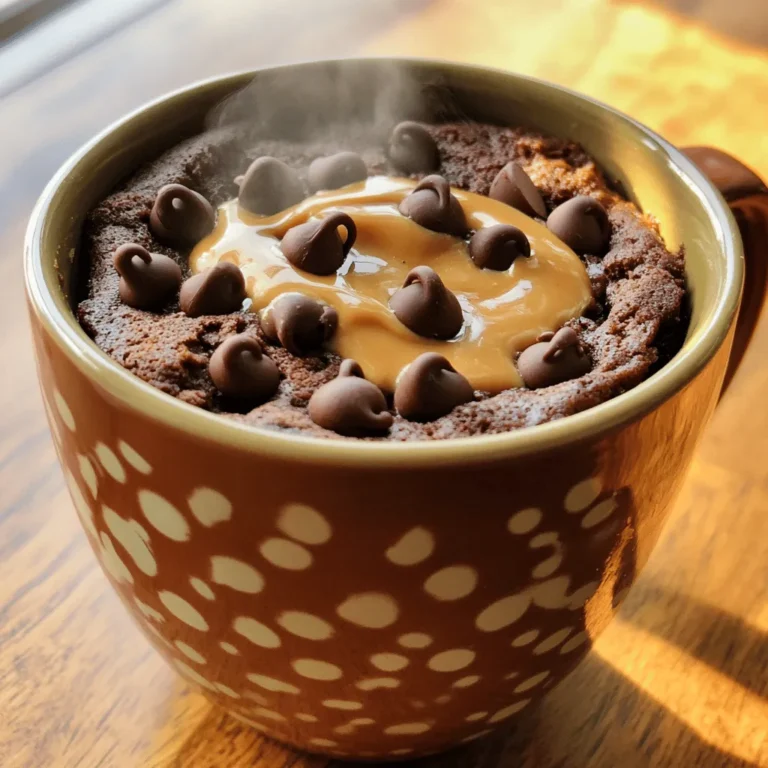 To make a Chocolate Peanut Butter Mug Cake, you need just a few simple ingredients. Here’s what you will need: - 4 tablespoons all-purpose flour - 4 tablespoons granulated sugar - 2 tablespoons unsweetened cocoa powder - 1/8 teaspoon baking powder - 1/8 teaspoon salt - 3 tablespoons milk (any kind) - 2 tablespoons peanut butter (choose creamy or crunchy based on preference) - 2 tablespoons vegetable oil - 1/4 teaspoon pure vanilla extract - Optional: Chocolate chips or chopped nuts for extra toppings These ingredients come together to create a rich, warm treat. Each element plays a role. The flour gives structure, while cocoa adds that deep chocolate flavor. Sugar sweetens the mix, and peanut butter brings creaminess. It’s a perfect balance for a quick dessert. If you want to elevate your mug cake, you can add toppings like chocolate chips or nuts. They add texture and flavor. For the full recipe, check out the details above. Enjoy crafting this delightful treat! Start by gathering your ingredients. In a microwave-safe mug, you will mix key dry ingredients. Combine: - 4 tablespoons all-purpose flour - 4 tablespoons granulated sugar - 2 tablespoons unsweetened cocoa powder - 1/8 teaspoon baking powder - 1/8 teaspoon salt Use a fork or small whisk to mix these dry ingredients thoroughly. Make sure no clumps remain. This step helps your mug cake rise and taste great. Next, pour in the wet ingredients directly into the mug with your dry mixture. Add: - 3 tablespoons milk (any kind) - 2 tablespoons peanut butter (creamy or crunchy) - 2 tablespoons vegetable oil - 1/4 teaspoon pure vanilla extract Using a spoon, stir the mixture together. Mix until you achieve a smooth and cohesive batter. Scrape down the sides of the mug to ensure everything is well mixed. If you want extra flavor, fold in a tablespoon of chocolate chips or chopped nuts at this stage. Now it’s time to cook your mug cake. Place the mug in the microwave. Cook on high for about 1 minute and 30 seconds. Microwaves can vary, so watch your cake closely. You may need to adjust the cooking time slightly. The cake should expand and look set on top when it is ready. Once cooked, carefully use oven mitts to remove the mug from the microwave. It will be very hot! Allow the mug cake to cool for about a minute to avoid burns. For an indulgent touch, sprinkle more chocolate chips on top. Dive in with a spoon and enjoy every bite straight from the mug! For more detailed steps, check the Full Recipe. Cooking times can change based on your microwave wattage. Most microwaves cook between 600 to 1200 watts. If your microwave is lower, you may need to add 15 to 30 seconds to the cooking time. Always check for doneness by looking for a set top. The cake should rise and not look wet. If it looks too wet, cook for a few more seconds. You can tweak the ingredients for a better texture. If you want it fluffier, add a bit more baking powder. For a denser cake, use less flour or more peanut butter. To make it more chocolatey, add extra cocoa powder or chocolate chips. For a stronger peanut taste, add more peanut butter. Just remember to keep balance in mind! Serving your mug cake in the mug adds charm and ease. For a fun twist, top with whipped cream or a scoop of ice cream. This adds a nice contrast to the warm cake. You can also sprinkle extra chocolate chips or crushed nuts on top. This extra touch makes it look fancy and yummy. Enjoy your masterpiece right from the mug for a cozy treat! For the full recipe, check out the detailed instructions above. {{image_4}} You can easily change the flavor of your mug cake. Try using different nut butters, like almond or cashew. Each nut butter gives a unique taste. You can also swap out cocoa powder for other flavors. Try using vanilla for a sweet twist. Matcha adds a fun green color and earthy flavor. If you need gluten-free options, use gluten-free flour instead of all-purpose flour. This keeps your mug cake tasty and safe for gluten-sensitive eaters. For vegan options, replace milk with almond or soy milk. Use a plant-based butter instead of regular peanut butter. This way, everyone can enjoy a delicious treat! Toppings can take your mug cake to the next level! Try adding a scoop of ice cream or whipped cream on top. You can also mix in fresh fruits like bananas or strawberries. Seasonal toppings can make it fun too! In fall, add pumpkin spice. During summer, try fresh berries for a burst of flavor. Mix and match your favorites for an exciting dessert every time! To keep any uneaten mug cake fresh, let it cool first. Cover the mug with plastic wrap or place it in an airtight container. This helps keep moisture in. Store it in the fridge for up to two days. If you notice the cake drying out, a little milk can help revive it. When you're ready to enjoy your leftover mug cake, the microwave is your best friend. Place the mug in the microwave and heat it for 10 to 15 seconds. Check if it’s warm enough; if not, heat in small bursts. To restore the texture, add a splash of milk before reheating. This keeps the cake moist and fluffy. Yes, you can freeze mug cake! To do this, let the cake cool completely. Wrap it in plastic wrap or foil, then place it in a freezer bag. It will stay good for up to a month. To defrost, move the mug cake to the fridge overnight. When ready to eat, reheat it in the microwave as mentioned earlier. Enjoy your Chocolate Peanut Butter Mug Cake anytime! For the full recipe, check out the earlier sections. A mug cake usually takes about 1 minute and 30 seconds to cook in the microwave. However, cooking times can vary based on microwave wattage. Here’s a quick guide: - 700 watts: Cook for 1 minute and 45 seconds. - 800 watts: Cook for 1 minute and 30 seconds. - 1000 watts: Cook for 1 minute and 15 seconds. Always keep an eye on your cake as it cooks. If it seems too wet, you can add a few more seconds. Yes, you can make multiple mug cakes at once! This is a great way to share this treat with friends or family. Here are some tips: - Use different mugs for each cake. This keeps them from mixing. - Cook each mug cake separately. Microwaves usually cook better this way. - If you have a powerful microwave, you can try two at a time, but check them often. If you have allergies or just want a change, there are great substitutes for peanut butter: - Almond butter: A tasty alternative with a similar texture. - Sunflower seed butter: A nut-free option that works well. - Soy nut butter: Another nut-free choice with a rich flavor. These substitutes can change the taste but still give you a yummy mug cake. You can use the Full Recipe with these alternatives for a new twist! This blog post covered everything you need to make a delicious mug cake. We started with a simple list of ingredients and then walked through easy steps for mixing and cooking. I shared tips for cooking times and variations to suit your taste. Finally, we discussed storage and reheating. In the end, mug cakes offer quick and tasty joy. Experiment with flavors and toppings to make it uniquely yours. Enjoy your cake!