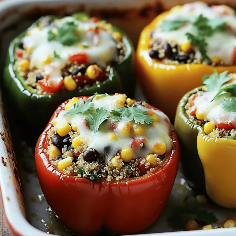 - 4 large bell peppers (red, yellow, green, or orange) - 1 cup quinoa, rinsed under cold water - 2 cups vegetable broth or water - 1 can (15 oz) black beans, drained and rinsed - 1 cup corn kernels (fresh, frozen, or canned) - 1 cup diced tomatoes (fresh or canned) - 1 teaspoon ground cumin - 1 teaspoon smoked paprika - 1 teaspoon garlic powder - Salt and freshly ground black pepper to taste - 1 cup shredded cheese (cheddar or mozzarella) - Fresh herbs (cilantro or parsley, chopped) When I make stuffed bell peppers, I use fresh and colorful bell peppers for great flavor. You can pick your favorite colors. I love how they look and taste. Quinoa is my go-to grain here. It’s light, fluffy, and full of protein. Black beans add texture and fiber. They also make the dish hearty. Corn gives a sweet crunch, while diced tomatoes add juiciness. For spices, I choose cumin and smoked paprika. They bring warmth and depth to the filling. Garlic powder adds a nice kick. Don't forget to adjust salt and pepper to your taste. For a tasty finish, I sprinkle shredded cheese on top. It melts beautifully and adds a creamy texture. Fresh herbs like cilantro or parsley brighten the dish. They add a pop of color and a fresh taste. This mix of ingredients makes stuffed bell peppers a great meal prep choice. You can pack them with flavors that everyone loves. Check out the Full Recipe for all the steps! To start, rinse your quinoa under cold water. This step helps remove any bitter taste. Next, combine the rinsed quinoa with two cups of vegetable broth in a medium saucepan. Bring it to a boil over medium-high heat. Once it boils, reduce the heat to low and cover the pot. Let it simmer for about 15 minutes. The quinoa will be fluffy and the liquid will be gone when done. Now, let’s get the bell peppers ready. Cut the tops off each pepper and remove the seeds and membranes. This ensures they are clean and ready for stuffing. Place the hollowed peppers upright in a baking dish. Make sure they stand stable. You want them to hold all that good filling! In a large bowl, mix the cooked quinoa, black beans, corn, diced tomatoes, and spices. Use your spoon to stir until everything is combined well. This is where the flavors really come together! Next, take a pepper and start filling it with the mixture. Press down gently to pack it in well. A full pepper means more taste in every bite! Cover your baking dish tightly with foil. This keeps the steam in and helps the peppers cook evenly. Bake in your preheated oven for 25 minutes. After that, carefully remove the foil. Bake for an extra 10 to 15 minutes until the peppers are tender and the cheese is melted and bubbly. The cheese should have a nice golden brown color on top. Once done, let the dish cool for a few minutes before serving. This helps the filling settle. Enjoy your tasty stuffed bell peppers! Check [Full Recipe] for more details. When picking bell peppers, look for vibrant colors. Red, yellow, green, or orange all offer unique flavors. Choose peppers that feel firm and heavy for their size. A shiny skin means they are fresh. Avoid peppers with soft spots or wrinkles. These signs indicate they may be going bad. Store your bell peppers in the fridge. Keep them in a crisper drawer to help them last longer. They can stay fresh for about a week. If you cut them, wrap the pieces in plastic. Use them within a few days for the best taste. The size of your peppers matters. Large peppers need more time to cook than smaller ones. A good rule is to bake large peppers for about 35 to 40 minutes. Check for tenderness by poking with a fork. They should be soft but not falling apart. To ensure even cooking, place your peppers upright. If they wobble, trim the bottom slightly. This helps them stay stable while baking. Covering the dish with foil keeps moisture in, which helps cook the peppers evenly. Spices can make a big difference in your stuffed peppers. Try adding chili powder for heat or oregano for a fresh taste. You can even mix in fresh herbs like basil or thyme. These will brighten the flavor. Think about adding extra ingredients to your filling. Chopped onions or garlic can enhance the taste. If you want extra protein, mix in cooked ground meat or tofu. You can get creative with what you have on hand. Enjoy the process of making it your own! For the complete cooking experience, check out the Full Recipe. {{image_4}} When you think about stuffed bell peppers, you can get creative. There are many tasty variations. You can make them vegetarian, meat-filled, or inspired by global flavors. For a veggie-packed meal, try different grains. Instead of quinoa, use rice or farro. Both add great texture. You can also add more veggies. Chopped spinach, zucchini, or mushrooms work well. Mix them into your filling for extra nutrients. If you want a heartier dish, use meat. Ground beef, turkey, or chicken are great choices. Cook the meat first until it's browned. Then, mix it in with your veggies and grains. You may need to add more spices to balance the flavors. This will give your stuffed peppers a robust taste. You can take your taste buds on a trip. For Mexican-style peppers, add black beans, corn, and taco seasoning. Top them with cheese and serve with salsa. For a Mediterranean twist, use feta cheese, olives, and herbs like oregano. These flavors will make your stuffed peppers stand out. Feel free to explore these variations as you make your stuffed bell peppers. Each one offers a new and exciting way to enjoy this dish. For the complete recipe, check out the Full Recipe link. Store your leftover stuffed bell peppers in an airtight container. Make sure they cool down first. This helps keep them fresh. In the fridge, they can last up to 3-4 days. Just check for signs of spoilage before eating. You can freeze both unbaked and baked stuffed peppers. For unbaked peppers, wrap them tightly in plastic wrap. Place them in a freezer bag to avoid freezer burn. They can last for up to 3 months. For baked peppers, let them cool completely before freezing. Store them in an airtight container or freezer bag. When you want to eat them, you can reheat baked peppers right from the freezer. Just place them in a preheated oven at 350°F (175°C) for about 30-40 minutes. If they are thawed, they will need only 15-20 minutes. Unbaked peppers can be cooked straight from frozen, but they may need a little extra time. For more details on how to make these delicious peppers, check out the Full Recipe. Stuffed bell peppers usually take about 35 to 40 minutes to cook. First, you cover them with foil and bake for 25 minutes. Then, remove the foil and bake for another 10 to 15 minutes. This method helps the peppers soften and the cheese to melt nicely. Yes, you can use other grains! Brown rice, farro, or couscous are great choices. Each grain will give a different taste and texture. Just remember to adjust cooking times based on the grain you choose. Stuffed bell peppers are a healthy meal option. They are packed with vitamins from the bell peppers. The quinoa and beans add fiber and protein. This dish is low in fat and full of nutrients, making it a balanced choice. Many sides pair well with stuffed bell peppers. You can serve a fresh salad for crunch. A side of avocado slices adds creaminess. Greek yogurt also complements the dish nicely. For the complete recipe, check out the Full Recipe for vibrant veggie-stuffed bell peppers. Stuffed bell peppers are easy to make and taste great. You learned about their main ingredients, like quinoa, beans, and spices. After preparing and stuffing the peppers, you can bake them to perfection. There are many ways to customize your peppers, too. You can add different meats or grains for flavor. Don’t forget about storing your leftovers properly for later meals. Enjoy creating your perfect stuffed peppers!