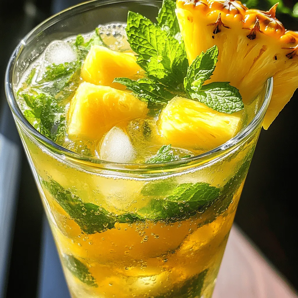 - 1 cup fresh pineapple chunks - 10 fresh mint leaves - Juice of 1 lime For this mocktail, fresh ingredients shine. The pineapple adds sweetness, while mint brings a cool touch. Lime juice brightens the drink, making it refreshing. - 2 tablespoons honey or agave syrup - Alternative sweeteners for dietary preferences You can use honey or agave syrup for sweetness. If you prefer low-calorie options, try stevia or monk fruit. Adjust the amount based on your taste. - 2 cups soda water or sparkling water - Ice cubes for chilling - Pineapple slices and mint sprigs for garnish Soda water or sparkling water adds fizz and lightness. Ice cubes keep your drink cool and refreshing. Garnishing with pineapple slices and mint sprigs makes it look inviting. For the full recipe, check out the Minted Pineapple Mojito Mocktail . To start, you will muddle the pineapple and mint. First, take 1 cup of fresh pineapple chunks and 10 fresh mint leaves. Place them in a mixing glass or cocktail shaker. Use a muddler or the back of a sturdy spoon to press down gently. This releases the sweet juice from the pineapple and the fragrant oils from the mint. Next, add 2 tablespoons of honey or agave syrup and the juice of 1 lime. Muddle these ingredients lightly to mix the flavors. This step creates a tasty base for your mocktail. Now, it's time to fill your glass with ice cubes. Pack the ice in well to keep your drink cold. After that, pour in 2 cups of soda water or sparkling water. Aim to fill the glass to your liking. Use a spoon or straw to stir gently. This helps combine all the flavors for a refreshing sip. Before serving, taste your mocktail. If it's not sweet enough for you, add a bit more honey or lime juice. This ensures it meets your personal taste. For a beautiful finish, garnish each glass with a slice of fresh pineapple and a sprig of mint. These not only look great but also add extra flavor. For the full recipe, check out the complete instructions laid out above. Enjoy making your Minted Pineapple Mojito Mocktail! To make your minted pineapple mojito mocktail even better, think about adding other fruits. Strawberries, mangoes, or even raspberries can boost flavor. You can also try adding basil or cilantro for a twist. If you find your drink too tart, adjust the sweetness. Add more honey or agave syrup until it suits your taste. Serving your mocktail in tall, clear glasses makes it visually pop. You can add a colorful straw for fun. Consider using decorative glassware, like mason jars or vintage cups, to impress your guests. Garnish with a fresh pineapple slice and a mint sprig for a vibrant touch. This makes your drink look as good as it tastes! If you’re hosting a party, you can easily scale this recipe. Just multiply the ingredients by the number of servings you need. Mix the base of pineapple, mint, honey, and lime juice in a large pitcher. Keep the soda water separate until serving to keep it fizzy. Store any pre-mixed ingredients in the fridge for up to 24 hours. Just remember to add ice and soda right before serving. Enjoy your gathering! {{image_4}} Want to make your minted pineapple mojito mocktail even more fun? You can add other tropical fruits! Try adding mango or coconut for a sweet twist. Both fruits blend well with pineapple. They add a unique flavor and a bright color to your drink. You can use fresh mango chunks or coconut milk for a creamy texture. This variation makes your mocktail feel like a vacation in a glass. Looking for a unique flavor? Consider adding herbs like basil or cilantro. These herbs bring a fresh taste that pairs nicely with mint. Simply muddle the herbs with the pineapple and mint at the start. Basil adds a sweet and spicy kick, while cilantro offers a bright and citrusy note. This infusion will surprise your taste buds and impress your guests. If you want a lighter drink, try a low-sugar version. You can use stevia or monk fruit as sweeteners instead of honey or agave syrup. These options keep the sweetness without the extra calories. You can also skip the sweetener entirely if you enjoy the natural taste of pineapple and lime. Adjust according to your taste, and feel good about your refreshing treat! For the full recipe, check out the Minted Pineapple Mojito Mocktail section above. To store leftover mocktail, pour it into a clean jar or container. Seal it tightly to keep it fresh. The mocktail tastes best when drunk within 24 hours. If you have extra pineapple or mint, store them in the fridge. Keep pineapple in an airtight container for up to three days. Mint leaves stay fresh in a damp paper towel inside a bag. You can prep ingredients ahead of time. Cut pineapple chunks and wash mint leaves. Place these in the fridge until you’re ready to mix. You can also mix the base—pineapple, mint, honey, and lime juice—earlier. Just hold off on adding soda water until you serve. This keeps the drink bubbly and fresh. Freezing is a great way to save pineapple for later. Cut fresh pineapple into chunks and freeze them in a single layer. Once frozen, move them to a bag. This way, you can use them later in your mocktail. You can also freeze infused water with mint or lime juice. Just pour the mixture into ice cube trays and freeze. These cubes add a fun twist to your drink! To make this refreshing drink, follow these simple steps: 1. In a mixing glass, add 1 cup of fresh pineapple chunks and 10 mint leaves. 2. Use a muddler or spoon to press the pineapple and mint gently. 3. Add 2 tablespoons of honey or agave syrup and the juice of 1 lime. 4. Muddle again to mix the flavors. 5. Fill a glass with ice cubes. 6. Pour in 2 cups of soda water or sparkling water and stir. 7. Taste your drink and adjust sweetness if needed. 8. Garnish with a slice of pineapple and a mint sprig before serving. This recipe from [Full Recipe] is quick and easy! You can use canned pineapple, but it has pros and cons. Pros: - Canned pineapple is convenient and saves prep time. - It often comes sweetened, which can add extra flavor. Cons: - Canned pineapple may lack the fresh taste and texture of real fruit. - It often contains added sugars or preservatives. For the best flavor, I recommend using fresh pineapple when possible. Garnishing your Minted Pineapple Mojito Mocktail adds fun and color. Here are my tips: - Use a slice of fresh pineapple on the rim for a tropical look. - Add a sprig of mint for a fresh aroma and vibrant green color. - Consider using a colorful straw to enhance the drink's appearance. These touches make your mocktail visually appealing and tasty! This post covered making a Minted Pineapple Mojito Mocktail. We used fresh pineapple, mint, and lime for a tasty base. Sweeteners like honey added flavor. I shared tips for enhancing taste and how to present the drink. You can also experiment with tropical fruits or herbs. Remember, you can store leftovers and prep in advance. Enjoy making this refreshing mocktail for yourself or at your next gathering!
