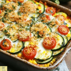 - Zucchini and Vegetables - 4 medium zucchinis, sliced into rounds - 1 cup cherry tomatoes, halved - 1 cup corn kernels (fresh or frozen, thawed if frozen) - 1 bell pepper (choose red or yellow), diced into small pieces - 1 medium onion, finely chopped - 2 cloves garlic, minced - Cheese Selections - 1 cup shredded mozzarella cheese - ½ cup grated Parmesan cheese - Breadcrumbs and Seasonings - 1 cup breadcrumbs (whole wheat preferred for added flavor) - 2 tablespoons olive oil - 1 teaspoon dried oregano - 1 teaspoon dried basil - Salt and pepper to taste In this recipe, fresh zucchini is the star. It brings a light flavor that pairs well with the other veggies. I love using cherry tomatoes for their sweetness. Corn adds a nice pop of texture, while bell pepper and onion bring a savory note. Garlic is a must for that aromatic touch. For cheese, mozzarella melts beautifully, while Parmesan gives a sharp contrast. The breadcrumbs create a nice crunchy topping. I choose whole wheat for a more robust flavor and added nutrition. With the right seasonings, this dish becomes even more flavorful. Each ingredient works together to make a simple yet delicious meal. You can find the Full Recipe in the main article. Enjoy cooking! Preheating the Oven First, set your oven to 375°F (190°C). This warms it up for baking. You want it hot to crisp the top. Sautéing the Aromatics Next, grab a large skillet and add olive oil over medium heat. Toss in the chopped onion and minced garlic. Sauté them for about 3-4 minutes. Wait until they smell nice and look clear. Cooking the Vegetables Now, add the sliced zucchini and diced bell pepper to the skillet. Stir them every now and then for 5-7 minutes. This helps them soften a bit. Once soft, mix in the halved cherry tomatoes and corn. Season with oregano, basil, salt, and pepper. Cook for another 2-3 minutes to combine the flavors. Mixing in the Cheese In a big mixing bowl, combine the cooked veggies with half of the mozzarella and Parmesan cheese. Mix well until everything is blended. Transferring to Casserole Dish Grease a 9x13 inch casserole dish with olive oil. Pour the veggie and cheese mix into the dish. Spread it out evenly for the best bake. Topping and Baking In a separate bowl, mix the breadcrumbs with the remaining mozzarella and Parmesan cheese. Sprinkle this topping over the casserole. Bake it in the oven for 25-30 minutes. You want the top golden brown and the cheese melted. After baking, let it cool for 5 minutes before serving. This helps it set nicely. For a great finish, serve it hot with fresh basil on top. You can find the Full Recipe for more details. Choosing Fresh Ingredients Fresh ingredients make a big difference. Look for firm zucchinis with shiny skin. Choose bright tomatoes and sweet bell peppers. Fresh herbs add great taste too. Always wash your veggies well before cooking. This helps remove dirt and pesticides. Adjusting Seasonings to Taste Start with the recipe, but feel free to adjust. Taste as you cook. If you like it spicy, add red pepper flakes. Prefer more flavor? Increase the herbs. Remember, seasonings can change the whole dish! Adding Spices or Herbs Consider adding fresh herbs like thyme or parsley. You can also try spices like cumin or paprika. These add warmth and depth to your casserole. Don't forget to balance flavors. A pinch of sugar can help cut acidity from the tomatoes. Incorporating Extra Vegetables Feel free to add other vegetables to your casserole. Spinach, mushrooms, or even broccoli work well. This not only boosts nutrition but also adds color. Mix and match what you have on hand. The more variety, the better the flavor! For a detailed guide, check out the Full Recipe. {{image_4}} You can make your Easy Zucchini Casserole even better by changing a few ingredients. - Substituting Different Cheeses: If you love cheese, try different types! Cheddar adds a sharp flavor. Feta cheese gives it a nice tang. Goat cheese can make it creamy and rich. Mix and match to find your favorite. - Using Other Vegetables: Zucchini is great, but other veggies work too. Try adding sliced mushrooms for an earthy taste. Spinach can add color and nutrition. You can even mix in some diced carrots for a sweet crunch. The options are endless! Making your casserole fit different diets is easy. - Gluten-Free Breadcrumbs: If you need a gluten-free dish, swap regular breadcrumbs for gluten-free ones. Many brands offer tasty options. This change keeps your casserole light and fluffy. - Dairy-Free Options: To make it dairy-free, use plant-based cheese. Almond or cashew cheese can melt nicely. You can also skip the cheese completely and use more veggies instead. This way, everyone can enjoy the meal! For the complete recipe, check the Full Recipe section. To keep your Easy Zucchini Casserole fresh, follow these steps: - Refrigeration Guidelines: Once cool, cover the casserole tightly with plastic wrap or foil. Store it in the fridge for up to 3 days. - Freezing for Longer Storage: You can freeze the casserole. First, let it cool completely. Then, wrap it tightly in plastic wrap and aluminum foil. It will last for about 2 to 3 months in the freezer. When it's time to enjoy leftovers, use these methods: - Best Methods to Reheat: Preheat your oven to 350°F (175°C). Place the casserole in an oven-safe dish. Cover it with foil to avoid drying out. Heat for 20-25 minutes or until hot. You can also use a microwave for quick reheating. Just cover the dish loosely and heat in short bursts. - Tips to Maintain Texture: To keep the casserole from getting mushy, avoid overcooking it. If you reheat in the microwave, stir it halfway through. This ensures even heating and helps maintain the texture. For the full recipe, check the [Full Recipe]. How do I prevent the casserole from being watery? To prevent a watery casserole, you can salt the zucchini first. Slice the zucchini and sprinkle salt on it. Let it sit for about 15 minutes. This helps draw out excess water. Pat the slices dry with a paper towel before cooking. Using breadcrumbs also helps absorb moisture during baking. Can I make this zucchini casserole ahead of time? Yes, you can make this zucchini casserole ahead of time. Assemble the casserole and cover it. Store it in the fridge for up to 24 hours before baking. When ready, bake it straight from the fridge, but add a few extra minutes to the cooking time. What can I serve with Easy Zucchini Casserole? This casserole pairs well with a light green salad or a side of roasted chicken. You can also serve it with crusty bread or a simple pasta dish. The fresh flavors balance well with many options. How long does a zucchini casserole last in the fridge? A zucchini casserole lasts about 3 to 5 days in the fridge. Store it in an airtight container to keep it fresh. Reheat it in the oven or microwave before serving. Can I adjust the recipe for more servings? Yes, you can easily adjust the recipe for more servings. Simply double or triple the ingredients based on your needs. Make sure to use a larger casserole dish to fit all the mix. Keep an eye on the baking time, as it may increase for larger portions. For the full recipe, check out Zesty Zucchini Delight Casserole. This blog post offered a clear path to making a delicious zucchini casserole. We covered key ingredients, step-by-step cooking methods, and helpful tips for perfection. You can make this dish your own by switching out cheeses and vegetables. Remember to store leftovers properly for future meals. With the right techniques, your casserole will shine on any table. Enjoy your cooking and share this delightful dish with others!