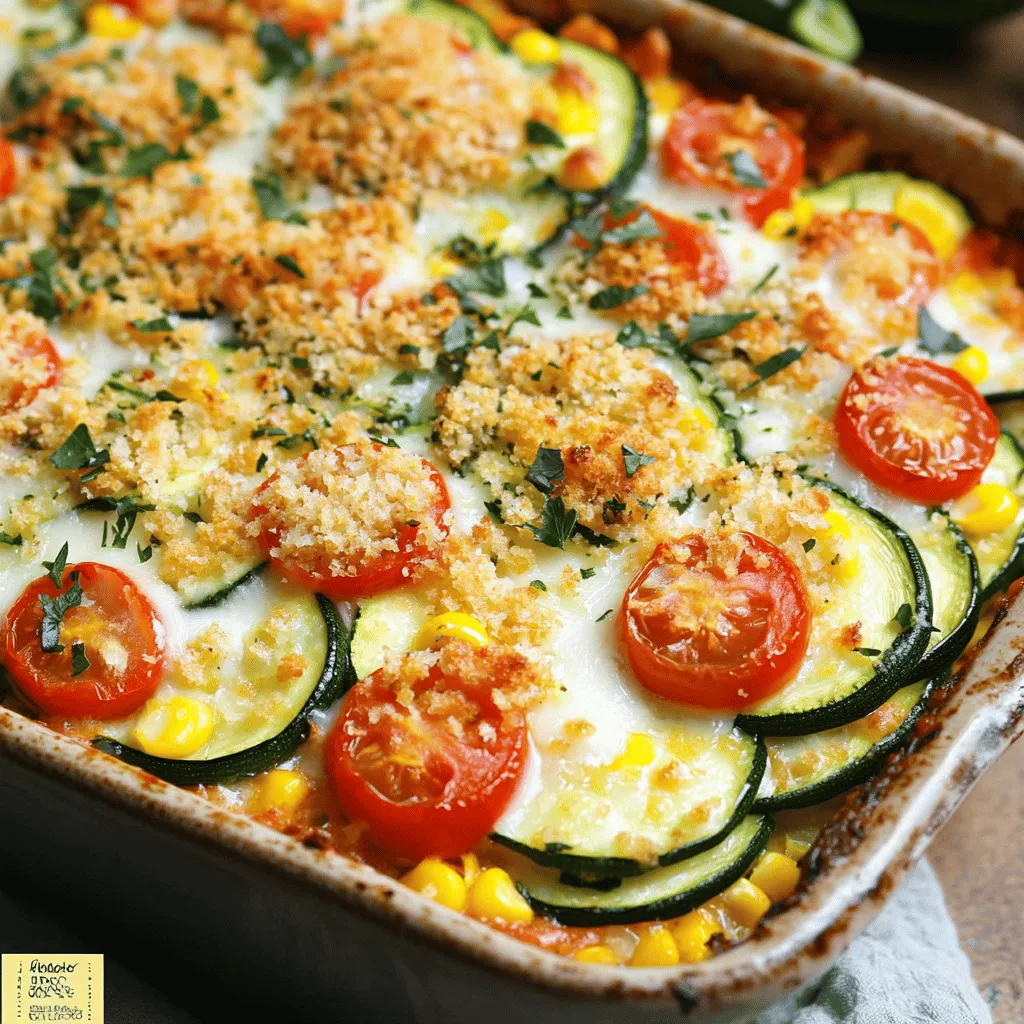 - Zucchini and Vegetables - 4 medium zucchinis, sliced into rounds - 1 cup cherry tomatoes, halved - 1 cup corn kernels (fresh or frozen, thawed if frozen) - 1 bell pepper (choose red or yellow), diced into small pieces - 1 medium onion, finely chopped - 2 cloves garlic, minced - Cheese Selections - 1 cup shredded mozzarella cheese - ½ cup grated Parmesan cheese - Breadcrumbs and Seasonings - 1 cup breadcrumbs (whole wheat preferred for added flavor) - 2 tablespoons olive oil - 1 teaspoon dried oregano - 1 teaspoon dried basil - Salt and pepper to taste In this recipe, fresh zucchini is the star. It brings a light flavor that pairs well with the other veggies. I love using cherry tomatoes for their sweetness. Corn adds a nice pop of texture, while bell pepper and onion bring a savory note. Garlic is a must for that aromatic touch. For cheese, mozzarella melts beautifully, while Parmesan gives a sharp contrast. The breadcrumbs create a nice crunchy topping. I choose whole wheat for a more robust flavor and added nutrition. With the right seasonings, this dish becomes even more flavorful. Each ingredient works together to make a simple yet delicious meal. You can find the Full Recipe in the main article. Enjoy cooking! Preheating the Oven First, set your oven to 375°F (190°C). This warms it up for baking. You want it hot to crisp the top. Sautéing the Aromatics Next, grab a large skillet and add olive oil over medium heat. Toss in the chopped onion and minced garlic. Sauté them for about 3-4 minutes. Wait until they smell nice and look clear. Cooking the Vegetables Now, add the sliced zucchini and diced bell pepper to the skillet. Stir them every now and then for 5-7 minutes. This helps them soften a bit. Once soft, mix in the halved cherry tomatoes and corn. Season with oregano, basil, salt, and pepper. Cook for another 2-3 minutes to combine the flavors. Mixing in the Cheese In a big mixing bowl, combine the cooked veggies with half of the mozzarella and Parmesan cheese. Mix well until everything is blended. Transferring to Casserole Dish Grease a 9x13 inch casserole dish with olive oil. Pour the veggie and cheese mix into the dish. Spread it out evenly for the best bake. Topping and Baking In a separate bowl, mix the breadcrumbs with the remaining mozzarella and Parmesan cheese. Sprinkle this topping over the casserole. Bake it in the oven for 25-30 minutes. You want the top golden brown and the cheese melted. After baking, let it cool for 5 minutes before serving. This helps it set nicely. For a great finish, serve it hot with fresh basil on top. You can find the Full Recipe for more details. Choosing Fresh Ingredients Fresh ingredients make a big difference. Look for firm zucchinis with shiny skin. Choose bright tomatoes and sweet bell peppers. Fresh herbs add great taste too. Always wash your veggies well before cooking. This helps remove dirt and pesticides. Adjusting Seasonings to Taste Start with the recipe, but feel free to adjust. Taste as you cook. If you like it spicy, add red pepper flakes. Prefer more flavor? Increase the herbs. Remember, seasonings can change the whole dish! Adding Spices or Herbs Consider adding fresh herbs like thyme or parsley. You can also try spices like cumin or paprika. These add warmth and depth to your casserole. Don't forget to balance flavors. A pinch of sugar can help cut acidity from the tomatoes. Incorporating Extra Vegetables Feel free to add other vegetables to your casserole. Spinach, mushrooms, or even broccoli work well. This not only boosts nutrition but also adds color. Mix and match what you have on hand. The more variety, the better the flavor! For a detailed guide, check out the Full Recipe. {{image_4}} You can make your Easy Zucchini Casserole even better by changing a few ingredients. - Substituting Different Cheeses: If you love cheese, try different types! Cheddar adds a sharp flavor. Feta cheese gives it a nice tang. Goat cheese can make it creamy and rich. Mix and match to find your favorite. - Using Other Vegetables: Zucchini is great, but other veggies work too. Try adding sliced mushrooms for an earthy taste. Spinach can add color and nutrition. You can even mix in some diced carrots for a sweet crunch. The options are endless! Making your casserole fit different diets is easy. - Gluten-Free Breadcrumbs: If you need a gluten-free dish, swap regular breadcrumbs for gluten-free ones. Many brands offer tasty options. This change keeps your casserole light and fluffy. - Dairy-Free Options: To make it dairy-free, use plant-based cheese. Almond or cashew cheese can melt nicely. You can also skip the cheese completely and use more veggies instead. This way, everyone can enjoy the meal! For the complete recipe, check the Full Recipe section. To keep your Easy Zucchini Casserole fresh, follow these steps: - Refrigeration Guidelines: Once cool, cover the casserole tightly with plastic wrap or foil. Store it in the fridge for up to 3 days. - Freezing for Longer Storage: You can freeze the casserole. First, let it cool completely. Then, wrap it tightly in plastic wrap and aluminum foil. It will last for about 2 to 3 months in the freezer. When it's time to enjoy leftovers, use these methods: - Best Methods to Reheat: Preheat your oven to 350°F (175°C). Place the casserole in an oven-safe dish. Cover it with foil to avoid drying out. Heat for 20-25 minutes or until hot. You can also use a microwave for quick reheating. Just cover the dish loosely and heat in short bursts. - Tips to Maintain Texture: To keep the casserole from getting mushy, avoid overcooking it. If you reheat in the microwave, stir it halfway through. This ensures even heating and helps maintain the texture. For the full recipe, check the [Full Recipe]. How do I prevent the casserole from being watery? To prevent a watery casserole, you can salt the zucchini first. Slice the zucchini and sprinkle salt on it. Let it sit for about 15 minutes. This helps draw out excess water. Pat the slices dry with a paper towel before cooking. Using breadcrumbs also helps absorb moisture during baking. Can I make this zucchini casserole ahead of time? Yes, you can make this zucchini casserole ahead of time. Assemble the casserole and cover it. Store it in the fridge for up to 24 hours before baking. When ready, bake it straight from the fridge, but add a few extra minutes to the cooking time. What can I serve with Easy Zucchini Casserole? This casserole pairs well with a light green salad or a side of roasted chicken. You can also serve it with crusty bread or a simple pasta dish. The fresh flavors balance well with many options. How long does a zucchini casserole last in the fridge? A zucchini casserole lasts about 3 to 5 days in the fridge. Store it in an airtight container to keep it fresh. Reheat it in the oven or microwave before serving. Can I adjust the recipe for more servings? Yes, you can easily adjust the recipe for more servings. Simply double or triple the ingredients based on your needs. Make sure to use a larger casserole dish to fit all the mix. Keep an eye on the baking time, as it may increase for larger portions. For the full recipe, check out Zesty Zucchini Delight Casserole. This blog post offered a clear path to making a delicious zucchini casserole. We covered key ingredients, step-by-step cooking methods, and helpful tips for perfection. You can make this dish your own by switching out cheeses and vegetables. Remember to store leftovers properly for future meals. With the right techniques, your casserole will shine on any table. Enjoy your cooking and share this delightful dish with others!