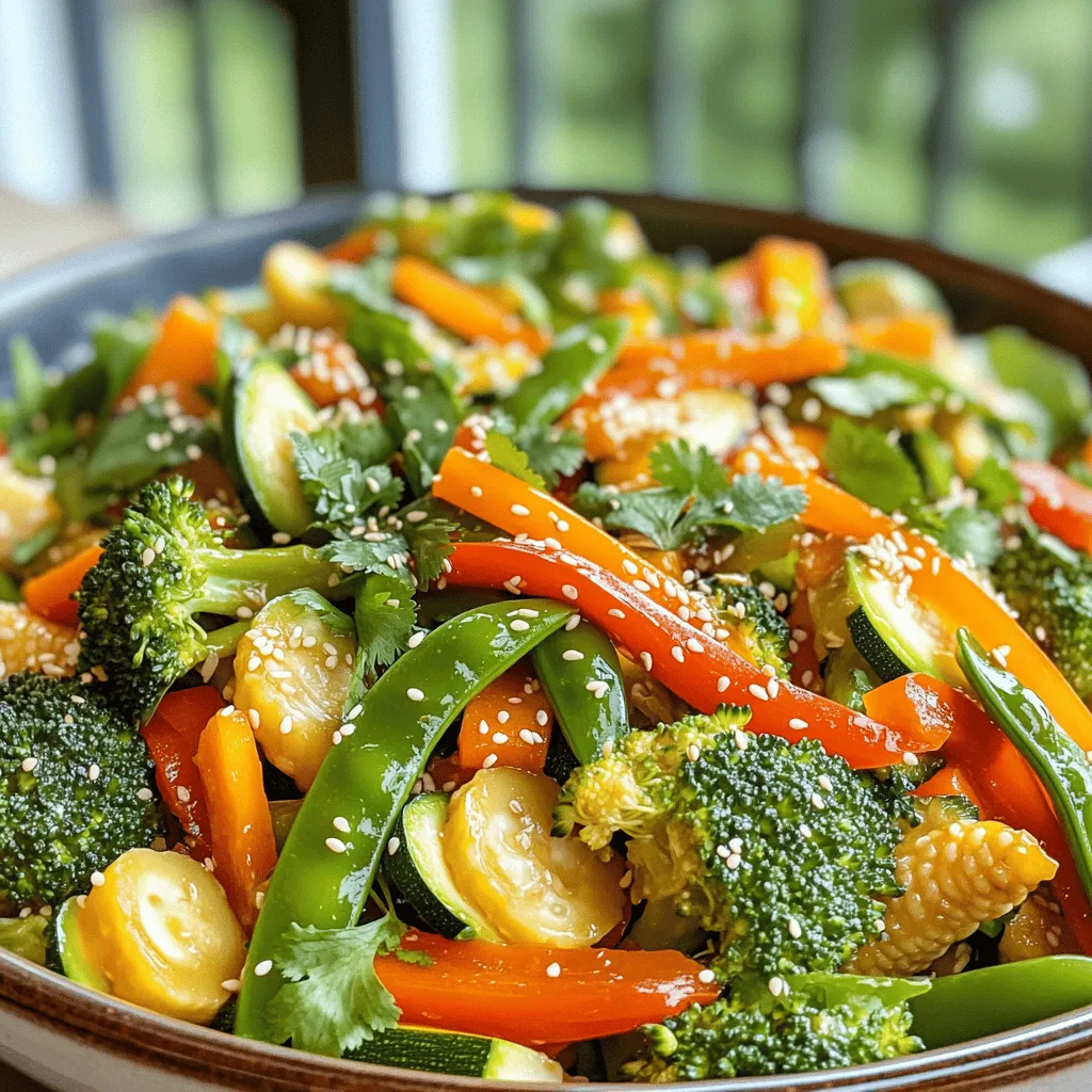 To make a tasty vegetable stir fry, gather these fresh ingredients: - 1 cup broccoli florets - 1 bell pepper (any color), thinly sliced - 1 large carrot, julienned - 1 cup snap peas, trimmed - 1 medium zucchini, sliced into half-moons - 1 cup baby corn, cut into bite-sized pieces - 3 cloves garlic, finely minced - 1 tablespoon fresh ginger, freshly grated - 3 tablespoons soy sauce (or tamari for a gluten-free option) - 1 tablespoon toasted sesame oil - 2 tablespoons vegetable oil - 1 tablespoon sesame seeds (for garnish) - Sea salt and freshly cracked pepper to taste - Fresh cilantro leaves, for garnish Both fresh and frozen vegetables work in stir fry. Fresh veggies offer great taste and color. Frozen vegetables are convenient and save time. They are picked at peak ripeness and frozen fast. This keeps nutrients intact. If you use frozen, thaw them before cooking for best results. Look for vibrant colors when picking fresh vegetables. They should feel firm and crisp. Check for any brown spots or wilting. Smell the produce; it should be fresh and pleasant. Local farmers' markets often have the best picks. Always wash your veggies before cooking. This removes dirt and pesticides. Choosing quality ingredients makes your stir fry shine. Start by washing all your vegetables. Clean them well to remove dirt. Cut the broccoli into small florets. Slice the bell pepper thinly. Julienning the carrot into strips helps it cook fast. Slice the zucchini into half-moons. Trim the snap peas and cut the baby corn into small pieces. This prep makes sure everything cooks evenly. Heat vegetable oil in a large skillet or wok. Set the heat to medium-high until the oil shimmers. Add minced garlic and grated ginger. Stir for about one minute. This step brings out their great flavors. Next, add broccoli, bell pepper, and carrot. Stir-fry these for 3-4 minutes. They should soften but stay crunchy. Then, toss in the snap peas and baby corn. Cook for another 2 minutes. Finally, add the sliced zucchini and cook for 2 more minutes. All veggies should be tender-crisp and colorful. Now, drizzle soy sauce and sesame oil over the stir-fry. Stir well to mix. Let it cook for one more minute. This allows the flavors to blend. Taste your dish and add sea salt and pepper as needed. Remove it from heat when done. To make your stir-fry pop, sprinkle sesame seeds on top. Fresh cilantro adds a nice touch too. You can also try adding a splash of lime juice for zest. This brings a fresh taste. Enjoy experimenting with flavors you love. Remember, your Vegetable Stir Fry can be a canvas for creativity! To get that perfect stir-fry texture, keep your veggies crisp. Cut them into uniform pieces. This helps them cook evenly. Use high heat to quickly cook the vegetables. It makes them tender yet still crunchy. Remember to stir constantly. This keeps the heat even and prevents burning. One common mistake is overcrowding the pan. If you add too many veggies at once, they steam instead of fry. Cook in batches if needed. Another mistake is not prepping your veggies first. Chop and wash everything before you start cooking. This saves time and helps you focus on cooking. Lastly, don’t skip the garlic and ginger. They add great flavor. To save time, use a sharp knife for quick cuts. A good knife can make all the difference. Pre-chop your veggies ahead of time. Store them in the fridge for up to two days. You can also use frozen veggies. They cook quickly and are often just as tasty. Lastly, clean as you go. This keeps your workspace tidy and makes cooking more pleasant. For the full recipe, please refer to the Full Recipe. {{image_4}} Adding protein to your stir-fry can make it heartier. Tofu is a great choice for a plant-based option. Firm tofu holds its shape well. Simply cube it and fry it until golden. Chicken is another popular addition. Use bite-sized pieces and cook them until no longer pink. You can also try shrimp or beef for extra flavor. Each protein brings its own taste and texture. Soy sauce is classic, but you can try new options. Hoisin sauce adds sweetness, while oyster sauce gives depth. For a spicy kick, add sriracha or chili paste. You can mix sauces for even more flavor. Try experimenting with spices like garlic powder or five-spice powder. These options can change the whole dish. Seasonal vegetables can change your stir-fry game. In spring, use asparagus and peas. In summer, zucchini and bell peppers shine. Autumn brings squash and mushrooms, while winter offers hearty greens like kale. Adjust based on what’s fresh in your area. This not only improves taste but also supports local farms. Always aim for a rainbow of colors to make your dish vibrant. Please refer to the Full Recipe for detailed instructions on making this vibrant and delicious dish. Once you finish your vegetable stir fry, let it cool down to room temperature. Next, place it in an airtight container. This helps keep your stir fry fresh. Store it in the fridge for up to three days. Make sure to enjoy it within this time frame for the best taste and texture. If you have extra stir fry, you can freeze it! First, let it cool completely. Then, transfer it to a freezer-safe bag or container. Label it with the date. You can freeze vegetable stir fry for up to three months. When you're ready to eat it, just remember to thaw it in the fridge overnight. To reheat your stir fry, use a pan on medium heat. Add a splash of water or oil, then add your stir fry. Stir it often until it's hot throughout. This keeps the vegetables crisp and tasty. You can also microwave it. Place it in a microwave-safe dish, cover it, and heat for about 2-3 minutes. Stir halfway to ensure even heating. Enjoy your flavorful meal! The best vegetables for stir-frying are those that cook quickly and stay crisp. I like using: - Broccoli florets - Bell peppers - Carrots - Snap peas - Zucchini - Baby corn These veggies add color and texture. You can mix and match based on your taste. Yes, you can easily make this stir fry vegan. Just use vegetable oil and soy sauce. Avoid any animal-based sauces. You can add tofu for extra protein. To change the spice level, add more or less ginger. You can also: - Include red pepper flakes - Use spicy soy sauce - Add chili paste Start with a small amount and taste as you go. This way, you can find the right heat for you. Use a variety of vegetables in different colors. For example, add: - Red bell pepper - Yellow zucchini - Purple cabbage The more colors, the more fun and vibrant your dish will look. Yes, you can prep your veggies a day before. Store them in airtight containers in the fridge. Chopping ahead saves time and makes cooking easier. Please refer to the Full Recipe for detailed instructions on making this vibrant and delicious dish. This blog post outlined the key ingredients and step-by-step instructions for making a great stir-fry. We discussed the best vegetables to use, along with tips for picking fresh produce. You learned about preparation methods, cooking tips, and ways to enhance flavor. We shared common mistakes and time-saving tricks that ensure success. Stir-fry is versatile. You can mix in proteins, spices, or seasonal veggies. Proper storage keeps leftovers fresh for next time. Use the easy reheating guidelines to enjoy your dish again! Dive into the Full Recipe for more details and enjoy creating your perfect stir-fry.