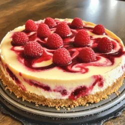 - 1 ½ cups graham cracker crumbs - ½ cup unsalted butter, melted - 2 tablespoons granulated sugar - 16 oz cream cheese, softened at room temperature - 1 cup granulated sugar - 1 teaspoon pure vanilla extract - 3 large eggs, at room temperature - 1 cup sour cream, at room temperature - 1 cup fresh raspberries, rinsed and drained - 2 tablespoons raspberry jam When making raspberry swirl cheesecake, each ingredient plays a key role. The graham cracker crumbs form a tasty crust that gives crunch. Unsalted butter helps bind them together. Granulated sugar adds sweetness to both the crust and filling. Cream cheese is the star, providing that rich, creamy texture. Pure vanilla extract adds depth to the flavor. Eggs help the cheesecake set, while sour cream enhances creaminess and tang. - Alternative crust options: If you want, you can use cookie crumbs or crushed nuts instead of graham crackers. Oreos work great too! - Dairy-free cream cheese: For a dairy-free option, look for cream cheese made from nuts or soy. They work well in this recipe. - Frozen raspberries vs. fresh: You can use frozen raspberries if fresh ones are not available. Just thaw and drain them before mixing. They will still give a lovely flavor! For the full recipe, check out the detailed instructions above. 1. Start by preheating your oven to 325°F (163°C). This helps the crust bake evenly. 2. In a medium bowl, mix graham cracker crumbs, melted unsalted butter, and 2 tablespoons of granulated sugar. Stir until the crumbs feel wet. 3. Press the crumb mix firmly into the bottom of a 9-inch springform pan. This creates a solid base for your cheesecake. 4. Bake the crust for 10 minutes. Remove it from the oven and let it cool completely. A cool crust gives a nice texture. 1. In a large bowl, beat the softened cream cheese using an electric mixer. Mix it for about 2-3 minutes until smooth and creamy. 2. Gradually add 1 cup of granulated sugar and pure vanilla extract. Mix until it is all smooth. 3. Next, add the eggs one at a time. Mix on low speed after each egg until just blended. Be careful not to overmix. 4. Gently fold in 1 cup of sour cream with a spatula. This keeps the filling rich and creamy. 1. In a small bowl, mash 1 cup of fresh raspberries with a fork. You want them to break down a bit for the swirl. 2. Mix in 2 tablespoons of raspberry jam. This will add sweetness and flavor to the swirl. 3. Pour half of the cheesecake batter over the cooled crust. Smooth it out with a spatula. 4. Add dollops of half of the raspberry mixture on top of the batter. Use a knife or toothpick to swirl the raspberry into the cheesecake for a marbled look. 5. Pour the remaining cheesecake batter on top. Then, add the rest of the raspberry mixture and swirl again. This makes it pretty. 1. Place the cheesecake in the preheated oven. Bake for 50-60 minutes. The edges should be set, and the center should jiggle slightly. 2. After baking, turn off the oven and crack the door open. Let the cheesecake cool in the oven for about an hour. This helps avoid cracks. 3. Once cooled, transfer the cheesecake to the fridge. Chill for at least 4 hours, or overnight for the best flavor. You can find the Full Recipe for detailed steps. Enjoy making this delightful dessert! To get that great raspberry swirl, use a gentle hand. After placing dollops of raspberry mix on the batter, take a knife or toothpick. Start at the edge and swirl in small circles. This way, you create a pretty pattern without mixing too much. Avoid overmixing the batter; it can lead to a dense cheesecake. Mix just enough to see the raspberry swirls. Check for doneness by gently shaking the pan. The edges should be set, but the center should still wiggle a bit. If it seems too jiggly, give it a few more minutes. To prevent cracks, cool the cheesecake slowly. After baking, crack the oven door and let it cool for an hour. This small step helps keep the surface smooth. For a lovely presentation, remove the sides of the springform pan with care. Slice the cheesecake neatly and place pieces on a serving platter. You can add a fresh raspberry on each slice for color. A light dusting of powdered sugar also looks nice. Pair your cheesecake with a scoop of whipped cream or a cup of tea. Enjoy it with a fruity drink for a fun twist. {{image_4}} You can change the fruit in your cheesecake to mix things up. Here are two fun ideas: - Strawberry swirl cheesecake: Use fresh strawberries instead of raspberries. Mash the strawberries and mix them with a bit of strawberry jam. This gives a sweet and tart taste that many love. - Blueberry swirl cheesecake: Swap the raspberries for blueberries. The deep color and flavor of blueberries add a nice twist. Simply crush the blueberries and blend them with some blueberry jam. You can boost the flavor of your raspberry swirl cheesecake in simple ways: - Adding chocolate or caramel: Drizzle melted chocolate or caramel sauce on top before serving. This adds a rich taste that pairs well with the tangy cheese. - Infusing with citrus zest: Grate some lemon or orange zest into the batter for a bright, fresh taste. The citrus will cut through the richness, making each bite more lively. You can enjoy this cheesecake even if you have special dietary needs: - Gluten-free options: Use gluten-free graham cracker crumbs for the crust. This way, everyone can enjoy a slice without worry. - Vegan raspberry swirl cheesecake: Replace cream cheese with a plant-based option. Use coconut cream and a vegan egg substitute. This makes a creamy, tasty cheesecake suitable for vegans. Feel free to explore these variations and enhancements to make the raspberry swirl cheesecake truly your own. For the full details on making this delightful dessert, check out the Full Recipe. How long does it last? Your raspberry swirl cheesecake can last in the fridge for up to five days. Best ways to cover and store Wrap the cheesecake in plastic wrap. Place it in an airtight container. This keeps it fresh and prevents it from drying out. How to freeze for later To freeze, let the cheesecake cool completely. Wrap it tightly in plastic wrap, then in aluminum foil. Store it in the freezer for up to three months. Thawing tips before serving When ready to eat, move the cheesecake to the fridge overnight. This helps it thaw slowly and keeps the texture smooth. Can I use frozen raspberries? Yes, you can use frozen raspberries. Just thaw them first and drain off extra juice. This helps keep your cheesecake from becoming too watery. Fresh raspberries give a brighter flavor, but frozen will work in a pinch. How do I know when the cheesecake is done? Check your cheesecake after 50 minutes of baking. The edges should be set, and the center will jiggle slightly. If it wobbles too much, it needs more time. Always let it cool slowly in the oven to prevent cracks. What dessert wine pairs best with cheesecake? A sweet dessert wine like Riesling or Sauternes pairs well with cheesecake. These wines enhance the sweet and tangy flavors of the cheesecake. For a fun twist, try Prosecco for a bubbly touch! Can I decorate the cheesecake in advance? Yes, you can decorate your cheesecake a few hours before serving. Just wait until it's chilled and set. Adding fresh raspberries or whipped cream right before serving keeps them looking nice and fresh. My cheesecake cracked; what did I do wrong? Cheesecakes crack when baked at too high a temperature or when they cool too fast. Always bake at the right temperature and leave the oven door slightly open while cooling. Why is my cheesecake too dense? A dense cheesecake often results from overmixing or using cold ingredients. Mix your batter until just smooth, and make sure your cream cheese and eggs are at room temperature for the best texture. This post walked you through crafting a delightful raspberry swirl cheesecake. We discussed the key ingredients and even substitutions for different diets. I showed you how to prep the crust and mix the filling for that perfect swirl. Take these tips to heart for a smooth bake and beautiful presentation. You can explore variations like strawberry or blueberry swirls too. Enjoy experimenting, and remember, practice makes perfection. Your cheesecake journey starts now!