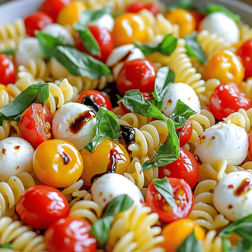 To create a tasty Caprese Pasta Salad, you need simple, fresh ingredients. Here’s what you will need: - 8 oz fusilli or rotini pasta - 1 cup cherry tomatoes, halved - 1 cup fresh mozzarella balls (bocconcini), halved - 1/2 cup fresh basil leaves, torn into pieces - 1/4 cup extra virgin olive oil - 2 tablespoons balsamic glaze - Salt and freshly ground black pepper, to taste - Optional: 1/4 teaspoon red pepper flakes for added heat These ingredients combine to create a dish bursting with flavor. The pasta serves as a perfect base, while the tomatoes and mozzarella add freshness. The basil gives it a garden touch, and the dressing ties everything together. Using quality ingredients makes a big difference. I recommend a few brands to ensure your salad shines: - Pasta: Look for Barilla or De Cecco for good pasta options. - Mozzarella: Try BelGioioso or Galbani for fresh mozzarella. - Balsamic Glaze: Use Colavita or Pompeian for a smooth glaze. - Olive Oil: Extra virgin olive oil from California Olive Ranch delivers great flavor. These brands help you create a delicious meal with fresh tastes. If you have dietary needs, don’t worry! You can easily modify the salad. Here are some great substitutes: - Gluten-Free: Use gluten-free pasta like Tinkyada or Barilla. - Dairy-Free: Replace mozzarella with vegan cheese or avocado. - Low-Carb: Swap pasta for zucchini noodles or cauliflower. - Spice Level: Adjust or skip red pepper flakes if you prefer milder flavors. These swaps keep the dish enjoyable for everyone, no matter their diet. Start by boiling a large pot of salted water. Add the pasta and cook it for about 8 to 10 minutes. You want it al dente, or firm to the bite. Once done, drain the pasta in a colander. Rinse it under cold water to stop cooking. This keeps the pasta from getting mushy. In a big mixing bowl, combine the cooled pasta with cherry tomatoes and mozzarella. Halve the tomatoes and mozzarella balls for easy bites. Add the fresh basil leaves, torn into pieces. This adds a lovely green touch and fresh flavor to your salad. Gently mix everything together so it blends well. In a small bowl, whisk together olive oil and balsamic glaze. Add salt and black pepper. If you like heat, toss in red pepper flakes. Mix it until the dressing is smooth. This will give your salad a rich flavor. Drizzle the dressing over the pasta mixture. Use a spatula or large spoon to toss it all gently. Make sure everything is coated but be gentle with the mozzarella. Taste your salad and adjust the seasoning if needed. Let it sit at room temperature for 15-20 minutes. This helps the flavors blend nicely. Serve it in a big bowl or in individual servings. For a nice touch, garnish with extra basil and a drizzle of balsamic glaze. Enjoy your Caprese Pasta Salad Delight! To get the best pasta, cook it al dente. This means the pasta should be firm, not mushy. Follow the package instructions for timing. It usually takes about 8 to 10 minutes. After cooking, drain the pasta right away. Rinse it under cold water to stop cooking. This keeps the pasta from getting too soft. You want it to hold up in the salad. Season your pasta water well. Use a lot of salt; it should taste like the sea. This helps the pasta absorb flavor as it cooks. After mixing your salad, taste it. You may need more salt or pepper. If you like a kick, add red pepper flakes. The balsamic glaze adds sweetness, so balance it with salt. The right mix of flavors makes each bite exciting. When combining your ingredients, be gentle. Use a spatula or large spoon to toss. This keeps the mozzarella balls intact. If they break, the salad looks less pretty. Mix until everything is coated in dressing. Don’t rush this step; take your time. After tossing, let the salad sit for 15-20 minutes. This helps the flavors blend together. Trust me, it's worth the wait! {{image_4}} You can make Caprese pasta salad a full meal by adding proteins. Grilled chicken is a great option. It adds flavor and makes the dish heartier. Shrimp or salmon also work well. For a tasty twist, try adding diced salami. Each protein brings a new taste that pairs well with the fresh ingredients. If you want a vegetarian version, you can keep the recipe as is. Just skip the meat. For a vegan option, switch out the mozzarella for a plant-based cheese. Nutritional yeast can add a cheesy flavor without the dairy. Always check the labels on your ingredients to ensure they meet your dietary needs. Using seasonal ingredients can enhance your salad. In summer, add fresh corn or zucchini for crunch. In fall, try roasted butternut squash for warmth. You can also mix in arugula for a spicy kick. Seasonal swaps keep your dish fresh and exciting throughout the year. Enjoy the Full Recipe for more inspiration! To keep your Caprese pasta salad fresh, place it in an airtight container. Make sure to press out any air before sealing. This helps maintain the salad's freshness and flavor. If you have a large batch, divide it into smaller portions for easy access. Caprese pasta salad is best served cold or at room temperature. If you prefer it warm, heat it gently in a pan over low heat. Stir it often to prevent sticking. Avoid using a microwave, as it can make the pasta mushy and affect the fresh flavors. Stored properly, your Caprese pasta salad will last for about 3 days in the fridge. However, the tomatoes may release juices and the basil can wilt. To enjoy the best quality, try to eat it within the first couple of days. For the freshest taste, you may want to add fresh basil just before serving. You can use fusilli or rotini pasta. These shapes hold the dressing well. Their twists catch the cherry tomatoes and mozzarella nicely. They also provide a fun texture. If you prefer something different, try penne or farfalle. Just make sure the pasta is al dente for the best bite. Yes, you can! This salad tastes even better after sitting. Make it a few hours ahead to let the flavors blend. Just keep it in the fridge until you serve. If you make it too early, the basil might wilt. To avoid this, add the basil right before serving. Regular pasta is not gluten-free. However, you can use gluten-free pasta instead. Look for brands made from rice or quinoa. Their taste and texture work well in this salad. Just follow the cooking instructions on the package. For a complete guide, check out the Full Recipe. It gives you all the steps to make this fresh and tasty dish. In this blog post, we covered how to make Caprese Pasta Salad from start to finish. We explored the key ingredients, cooking steps, and tips for great texture and flavor. We also delved into variations and storage advice for your salad. Remember, you can customize this dish to fit your needs. Whether you want more protein or need a vegan option, there's something for everyone. Enjoy crafting your perfect Caprese Pasta Salad, and share it with others!