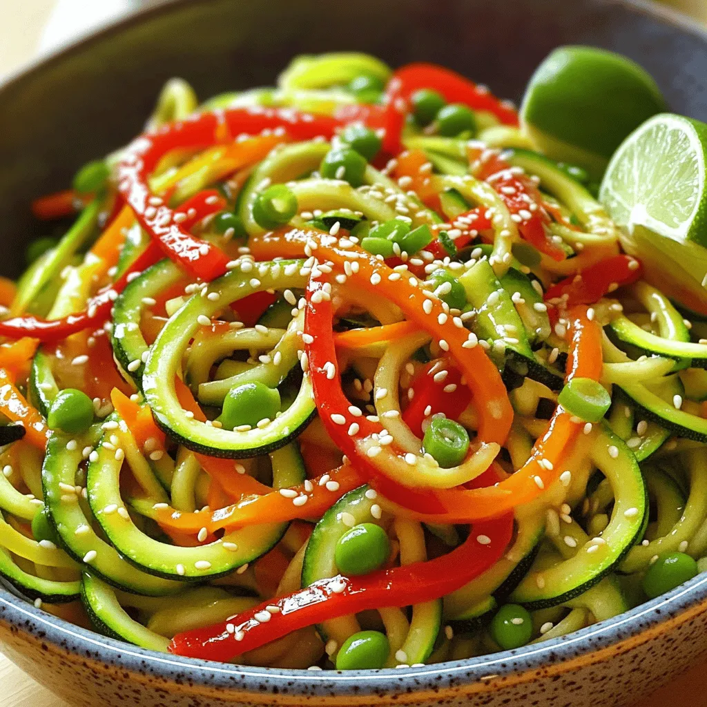 To make a tasty Zucchini Noodle Stir Fry, gather these ingredients: - 2 medium zucchinis, spiralized into noodles - 1 red bell pepper, thinly sliced - 1 cup fresh snap peas - 1 large carrot, julienned - 1/2 medium onion, finely sliced - 3 cloves garlic, minced - 1 tablespoon fresh ginger, grated - 3 tablespoons soy sauce (or tamari for a gluten-free option) - 1 tablespoon sesame oil - 1 tablespoon olive oil - 1 tablespoon toasted sesame seeds - 2 green onions, chopped for garnish - Salt and pepper to taste I recommend using fresh vegetables for the best taste and texture. Fresh veggies retain their crunch and nutrients. Frozen vegetables can be used, but they may become mushy when cooked. If you use frozen, add them later in the cooking process. This keeps them firm. Zucchini is low in calories and high in fiber. It helps with digestion and keeps you full. The red bell pepper adds vitamin C, which boosts your immune system. Snap peas bring protein and fiber, while carrots add beta-carotene, good for your eyes. Garlic and ginger have anti-inflammatory properties, making this dish not just tasty but good for you too. Enjoy the Full Recipe to create this healthy meal! To make zucchini noodles, start with fresh zucchinis. Grab two medium zucchinis and wash them well. Use a spiralizer to create fun, long noodles. If you don’t have one, a vegetable peeler works too. Just slice the zucchinis into thin strips. You want them to look like pasta. Set these aside while you prepare the other veggies. Now it's time to cook! Heat a large skillet or wok over medium heat. Add one tablespoon of olive oil and let it warm up. Once hot, add 1/2 medium onion, finely sliced. Stir it for about 2 minutes until it becomes soft and sweet. Next, add 3 cloves of minced garlic and 1 tablespoon of grated ginger. Stir them for about 30 seconds to release their great smells. Then, toss in one sliced red bell pepper, 1 cup of fresh snap peas, and one julienned carrot. Stir-fry these veggies for about 3-4 minutes. You want them to be bright and crunchy. After that, gently add the zucchini noodles. Pour in 3 tablespoons of soy sauce and 1 tablespoon of sesame oil. Stir continuously for another 2-3 minutes. Be careful not to overcook. The noodles should stay firm. Finally, season your stir fry with salt and pepper to taste. For extra crunch, sprinkle on 1 tablespoon of toasted sesame seeds just before serving. For a lovely presentation, scoop the stir fry into shallow bowls. Garnish with chopped green onions and an extra sprinkle of toasted sesame seeds. For a pop of color, add a lime wedge on the side. This adds a bright touch and a refreshing taste. Enjoy the vibrant flavors from this dish! For the full recipe, check out the full recipe section above. When making stir fry, keep these tips in mind: - Overcrowding the pan: This leads to steaming instead of frying. Cook in batches for best results. - Skipping prep work: Chop all veggies before cooking. Stir frying happens fast, and you won’t have time to chop as you go. - Using low heat: A hot pan ensures a good sizzle. This helps caramelize the veggies and enhances their flavor. Getting the right texture for zucchini noodles is key. Here’s how: - Spiralize correctly: Use a good spiralizer for even noodles. Thin, even noodles cook better. - Don't overcook: Cook zucchini noodles for just a few minutes. They should remain firm and not mushy. - Salt them: After spiralizing, sprinkle with salt and let them sit for a few minutes. This removes excess water and helps keep them crisp. Boost the flavor of your stir fry with these tips: - Fresh herbs: Add basil, cilantro, or mint for a fresh taste. - Chili flakes: Sprinkle in some chili flakes for heat. Adjust the amount to your liking. - Acid: A squeeze of lime or lemon juice adds brightness. Just before serving, drizzle it over the top. - Nuts and seeds: Toasted sesame seeds or crushed peanuts add crunch and flavor. For the full recipe, check out the Zucchini Noodle Stir Fry. {{image_4}} You can easily add protein to your zucchini noodle stir fry. Chicken is a popular choice. Simply slice it thin and cook it first. Once it’s golden, remove it and set it aside. Then, cook the veggies as usual. Tofu works great too. Use firm tofu for the best texture. Cut it into cubes. Sauté it until golden. This gives a nice crunch. Add it back in with the zucchini noodles. Both options boost flavor and nutrition. This dish can easily fit gluten-free diets. Just swap regular soy sauce for tamari. Tamari offers the same great taste without gluten. For a vegan option, use vegetable broth instead of chicken broth if you want. It keeps the dish plant-based while adding depth. You can change the veggies based on the season. In spring, add asparagus or peas. In summer, try corn or bell peppers. Fall brings squash and mushrooms. Winter is perfect for hearty greens like kale or bok choy. Mixing in seasonal veggies makes your stir fry fresh and colorful. Experimenting with flavors keeps this dish fun. You can find more ways to play with this recipe in the Full Recipe. Store your leftover zucchini noodle stir fry in an airtight container. This keeps it fresh and tasty. Make sure to cool the dish to room temperature before sealing it. You can store it in the fridge for up to three days. If you want to keep it longer, consider freezing it. To reheat your stir fry, use a skillet over medium heat. Add a splash of water or broth to keep the noodles moist. Stir it gently to heat evenly. You can also use a microwave but cover the dish to avoid drying it out. Heat it for 1-2 minutes, checking every 30 seconds. Freezing zucchini noodles is easy but has some tricks. First, spiralize your zucchinis and blanch them in boiling water for 1-2 minutes. This helps keep their color and texture. After cooling, drain and pat them dry. Place them in a freezer bag, removing as much air as you can. They can stay in the freezer for up to three months. When you’re ready to use them, cook them straight from frozen in your stir fry. This keeps them from getting mushy. Check the Full Recipe for more details on making this healthy meal! Yes, you can make this stir fry ahead of time. Cook the veggies and keep them in the fridge. When you are ready to eat, just reheat them in a skillet. Then, add the zucchini noodles at the last minute. This helps them stay firm and fresh. To prevent soggy zucchini noodles, use a few tricks. First, spiralize the zucchini right before cooking. This keeps them fresh and firm. Second, cook them for a short time. Stir-fry them for only 2 to 3 minutes. Lastly, make sure to remove excess water from the zucchini before adding them to the pan. You can do this by patting them dry with a paper towel. If you need a substitute for soy sauce, try tamari or coconut aminos. Both options are great for a gluten-free choice. You can also mix water with a bit of balsamic vinegar or apple cider vinegar for a different flavor. Adjust the amount to your taste for a delicious alternative. For the full recipe, check out the delicious Zucchini Noodle Stir Fry. Zucchini noodle stir fry is simple and fun to make. We covered ingredients, like fresh veggies and their health perks. I shared tips to avoid common mistakes and achieve perfect noodles. We explored protein options, seasonal tweaks, and how to store leftovers. In closing, this dish is versatile and tasty. With a few simple steps, anyone can enjoy a healthy meal. So grab your veggies and get cooking!