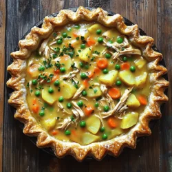 - 2 cups cooked chicken, shredded into bite-sized pieces - 1 cup carrots, diced evenly - 1 cup peas (fresh or frozen) - 1 cup potatoes, diced (optional for extra heartiness) - 1/2 cup celery, finely diced - 1/3 cup unsalted butter - 1/3 cup all-purpose flour - 2 cups low-sodium chicken broth - 1 cup whole milk - 1 teaspoon dried thyme - 1 teaspoon garlic powder - Salt and freshly ground black pepper to taste - 1 package (2 crusts) refrigerated pie crusts or your favorite homemade pie crust - 1 egg, beaten, for brushing the crust - Optional garnishes like fresh parsley When making a classic chicken pot pie, I focus on simple, fresh ingredients. Shredded chicken gives the pie its hearty base. I like to use diced carrots and peas for that sweet crunch. You can add optional potatoes for extra comfort. Celery adds a nice bite, too. For the creamy filling, I use low-sodium chicken broth and whole milk. These create a rich flavor without overpowering the dish. Seasonings like dried thyme and garlic powder bring warmth and depth. For the crust, I often choose a store-bought option for ease, but homemade crust is always a treat. The egg wash on top gives the pie a golden finish. Finally, a sprinkle of fresh parsley brightens up the presentation. With these ingredients, you can create a pot pie that feels like a warm hug on a plate. You can find the full recipe in the article for step-by-step guidance. 1. Preheat your oven to 425°F (220°C). This step makes sure the pie cooks evenly. 2. Chop and measure your vegetables. You need 1 cup of diced carrots, 1/2 cup of finely diced celery, and 1 cup of peas. If you want more heartiness, add 1 cup of diced potatoes. 1. In a large skillet, melt 1/3 cup of unsalted butter over medium heat. 2. Add the diced carrots, celery, and optional potatoes. Sauté them for about 5-7 minutes until they soften. 3. Stir in 2 cups of cooked, shredded chicken and 1 cup of peas. Add 1 teaspoon of dried thyme, 1 teaspoon of garlic powder, and salt and pepper to taste. 4. Mix everything well until heated through. 5. Sprinkle 1/3 cup of all-purpose flour over the mixture. Stir to coat all the ingredients. 6. Cook for another 2 minutes to form a roux. 7. Gradually pour in 2 cups of low-sodium chicken broth and 1 cup of whole milk. Stir continuously to avoid lumps. 8. Keep stirring until the mixture thickens and bubbles gently. This takes about 3-5 minutes. 1. Unroll one pie crust and fit it into a 9-inch pie dish. 2. Pour the rich chicken filling into the crust, spreading it evenly. 3. Place the second pie crust over the filling. Pinch the edges to seal the pie. Crimp with your fingers or a fork for a nice touch. 4. Cut small slits in the top crust to let steam escape. 1. Brush the top crust with a beaten egg. This gives a golden finish. 2. Bake the pie in the preheated oven for 30-35 minutes. Watch for a golden brown color and bubbling filling through the slits. 3. Once done, remove the pot pie from the oven. Let it rest for 10 minutes before slicing. This helps the filling set. These steps make a delicious classic chicken pot pie, perfect for any meal. For the complete recipe, refer to the [Full Recipe]. To get a flaky crust, start by chilling the dough. Cold dough helps create layers. Wrap the dough in plastic wrap and place it in the fridge for at least 30 minutes. This allows the butter to stay solid and form those lovely pockets. When handling the pie crust, use your fingers gently. Avoid overworking the dough, as this can make it tough. You can enhance the flavor with simple herbs and spices. Consider adding fresh thyme or rosemary for a bright taste. A pinch of cayenne can add warmth without overpowering the dish. If you have leftover chicken, use it! Rotisserie chicken works well too. It saves time and adds a great taste. When serving, cut the pie into warm slices. Place each slice on a plate and sprinkle fresh parsley on top for color. Serve with a light salad or steamed veggies. They pair perfectly with the rich filling. For drinks, consider a chilled white wine or sparkling water. This balance makes your meal feel special. {{image_4}} You can easily adjust the classic chicken pot pie to meet dietary needs. For a gluten-free crust, use almond flour or a store-bought gluten-free pie crust. These options work well and taste great. If you need a dairy-free filling, swap whole milk with almond or coconut milk. This still gives a creamy texture. Add your own twist to the filling. Mixing in mushrooms adds a nice umami flavor. Sweet corn gives a touch of sweetness and crunch. For a spicy kick, try adding jalapeños or a sprinkle of cayenne pepper. These flavors can change the whole dish. You can switch the chicken for other meats. Turkey works well, especially after the holidays. If you want beef, use ground meat for a different texture. Seafood lovers can try shrimp or crab. These options make the pot pie unique and flavorful. To keep your pot pie fresh, store it in the fridge. Use an airtight container to seal in the taste. You can also cover the pie with plastic wrap. It stays good for about 3 to 4 days. Check for any signs of spoilage before eating. Freezing your chicken pot pie is easy. First, let the pie cool completely. If it is cooked, wrap it tightly in plastic wrap and then foil. For uncooked pies, you can freeze them before baking. Just wrap them well too. To thaw, place the pie in the fridge overnight. For quick reheating, use the oven. Bake at 350°F (175°C) until it is hot all the way through. This usually takes about 30 to 40 minutes. Enjoy your delicious meal even after days! Yes, you can prepare this dish ahead of time. Here are some strategies for meal prep: - Make the filling: Cook the chicken and veggies. Store the mixture in the fridge. - Prepare the crust: You can roll out the crust and place it in the pie dish. - Assemble before baking: If you want, assemble the pie and keep it in the fridge. Cover it to prevent drying out. - Freezing option: You can freeze the assembled pie. Just wrap it well in plastic wrap and foil. If you need alternatives, you have many options. Here are some additional protein choices: - Turkey: Cooked turkey works well and tastes great. - Tofu: For a vegetarian option, use firm tofu. - Seitan: This plant-based protein has a meaty texture. - Canned tuna: Use drained tuna for a seafood twist. You can easily lighten up this classic dish. Here are some suggestions for reducing calories and fat: - Use lean chicken: Choose skinless chicken breast for less fat. - Low-fat milk: Swap whole milk for low-fat or almond milk. - More veggies: Add extra vegetables to bulk up the filling without adding many calories. - Whole grain crust: Consider using a whole grain or oat crust for added fiber. For the full recipe, check out the [Full Recipe]. This blog post covered all aspects of making a classic chicken pot pie. We explored the essential ingredients and step-by-step instructions for creating a tasty dish. I shared tips for achieving that perfect flaky crust and ideas for flavor variations. Remember, cooking is about fun and creativity. Feel free to experiment with different ingredients and serve it your way. With these guidelines, you can make a pot pie that everyone will love. Enjoy the process and the delicious meal ahead!