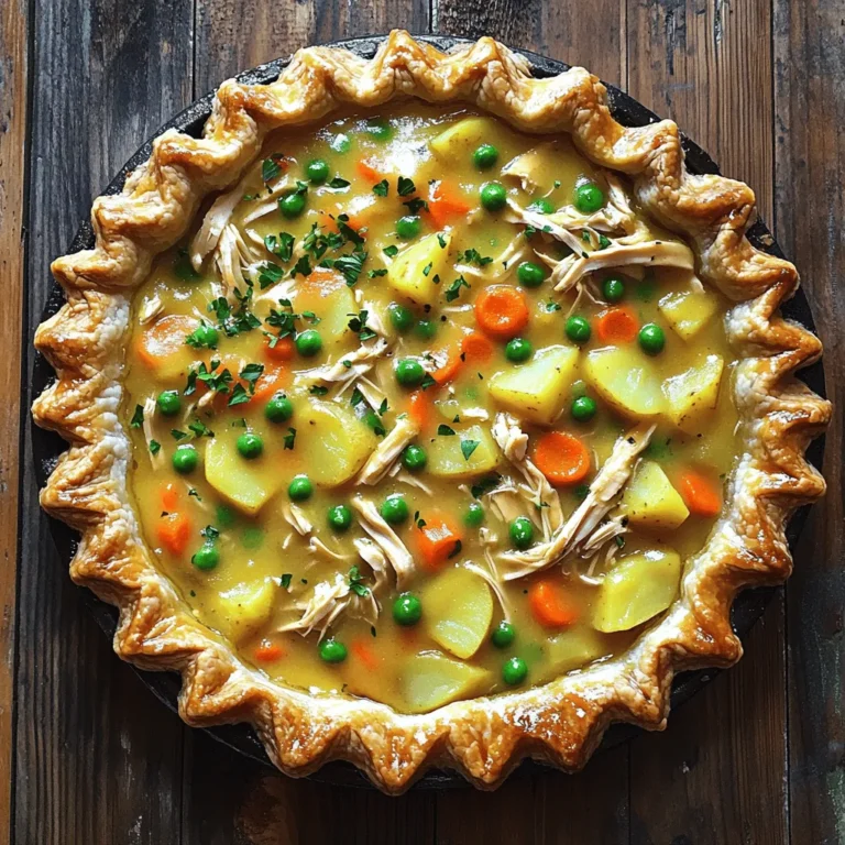 - 2 cups cooked chicken, shredded into bite-sized pieces - 1 cup carrots, diced evenly - 1 cup peas (fresh or frozen) - 1 cup potatoes, diced (optional for extra heartiness) - 1/2 cup celery, finely diced - 1/3 cup unsalted butter - 1/3 cup all-purpose flour - 2 cups low-sodium chicken broth - 1 cup whole milk - 1 teaspoon dried thyme - 1 teaspoon garlic powder - Salt and freshly ground black pepper to taste - 1 package (2 crusts) refrigerated pie crusts or your favorite homemade pie crust - 1 egg, beaten, for brushing the crust - Optional garnishes like fresh parsley When making a classic chicken pot pie, I focus on simple, fresh ingredients. Shredded chicken gives the pie its hearty base. I like to use diced carrots and peas for that sweet crunch. You can add optional potatoes for extra comfort. Celery adds a nice bite, too. For the creamy filling, I use low-sodium chicken broth and whole milk. These create a rich flavor without overpowering the dish. Seasonings like dried thyme and garlic powder bring warmth and depth. For the crust, I often choose a store-bought option for ease, but homemade crust is always a treat. The egg wash on top gives the pie a golden finish. Finally, a sprinkle of fresh parsley brightens up the presentation. With these ingredients, you can create a pot pie that feels like a warm hug on a plate. You can find the full recipe in the article for step-by-step guidance. 1. Preheat your oven to 425°F (220°C). This step makes sure the pie cooks evenly. 2. Chop and measure your vegetables. You need 1 cup of diced carrots, 1/2 cup of finely diced celery, and 1 cup of peas. If you want more heartiness, add 1 cup of diced potatoes. 1. In a large skillet, melt 1/3 cup of unsalted butter over medium heat. 2. Add the diced carrots, celery, and optional potatoes. Sauté them for about 5-7 minutes until they soften. 3. Stir in 2 cups of cooked, shredded chicken and 1 cup of peas. Add 1 teaspoon of dried thyme, 1 teaspoon of garlic powder, and salt and pepper to taste. 4. Mix everything well until heated through. 5. Sprinkle 1/3 cup of all-purpose flour over the mixture. Stir to coat all the ingredients. 6. Cook for another 2 minutes to form a roux. 7. Gradually pour in 2 cups of low-sodium chicken broth and 1 cup of whole milk. Stir continuously to avoid lumps. 8. Keep stirring until the mixture thickens and bubbles gently. This takes about 3-5 minutes. 1. Unroll one pie crust and fit it into a 9-inch pie dish. 2. Pour the rich chicken filling into the crust, spreading it evenly. 3. Place the second pie crust over the filling. Pinch the edges to seal the pie. Crimp with your fingers or a fork for a nice touch. 4. Cut small slits in the top crust to let steam escape. 1. Brush the top crust with a beaten egg. This gives a golden finish. 2. Bake the pie in the preheated oven for 30-35 minutes. Watch for a golden brown color and bubbling filling through the slits. 3. Once done, remove the pot pie from the oven. Let it rest for 10 minutes before slicing. This helps the filling set. These steps make a delicious classic chicken pot pie, perfect for any meal. For the complete recipe, refer to the [Full Recipe]. To get a flaky crust, start by chilling the dough. Cold dough helps create layers. Wrap the dough in plastic wrap and place it in the fridge for at least 30 minutes. This allows the butter to stay solid and form those lovely pockets. When handling the pie crust, use your fingers gently. Avoid overworking the dough, as this can make it tough. You can enhance the flavor with simple herbs and spices. Consider adding fresh thyme or rosemary for a bright taste. A pinch of cayenne can add warmth without overpowering the dish. If you have leftover chicken, use it! Rotisserie chicken works well too. It saves time and adds a great taste. When serving, cut the pie into warm slices. Place each slice on a plate and sprinkle fresh parsley on top for color. Serve with a light salad or steamed veggies. They pair perfectly with the rich filling. For drinks, consider a chilled white wine or sparkling water. This balance makes your meal feel special. {{image_4}} You can easily adjust the classic chicken pot pie to meet dietary needs. For a gluten-free crust, use almond flour or a store-bought gluten-free pie crust. These options work well and taste great. If you need a dairy-free filling, swap whole milk with almond or coconut milk. This still gives a creamy texture. Add your own twist to the filling. Mixing in mushrooms adds a nice umami flavor. Sweet corn gives a touch of sweetness and crunch. For a spicy kick, try adding jalapeños or a sprinkle of cayenne pepper. These flavors can change the whole dish. You can switch the chicken for other meats. Turkey works well, especially after the holidays. If you want beef, use ground meat for a different texture. Seafood lovers can try shrimp or crab. These options make the pot pie unique and flavorful. To keep your pot pie fresh, store it in the fridge. Use an airtight container to seal in the taste. You can also cover the pie with plastic wrap. It stays good for about 3 to 4 days. Check for any signs of spoilage before eating. Freezing your chicken pot pie is easy. First, let the pie cool completely. If it is cooked, wrap it tightly in plastic wrap and then foil. For uncooked pies, you can freeze them before baking. Just wrap them well too. To thaw, place the pie in the fridge overnight. For quick reheating, use the oven. Bake at 350°F (175°C) until it is hot all the way through. This usually takes about 30 to 40 minutes. Enjoy your delicious meal even after days! Yes, you can prepare this dish ahead of time. Here are some strategies for meal prep: - Make the filling: Cook the chicken and veggies. Store the mixture in the fridge. - Prepare the crust: You can roll out the crust and place it in the pie dish. - Assemble before baking: If you want, assemble the pie and keep it in the fridge. Cover it to prevent drying out. - Freezing option: You can freeze the assembled pie. Just wrap it well in plastic wrap and foil. If you need alternatives, you have many options. Here are some additional protein choices: - Turkey: Cooked turkey works well and tastes great. - Tofu: For a vegetarian option, use firm tofu. - Seitan: This plant-based protein has a meaty texture. - Canned tuna: Use drained tuna for a seafood twist. You can easily lighten up this classic dish. Here are some suggestions for reducing calories and fat: - Use lean chicken: Choose skinless chicken breast for less fat. - Low-fat milk: Swap whole milk for low-fat or almond milk. - More veggies: Add extra vegetables to bulk up the filling without adding many calories. - Whole grain crust: Consider using a whole grain or oat crust for added fiber. For the full recipe, check out the [Full Recipe]. This blog post covered all aspects of making a classic chicken pot pie. We explored the essential ingredients and step-by-step instructions for creating a tasty dish. I shared tips for achieving that perfect flaky crust and ideas for flavor variations. Remember, cooking is about fun and creativity. Feel free to experiment with different ingredients and serve it your way. With these guidelines, you can make a pot pie that everyone will love. Enjoy the process and the delicious meal ahead!