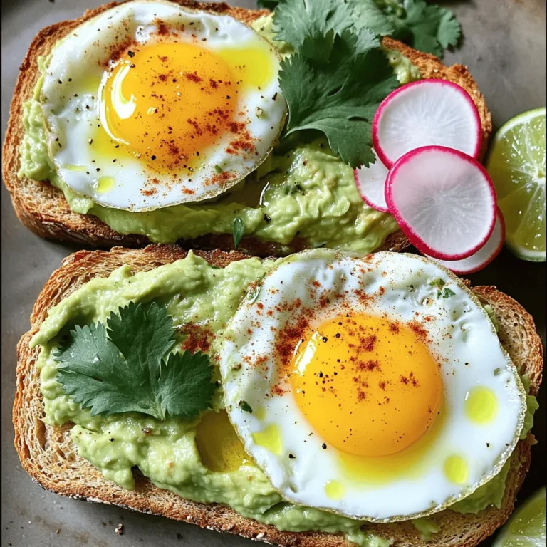 - 2 ripe avocados - 4 slices of whole grain bread - 4 large eggs - 1 tablespoon extra virgin olive oil - 1 teaspoon garlic powder - 1 teaspoon smoked paprika - Sea salt and freshly cracked black pepper, to taste - Fresh cilantro leaves, for garnish - Thinly sliced radishes, for topping - A squeeze of fresh lime juice Each ingredient plays a key role in this dish. - Avocados are rich in healthy fats. They help keep your heart healthy. - Whole grain bread adds fiber, which is good for digestion. - Eggs provide protein, helping you feel full longer. - Olive oil is packed with antioxidants and good fats. - Garlic powder adds flavor and may boost your immune system. - Smoked paprika gives a nice smoky taste. - Sea salt and black pepper enhance all the flavors. - Cilantro adds freshness and a nice pop of color. - Radishes provide a crunchy texture and are low in calories. - Lime juice brightens the dish with its zesty flavor. Not all ingredients need to be set in stone. Here are some easy swaps: - If you can't find ripe avocados, use guacamole instead. - Any bread works, but gluten-free bread suits those with gluten issues. - Swap eggs for tofu for a plant-based option. - Use any oil, like avocado oil, if you don't have olive oil. - Fresh herbs can replace cilantro if you prefer something different. - Try different spices like chili powder for a kick. This recipe gives you room to play and make it yours! For the full recipe, refer back to the main section. 1. Toast the Bread: Start by preheating your toaster or a pan to medium heat. Toast four slices of whole grain bread until they turn golden brown and crispy. Set them aside on a plate. 2. Prepare the Avocado Spread: Take two ripe avocados and cut them in half. Use a spoon to scoop the green flesh into a medium bowl. Mash them with a fork until slightly chunky. Add one teaspoon of garlic powder, one teaspoon of smoked paprika, sea salt, and freshly cracked black pepper. Squeeze fresh lime juice into the bowl. Mix everything well and taste it. Adjust the seasoning if needed. 1. Cook the Eggs: In a non-stick skillet, pour one tablespoon of extra virgin olive oil. Heat it over medium heat until it shimmers. Crack four large eggs gently into the skillet. Make sure they have enough space. Cook them until the whites are set, but the yolks are still runny. This usually takes about 3-4 minutes. Season the eggs with a pinch of salt and pepper. 1. Assemble the Toast: Take each slice of toasted bread. Spread a generous layer of your avocado mixture on top. Make sure it’s even. 2. Top with Eggs: Carefully place one cooked egg on each slice. Let the warm yolk flow into the avocado. 3. Garnish: Finish your dish by sprinkling fresh cilantro leaves on top. Add thinly sliced radishes for a nice crunch. For a special touch, arrange the avocado toast on a large platter. Drizzle a little extra olive oil on top. Serve with lime wedges for extra zing. Enjoy your simple and delicious avocado toast with egg! For more details, check the Full Recipe. To get the best flavor, use ripe avocados. They should feel soft when you press them gently. Cut them in half and remove the pit. Scoop the flesh into a bowl. Use a fork to mash it until it’s slightly chunky. This texture adds to the taste. Add garlic powder, smoked paprika, sea salt, and lime juice for extra flavor. These spices make the avocado shine. Taste it and adjust the seasonings as needed. Cooking eggs can be simple if you follow a few tips. Use a non-stick skillet for easy cooking. Heat the skillet over medium heat and add olive oil. Wait until the oil shimmers before adding the eggs. Crack each egg gently, keeping space between them. Cook until the whites are set and the yolks are still runny. This sunny-side-up style works great. If you like them cooked more, just flip them carefully. Season with salt and pepper right before serving. How you present your avocado toast is key. Arrange the toast on a large platter for a beautiful display. Top each slice with a warm egg, letting the yolk run a bit. Add fresh cilantro leaves for a pop of color. Thinly sliced radishes give a nice crunch and look great on top. Drizzle a bit of olive oil for shine. Serve with lime wedges on the side. This way, everyone can add a splash of lime juice before taking a bite. Enjoy your creation! {{image_4}} You can change up your avocado toast with many tasty toppings. Try sliced tomatoes for sweetness. Feta cheese adds a creamy bite. For a spicy twist, sprinkle some red pepper flakes on top. You can also use a poached egg instead of fried for a softer texture. Sliced cucumbers give a fresh crunch. Each topping brings a new flavor to your dish. You can cook your eggs in many ways. If you like soft eggs, try poaching them. Poached eggs have a silky texture and go well with avocado. For a firmer bite, scramble your eggs with a bit of cheese. You could also bake them in the oven for an easy option. Just crack the eggs into a dish and bake until set. Each method will change the toast’s taste and feel. Boost your avocado toast with fun flavors. Add a drizzle of hot sauce for heat. A sprinkle of everything bagel seasoning brings great taste. You can mix in herbs like basil or dill for freshness. For a sweet touch, top with sliced strawberries or a drizzle of honey. These small additions can make your meal feel special and unique. For the full recipe, check out Avocado Toast with a Twist. If you have leftover avocado toast, it’s best to store it in the fridge. Place it in an airtight container. This helps keep it fresh. Use it within one day for the best taste. The avocado may brown, but you can scrape off the top layer before eating. You can freeze some of the ingredients for later use. Avocados freeze well, but they change texture. To freeze, mash them and add lime juice. This helps prevent browning. Store the mash in freezer bags. You can also freeze bread. Slice it first, then wrap and seal tightly. To reheat your toast, use a toaster or oven. This keeps the bread crispy. Avoid the microwave, as it can make the toast soggy. For eggs, reheat on low heat in a pan. Add a splash of water to keep them moist. Enjoy your avocado toast warm for the best flavor! Yes, you can prepare some parts ahead of time. Toast the bread and cook the eggs in advance. Keep them in the fridge. However, I recommend making the avocado spread fresh. It tastes best when it is creamy and bright. To keep your avocado fresh, use lime juice. The acid slows down browning. Store any leftover avocado in an airtight container. You can also cover it tightly with plastic wrap. Press it directly on the surface to limit air exposure. Whole grain bread works great for avocado toast. It adds a nice texture and flavor. You can also try sourdough or multigrain bread. They provide a solid base for your toppings. Choose a bread you like to enjoy your meal even more. For the full recipe, check out [Full Recipe]. In this post, we covered key ingredients for avocado toast and their benefits. We shared easy steps for preparation, cooking, and serving. You learned tips to perfect the avocado mash and cook eggs. We explored different toppings, flavor enhancements, and how to store leftovers. Remember, avocado toast is versatile and simple. Now, you can make a great meal at home. Enjoy experimenting with flavors and techniques!