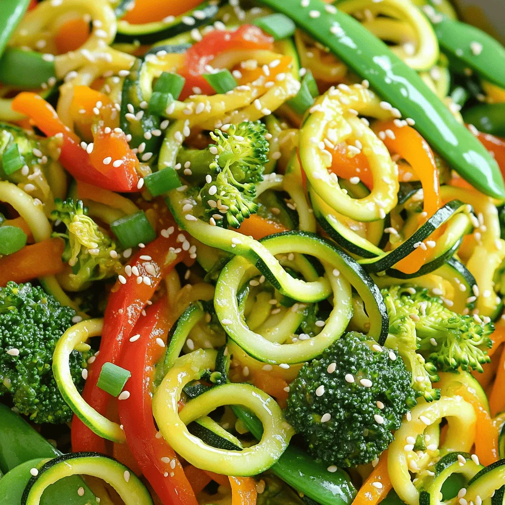 - Zucchini noodles (3 medium zucchinis) - Fresh vegetables (bell peppers, broccoli, snap peas, carrot) - Garlic (3 cloves, minced) - Ginger (1 tablespoon, freshly grated) - Soy sauce and honey (2 tablespoons soy sauce, 1 tablespoon honey) - Crushed red pepper flakes (1 teaspoon, adjust for spice) - Sesame seeds and green onions for garnish Zucchini noodle stir fry is a vibrant dish. The main ingredients create a colorful base. You can spiralize zucchinis to make the noodles. Each zucchini gives you about a cup of noodles. For a fresh touch, I love mixing in bell peppers, broccoli, snap peas, and carrots. Choose any colors you like! Flavor enhancers bring out the best in your stir fry. Garlic adds a strong aroma and taste. I use three cloves, minced finely. Ginger gives it warmth, so I use one tablespoon, freshly grated. Soy sauce and honey create a balanced flavor. Two tablespoons of soy sauce and one tablespoon of honey work wonders together. If you want some heat, consider crushed red pepper flakes. One teaspoon adds a nice kick. You can adjust the spice level to your liking. For a beautiful finish, sprinkle sesame seeds and chopped green onions on top. They add crunch and a pop of color. Check the full recipe for all the steps to make this delicious dish! First, take 3 medium zucchinis. Use a spiralizer to create long, thin noodles. If you don’t have a spiralizer, a vegetable peeler works great too. Just make sure to cut the zucchini into thin strips. After spiralizing, set the noodles aside in a bowl. In a large skillet or wok, heat 2 tablespoons of sesame oil over medium-high heat. Wait until the oil shimmers. Then, add 3 cloves of minced garlic and 1 tablespoon of freshly grated ginger. Stir constantly for about 30 seconds. This step releases the lovely aromas without burning them. Next, add 1 cup of sliced bell peppers, 1 cup of broccoli florets, 1 cup of snap peas, and 1 medium carrot that is julienned or thinly sliced. Stir-fry these veggies for about 4 to 5 minutes. You want them tender but still crisp. Keeping that crunch makes the dish more enjoyable. Now it’s time to bring everything together. Add the prepared zucchini noodles to the skillet. Pour in 2 tablespoons of soy sauce, 1 tablespoon of honey (or maple syrup), and if you like spice, add 1 teaspoon of crushed red pepper flakes. Stir everything together. Cook for another 2 to 3 minutes. This warms the noodles while keeping them a bit firm. Once everything is mixed well and heated through, you’re all set. Enjoy this fresh dish right away! For the full recipe, check out the details above. To cook a great stir-fry, you need high heat. Heat your pan or wok on medium-high until it feels hot. This helps to sear the veggies while keeping them crisp. Timing is also key. Cook the bell peppers and broccoli first, as they take longer to soften. After 3-4 minutes, add the snap peas and carrots. They need less time. Stir-fry until they stay vibrant and crunchy. You can change the taste by swapping sauces. Try teriyaki or garlic sauce for a twist. Use honey or maple syrup for sweetness, but adjust to your taste. If you want protein, add chicken, shrimp, or tofu. Cook it first, then add veggies and noodles. This makes the dish heartier and more filling. A good stir-fry pan or wok is essential. It should have a flat bottom for even heat. Look for one with a non-stick surface to make cooking easier. For making zucchini noodles, a spiralizer works best. If you don’t have one, a vegetable peeler can create thin strips. Both methods give you those great noodles for your dish. For the full recipe, check out Zesty Zucchini Noodle Stir Fry. {{image_4}} To make this dish gluten-free, switch soy sauce for tamari. Tamari offers a similar taste without gluten. You can also swap other ingredients too. Use coconut aminos instead of soy sauce or tamari. For sweetness, maple syrup can replace honey. Change the vegetables based on the season. In spring, add asparagus or peas. In fall, try butternut squash or kale. Adjust flavors too; use lighter sauces in summer. In winter, add heartier spices like cumin or nutmeg. Make this dish appealing to kids by adding familiar veggies. Carrots, bell peppers, and peas are often favorites. Lower the spice levels by skipping the red pepper flakes. You can also add a little more honey for sweetness. To keep your stir fry fresh, refrigerate it right away. Place your stir fry in a container. Make sure it seals well. Glass or plastic containers both work well. Always allow it to cool before sealing. This helps prevent moisture buildup. You can freeze zucchini noodle stir fry for later use. First, let it cool completely. Then, scoop portions into freezer bags or airtight containers. Squeeze out as much air as possible. This prevents freezer burn. To reheat, thaw overnight in the fridge. Warm it in a skillet or microwave. Add a splash of water to help steam it back to life. In the fridge, your stir fry lasts about 3 to 4 days. Always check for signs of spoilage. If it smells off or has a slimy texture, throw it away. Fresh food is the best food! You can use a vegetable peeler. Simply peel the zucchini into thin strips. You can also use a box grater to shred the zucchini. This creates noodle-like strands. Both methods work well if you lack a spiralizer. Yes, you can prep ingredients ahead of time. Chop your veggies and store them in the fridge. You can spiralize the zucchini a few hours before cooking. Just keep it in a sealed container to avoid moisture loss. This dish pairs well with proteins. Try grilled chicken, shrimp, or tofu. You can also serve it with rice or quinoa. A side salad can add freshness to your meal. Yes, zucchini noodle stir fry is very healthy. Zucchini is low in calories and high in fiber. The mix of fresh veggies adds vitamins and minerals. You also get healthy fats from sesame oil. This dish is a great choice for a balanced meal. For the full recipe, refer to the Zesty Zucchini Noodle Stir Fry. Zucchini noodle stir-fry offers a fun and healthy meal option. We explored the key ingredients, from fresh veggies to flavor enhancers like garlic and ginger. You learned how to prepare and cook each element to keep everything crisp. I shared tips for perfecting your stir-fry and creating variations that suit your taste. Remember, you can easily adapt this dish for different diets or seasons. Now, it's your turn to make this tasty recipe and enjoy a nutritious meal!