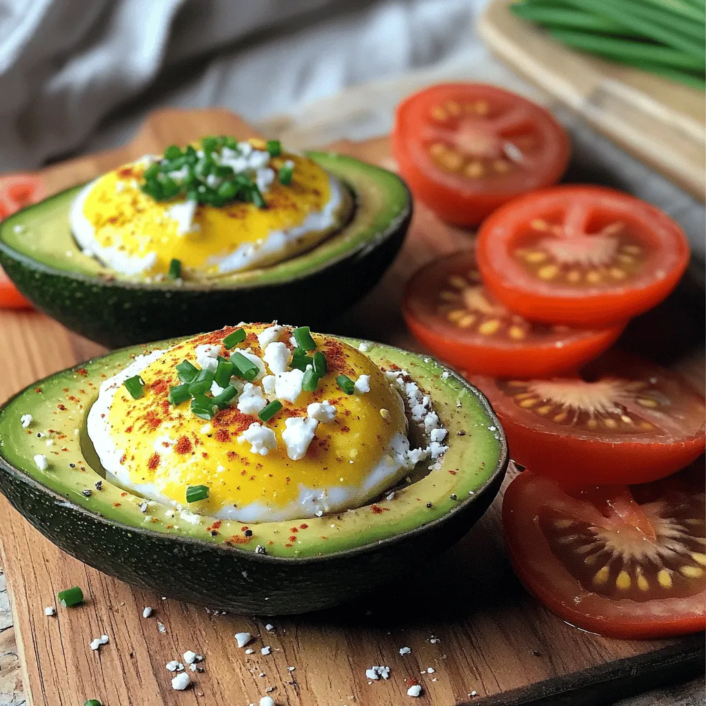 - 2 ripe avocados - 4 small eggs - Salt and freshly ground black pepper to taste - 2 tablespoons chopped fresh chives - 2 tablespoons crumbled feta cheese - 1 teaspoon paprika - 1 teaspoon olive oil Baked avocado eggs provide a healthy start. Each serving has about: - Calories: 300 - Total Fat: 20g - Protein: 12g - Carbohydrates: 10g These eggs are rich in healthy fats and protein. The avocados add fiber, which is great for digestion. Feta cheese boosts your calcium intake too. This dish is not just tasty; it’s also nutritious! You get a good mix of macronutrients to fuel your day. - Preheat oven to 425°F (220°C). - Slice avocados in half and remove the pit. Start by preheating your oven. This step ensures your baked avocado eggs cook perfectly. Next, use a sharp knife to slice the avocados lengthwise. Be careful here, as you don’t want to cut yourself. Gently pop out the pit. If the avocado is ripe, it should come out easily. Use a spoon to scoop out a little flesh from the center of each half. This creates space for the eggs to fit snugly. - Arrange avocado halves in a baking dish. - Crack eggs into the avocado halves and season. Now, place the avocado halves in a baking dish. If they wobble, crumple some aluminum foil. This will help keep them steady while baking. Next, crack an egg into each avocado half. Be careful not to spill any egg white. If your eggs are large, you can remove a bit of the white for a better fit. After that, season each egg with salt, black pepper, and paprika. These spices bring out the rich taste of the eggs and avocados. - Bake and check for doneness. - Add toppings before serving. Now it's time to bake! Put the dish in your preheated oven for 12 to 15 minutes. Keep an eye on the eggs. If you like runny yolks, bake for less time. For firmer yolks, bake a bit longer. After baking, take the dish out of the oven. Top each avocado with chives and feta cheese. These add color and flavor. Let the dish cool for a minute before digging in. Enjoy your creation! For the full recipe, visit the provided link. To get baked eggs just right, timing is key. Monitor the baking time closely. If you prefer runny yolks, aim for about 12 minutes. For firmer yolks, add a few more minutes. Adjusting the size of your avocados can help too. If you use larger eggs, choose bigger avocados to fit them snugly. Want to amp up the taste? Consider adding more seasonings. A sprinkle of garlic powder or a dash of cayenne can add a nice kick. You might also try fresh herbs like basil or parsley for added freshness. When it comes to toppings, think outside the box. You can swap feta cheese for goat cheese or even some crispy bacon bits for extra flavor. To serve your baked avocado eggs beautifully, use a rustic wooden board. It adds charm and style to your dish. Garnish with extra chives for a pop of color. Pair your dish with sliced tomatoes or a side salad for a balanced meal. A glass of fresh juice or a light smoothie can make this meal feel even more special. For a delightful experience, serve with crispy toasted bread for dipping. {{image_4}} You can make baked avocado eggs even more fun by swapping ingredients. Different cheeses can change the flavor. Try goat cheese for a tangy kick or cheddar for a classic taste. You can also play with spices. Instead of paprika, use chili powder for heat. Garlic powder adds a great depth. Experiment with dried herbs, like oregano or thyme. Each swap will give you a new dish! Want to make it vegan or dairy-free? You can easily swap the eggs. Use silken tofu instead! Just blend it until smooth and fill the avocado halves. Add a splash of turmeric for color. For a gluten-free meal, you’re already set! This dish is naturally gluten-free. Just ensure your toppings and sides also meet this need. Baked avocado eggs shine as part of a brunch spread. Pair them with fresh fruit and pastries for a colorful table. You can also serve them in a breakfast bowl. Add quinoa, spinach, or even salsa for a tasty twist. These ideas make the dish flexible for any meal. So, feel free to mix and match! Check out the Full Recipe for more details. To store baked avocado eggs, first let them cool. Place them in an airtight container. This keeps them fresh and tasty. You can store leftovers in the fridge for up to two days. If you want to keep them longer, consider freezing them. When it's time to eat your leftovers, use the oven for reheating. Preheat it to 350°F (175°C). Place the eggs in a baking dish and cover with foil. Heat them for about 10 minutes. This keeps the eggs from drying out. You can also use a microwave, but it may change the texture. Heat in short bursts, checking often to avoid overcooking. Freezing baked avocado eggs is not the best option. The texture of the eggs can change. However, if you must freeze them, follow these steps: 1. Let the eggs cool completely. 2. Wrap each avocado half tightly in plastic wrap. 3. Place them in a freezer bag or container. 4. Label with the date and freeze for up to one month. To thaw, place them in the fridge overnight. Reheat gently in the oven to avoid rubbery eggs. Enjoy your baked avocado eggs fresh for the best taste! For the full recipe, check out the ingredients and instructions above. Baked avocado eggs stay fresh in the fridge for about 2 days. Store them in an airtight container. Ensure they cool down before placing them inside. This helps keep them safe and tasty. The longer they sit, the more the texture may change. Yes, you can use larger eggs! Just be careful when cracking them. You might need to scoop out a bit more avocado flesh. This makes room for the egg white. If you do not make enough space, the egg could overflow. Baked avocado eggs pair well with many sides. Try serving them with: - Sliced tomatoes - Crispy toasted bread - Fresh salad - A side of fruit These options add color and flavor. They make the meal more balanced and fun. Yes, baked avocado eggs are healthy! They offer good fats from avocados. Eggs provide protein, making this dish filling. The dish also has vitamins and minerals. Feta cheese adds flavor and calcium. Overall, this meal is a nutritious choice for breakfast or brunch. For more details, check the Full Recipe. Baked avocado eggs are a tasty and healthy breakfast option. You learned about the key ingredients, like avocados and eggs, and the simple steps to prepare them. Nutrition facts show they're good for you. With tips for perfecting the dish and fun ways to serve, you can impress anyone. Whether you want to swap ingredients or store leftovers, these eggs fit your needs. Enjoy your meal and inspire others with this easy recipe!