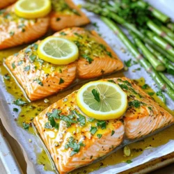 - 4 salmon fillets (approximately 6 oz each) - 2 lemons (one for thin slices, one for juicing) - 3 tablespoons extra virgin olive oil - 3 cloves garlic, finely minced - 1 teaspoon dried oregano - 1 teaspoon dried thyme - Salt and freshly ground pepper, to taste - 1 pound fresh asparagus, trimmed - Fresh parsley, chopped, for garnish In this dish, the salmon shines with its rich flavor. The lemons add brightness. The olive oil keeps everything moist and tasty. Fresh garlic brings a lovely aroma. Dried herbs like oregano and thyme enhance the flavor. The asparagus pairs well with the salmon. It adds a crisp texture and fresh taste. Fresh parsley gives a nice finish. It adds color and a hint of freshness. For the best taste, use quality ingredients. Fresh salmon and ripe lemons make a huge difference. You can find the full recipe [here]. First, preheat your oven to 400°F (200°C). This step is key for even cooking. Next, line a large sheet pan with parchment paper. This helps with cleanup and prevents sticking. In a small bowl, mix 3 tablespoons of olive oil, 3 minced garlic cloves, and the juice from one lemon. Add 1 teaspoon of dried oregano, 1 teaspoon of dried thyme, and sprinkle in some salt and pepper. Whisk until it smells great! Now, place the 4 salmon fillets on one half of the prepared sheet pan. Drizzle half of the olive oil mixture over the salmon. Make sure each fillet gets a good coating for the best flavor. On the other half, add 1 pound of trimmed asparagus in a single layer. Drizzle the rest of the olive oil mixture over the asparagus. Toss them gently so they are well coated too. Cut the second lemon into thin slices. Lay these lemon slices on top of the salmon fillets. This adds a fresh, zesty flavor as it bakes. Now, put the sheet pan in the oven and bake for about 12-15 minutes. The salmon is done when it flakes easily with a fork. The asparagus should be tender but still crisp. After baking, let the sheet pan cool for a few minutes. You can sprinkle fresh parsley on top for a nice finish. For the full recipe, check the details above! To achieve the ideal texture and flavor in your salmon, start with fresh fillets. Look for bright, shiny skin and a fresh smell. Use a high-quality extra virgin olive oil for the best taste. Drizzle it generously over the salmon before baking. This helps keep the fish moist and adds rich flavor. After baking, let your salmon rest for a few minutes. This step is crucial as it allows the juices to redistribute, ensuring every bite is tender and juicy. For perfect asparagus, choose thin, tender stalks. This will help them cook evenly. Arrange them in a single layer on the sheet pan. Too much crowding can steam them instead of roasting. Remember to keep them tender-crisp; they should snap when bent. If you want to switch things up, try other veggies. Broccoli, bell peppers, or zucchini work well. Each adds its unique taste and texture to the dish. Presentation makes a big difference. Serve the salmon and asparagus right on the sheet pan for a rustic look. Or, transfer them to individual plates for a more polished meal. Adding a lemon wedge on the side brightens the dish and adds a splash of color. Pair this meal with a light salad or roasted potatoes. A crisp white wine, like Sauvignon Blanc, complements the flavors perfectly. For a cozy touch, add some warm, crusty bread to soak up any leftover juices. This will make your meal even more delightful. For the full recipe, check out the details above. {{image_4}} You can change the flavor of your salmon easily. Try adding different herbs or spices. For example, dill or basil can give a fresh twist. You can also add a glaze or marinade. Sweet teriyaki or spicy chili sauce both taste great on salmon. Just brush them on before baking. Salmon pairs well with many different veggies. Broccoli, bell peppers, or zucchini are good choices. You can also use seasonal veggies like Brussels sprouts in the fall or green beans in the summer. These swaps keep your meal fresh and exciting! If you have dietary restrictions, don't worry! This dish is already gluten-free. For low-carb options, skip starchy sides. Instead, serve your salmon with a salad or sautéed greens. You can add nuts or seeds for extra crunch and healthy fats. To keep your leftovers fresh, store them in airtight containers. Place salmon and asparagus in separate containers to maintain texture. Make sure to cool the dish to room temperature before sealing. This helps prevent condensation and sogginess. For best taste, refrigerate within two hours of cooking. If you want to freeze them, wrap the salmon and asparagus tightly in plastic wrap, then place them in freezer bags. This will help keep them fresh for up to three months. When reheating salmon, the best method is the oven. Preheat your oven to 350°F (175°C). Place the salmon on a baking sheet and cover it with foil. This keeps it moist. Heat for about 10 minutes or until warmed through. For asparagus, you can use the microwave. Heat it in short bursts, stirring in between. Avoid overcooking, as this can make the asparagus mushy. A common mistake is reheating at too high a temperature, which can dry out the salmon. In the refrigerator, your cooked salmon and asparagus will last about three days. Make sure to check for any off smells or changes in color. If the salmon appears dull or the asparagus looks slimy, it’s best to toss them. Always trust your senses; if something seems off, don't eat it. Keeping track of how long your leftovers last helps you enjoy them at their best. The best internal temperature for salmon is 145°F (63°C). At this temperature, the salmon becomes flaky and moist. Use a meat thermometer to check the thickest part of the fillet. If it reads 145°F, your salmon is ready to eat! Yes, you can use frozen salmon. You need to thaw it first for even cooking. Place the frozen salmon in the fridge overnight or use the cold-water method. For the cold-water method, seal the salmon in a bag and submerge it in cold water for about an hour. This keeps the fish safe while it thaws. To prep ahead, marinate the salmon and store it in the fridge for up to two hours. You can also chop the asparagus and mix the olive oil with garlic and herbs in advance. Just keep everything in the fridge until you're ready to cook. This makes meal prep easy and fast! Yes, sheet pan cooking is very healthy! Cooking salmon with veggies keeps the meal balanced. Salmon is rich in omega-3 fatty acids, which are good for your heart. The asparagus adds fiber and vitamins. This method also uses less oil, making it a lighter option. Plus, it’s easy to clean up! This article covers how to make delicious Sheet Pan Lemon Salmon. You learned about the key ingredients, cooking tips, and ways to customize the dish. Remember, using fresh ingredients like salmon and asparagus enhances flavor and health benefits. Follow the steps to achieve a perfect meal. Store leftovers correctly to enjoy again later. With these insights, you'll impress everyone at your dinner table. Happy cooking!