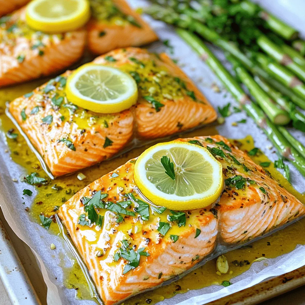 - 4 salmon fillets (approximately 6 oz each) - 2 lemons (one for thin slices, one for juicing) - 3 tablespoons extra virgin olive oil - 3 cloves garlic, finely minced - 1 teaspoon dried oregano - 1 teaspoon dried thyme - Salt and freshly ground pepper, to taste - 1 pound fresh asparagus, trimmed - Fresh parsley, chopped, for garnish In this dish, the salmon shines with its rich flavor. The lemons add brightness. The olive oil keeps everything moist and tasty. Fresh garlic brings a lovely aroma. Dried herbs like oregano and thyme enhance the flavor. The asparagus pairs well with the salmon. It adds a crisp texture and fresh taste. Fresh parsley gives a nice finish. It adds color and a hint of freshness. For the best taste, use quality ingredients. Fresh salmon and ripe lemons make a huge difference. You can find the full recipe [here]. First, preheat your oven to 400°F (200°C). This step is key for even cooking. Next, line a large sheet pan with parchment paper. This helps with cleanup and prevents sticking. In a small bowl, mix 3 tablespoons of olive oil, 3 minced garlic cloves, and the juice from one lemon. Add 1 teaspoon of dried oregano, 1 teaspoon of dried thyme, and sprinkle in some salt and pepper. Whisk until it smells great! Now, place the 4 salmon fillets on one half of the prepared sheet pan. Drizzle half of the olive oil mixture over the salmon. Make sure each fillet gets a good coating for the best flavor. On the other half, add 1 pound of trimmed asparagus in a single layer. Drizzle the rest of the olive oil mixture over the asparagus. Toss them gently so they are well coated too. Cut the second lemon into thin slices. Lay these lemon slices on top of the salmon fillets. This adds a fresh, zesty flavor as it bakes. Now, put the sheet pan in the oven and bake for about 12-15 minutes. The salmon is done when it flakes easily with a fork. The asparagus should be tender but still crisp. After baking, let the sheet pan cool for a few minutes. You can sprinkle fresh parsley on top for a nice finish. For the full recipe, check the details above! To achieve the ideal texture and flavor in your salmon, start with fresh fillets. Look for bright, shiny skin and a fresh smell. Use a high-quality extra virgin olive oil for the best taste. Drizzle it generously over the salmon before baking. This helps keep the fish moist and adds rich flavor. After baking, let your salmon rest for a few minutes. This step is crucial as it allows the juices to redistribute, ensuring every bite is tender and juicy. For perfect asparagus, choose thin, tender stalks. This will help them cook evenly. Arrange them in a single layer on the sheet pan. Too much crowding can steam them instead of roasting. Remember to keep them tender-crisp; they should snap when bent. If you want to switch things up, try other veggies. Broccoli, bell peppers, or zucchini work well. Each adds its unique taste and texture to the dish. Presentation makes a big difference. Serve the salmon and asparagus right on the sheet pan for a rustic look. Or, transfer them to individual plates for a more polished meal. Adding a lemon wedge on the side brightens the dish and adds a splash of color. Pair this meal with a light salad or roasted potatoes. A crisp white wine, like Sauvignon Blanc, complements the flavors perfectly. For a cozy touch, add some warm, crusty bread to soak up any leftover juices. This will make your meal even more delightful. For the full recipe, check out the details above. {{image_4}} You can change the flavor of your salmon easily. Try adding different herbs or spices. For example, dill or basil can give a fresh twist. You can also add a glaze or marinade. Sweet teriyaki or spicy chili sauce both taste great on salmon. Just brush them on before baking. Salmon pairs well with many different veggies. Broccoli, bell peppers, or zucchini are good choices. You can also use seasonal veggies like Brussels sprouts in the fall or green beans in the summer. These swaps keep your meal fresh and exciting! If you have dietary restrictions, don't worry! This dish is already gluten-free. For low-carb options, skip starchy sides. Instead, serve your salmon with a salad or sautéed greens. You can add nuts or seeds for extra crunch and healthy fats. To keep your leftovers fresh, store them in airtight containers. Place salmon and asparagus in separate containers to maintain texture. Make sure to cool the dish to room temperature before sealing. This helps prevent condensation and sogginess. For best taste, refrigerate within two hours of cooking. If you want to freeze them, wrap the salmon and asparagus tightly in plastic wrap, then place them in freezer bags. This will help keep them fresh for up to three months. When reheating salmon, the best method is the oven. Preheat your oven to 350°F (175°C). Place the salmon on a baking sheet and cover it with foil. This keeps it moist. Heat for about 10 minutes or until warmed through. For asparagus, you can use the microwave. Heat it in short bursts, stirring in between. Avoid overcooking, as this can make the asparagus mushy. A common mistake is reheating at too high a temperature, which can dry out the salmon. In the refrigerator, your cooked salmon and asparagus will last about three days. Make sure to check for any off smells or changes in color. If the salmon appears dull or the asparagus looks slimy, it’s best to toss them. Always trust your senses; if something seems off, don't eat it. Keeping track of how long your leftovers last helps you enjoy them at their best. The best internal temperature for salmon is 145°F (63°C). At this temperature, the salmon becomes flaky and moist. Use a meat thermometer to check the thickest part of the fillet. If it reads 145°F, your salmon is ready to eat! Yes, you can use frozen salmon. You need to thaw it first for even cooking. Place the frozen salmon in the fridge overnight or use the cold-water method. For the cold-water method, seal the salmon in a bag and submerge it in cold water for about an hour. This keeps the fish safe while it thaws. To prep ahead, marinate the salmon and store it in the fridge for up to two hours. You can also chop the asparagus and mix the olive oil with garlic and herbs in advance. Just keep everything in the fridge until you're ready to cook. This makes meal prep easy and fast! Yes, sheet pan cooking is very healthy! Cooking salmon with veggies keeps the meal balanced. Salmon is rich in omega-3 fatty acids, which are good for your heart. The asparagus adds fiber and vitamins. This method also uses less oil, making it a lighter option. Plus, it’s easy to clean up! This article covers how to make delicious Sheet Pan Lemon Salmon. You learned about the key ingredients, cooking tips, and ways to customize the dish. Remember, using fresh ingredients like salmon and asparagus enhances flavor and health benefits. Follow the steps to achieve a perfect meal. Store leftovers correctly to enjoy again later. With these insights, you'll impress everyone at your dinner table. Happy cooking!