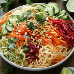 - 8 oz rice noodles - 1 cup shredded carrots - 1 cup red bell pepper, thinly sliced - 1 cup cucumber, julienned - 1 cup red cabbage, shredded - 1/2 cup fresh cilantro, roughly chopped - 1/4 cup scallions, finely chopped - 1/4 cup roasted peanuts, coarsely chopped - 1/4 cup fresh lime juice - 3 tablespoons soy sauce - 2 tablespoons sesame oil - 1 tablespoon sriracha (adjust according to your spice preference) - 1 tablespoon brown sugar - Salt and pepper to taste Freshness is key for this salad. Use crisp vegetables for the best taste and texture. I recommend sourcing organic produce when possible. You can find rice noodles in most grocery stores. Look for brands that list few ingredients for the best quality. You can swap rice noodles for quinoa or soba noodles if you prefer. For extra protein, add grilled chicken, shrimp, or tofu. If you like it spicy, try adding more sriracha or some crushed red pepper flakes. You can also toss in other vegetables, like snap peas or edamame, for more crunch. Start by boiling a large pot of water. Once it bubbles, add 8 oz of rice noodles. Cook them according to the package instructions until they are al dente. This usually takes about 5 to 7 minutes. After cooking, drain the noodles in a colander. Rinse them with cold water to cool them down. This also keeps them from sticking together. In a small bowl, combine fresh lime juice, soy sauce, sesame oil, sriracha, and brown sugar. Use a whisk to mix them until smooth. This dressing adds a zesty flavor to your salad. Set it aside for now. In a large mixing bowl, add the shredded carrots, sliced red bell pepper, julienned cucumber, shredded red cabbage, chopped cilantro, and scallions. Toss these veggies together to mix them well. Once mixed, add the cooled rice noodles to the bowl. Drizzle the prepared dressing over this colorful mix. Use tongs or forks to gently toss everything together, making sure each piece is coated in dressing. Finally, right before serving, fold in coarsely chopped roasted peanuts for extra crunch. To make perfect rice noodles, follow these steps: - Use a large pot of boiling water. - Add the noodles and stir gently. - Cook until just al dente, not too soft. - Drain and rinse them with cold water. - This stops cooking and keeps them from sticking. These steps ensure your noodles stay firm and flavorful. You can adjust the flavor of your salad easily. Here are some ideas: - Spice Level: Want more heat? Add extra sriracha or fresh chili. - Acidity: Add more lime juice for a zesty kick. - Sweetness: Increase the brown sugar for a sweeter taste. - Saltiness: Add soy sauce to enhance the savory notes. Experiment with these options to match your taste. A beautiful salad looks and tastes better. Here’s how to present it well: - Use a large bowl for serving. - Add extra cilantro on top for color. - Include lime wedges on the side. - For individual servings, plate in small bowls. - Drizzle a little extra sriracha for a pop of color. These tips will make your spicy Thai noodle salad shine on any table. For the full recipe, check out the detailed instructions above. {{image_4}} You can add protein to your Spicy Thai Noodle Salad to make it more filling. Chicken, tofu, and shrimp are great choices. - Chicken: Use grilled or poached chicken for a lean option. Slice it thinly and toss it in with the noodles. - Tofu: For a plant-based choice, use firm tofu. Cube it and pan-fry until golden. Add it to the salad for texture and flavor. - Shrimp: Cooked shrimp adds a seafood twist. Boil or grill them, then mix them in for a tasty bite. If you want a vegan or gluten-free salad, you can easily adapt the recipe. - Vegan: To keep it vegan, use tofu or leave out any animal protein. Check that the soy sauce is vegan-friendly. - Gluten-Free: Use gluten-free soy sauce or tamari. Rice noodles are already gluten-free, so you’re already on the right track! Adjust the flavors to suit your taste. - Herbs: Add fresh mint or basil for a fragrant twist. These herbs can brighten the salad and add depth. - Spices: If you love heat, try adding more sriracha or a pinch of crushed red pepper flakes. For a sweeter note, add more brown sugar. - Citrus: Lime juice is key, but you can also add orange juice for extra zing. Feel free to explore these variations to make the salad your own. You can find the full recipe above to get started! To keep your Spicy Thai Noodle Salad fresh, store it in an airtight container. This helps keep out air and moisture. Place it in the fridge as soon as you finish eating. Make sure to include any leftover dressing in a separate container. This keeps the salad crisp and prevents sogginess. This salad is best served cold, but if you want to heat it, do so gently. Place it in a pan over low heat. Stir it often, so it warms evenly. You can add a splash of water to help steam it if needed. Avoid using the microwave, as it can make the noodles mushy. For the best taste, eat your salad within three days. After that, the veggies may lose their crunch. The flavors will still be good, but the texture will change. Always check for any signs of spoilage before you dig in. Enjoy your Spicy Thai Noodle Salad while it’s fresh! For the full recipe, refer back to the earlier section. Spicy Thai Noodle Salad is a fresh and zesty dish. It features rice noodles, colorful veggies, and a spicy dressing. The salad is bright and bold, perfect for warm days or any meal. Each bite offers layers of flavor and crunch. This salad combines sweet, spicy, and tangy tastes for a delightful experience. You can serve it as a main dish or a side. Yes, you can make this salad ahead of time. It tastes even better after chilling in the fridge. Prepare the salad, but add the peanuts just before serving. This keeps them crunchy. You can store the salad in an airtight container for up to two days. The flavors will meld, making it even more delicious. Pair Spicy Thai Noodle Salad with dishes that balance its flavors. Here are some great options: - Grilled chicken skewers - Spring rolls - Thai curry - Mango salad - Coconut rice These sides complement the salad and create a vibrant meal experience. This blog post covered how to make a tasty Spicy Thai Noodle Salad. We discussed essential ingredients, from fresh veggies to protein options. I shared step-by-step cooking instructions and tips for perfecting flavor. Variations for dietary needs allow you to enjoy every bite. Lastly, proper storage tips ensure your leftovers stay fresh. You can create something delicious and unique. With practice, this dish can be a favorite! Enjoy trying out different flavors and presentations. Happy cooking!