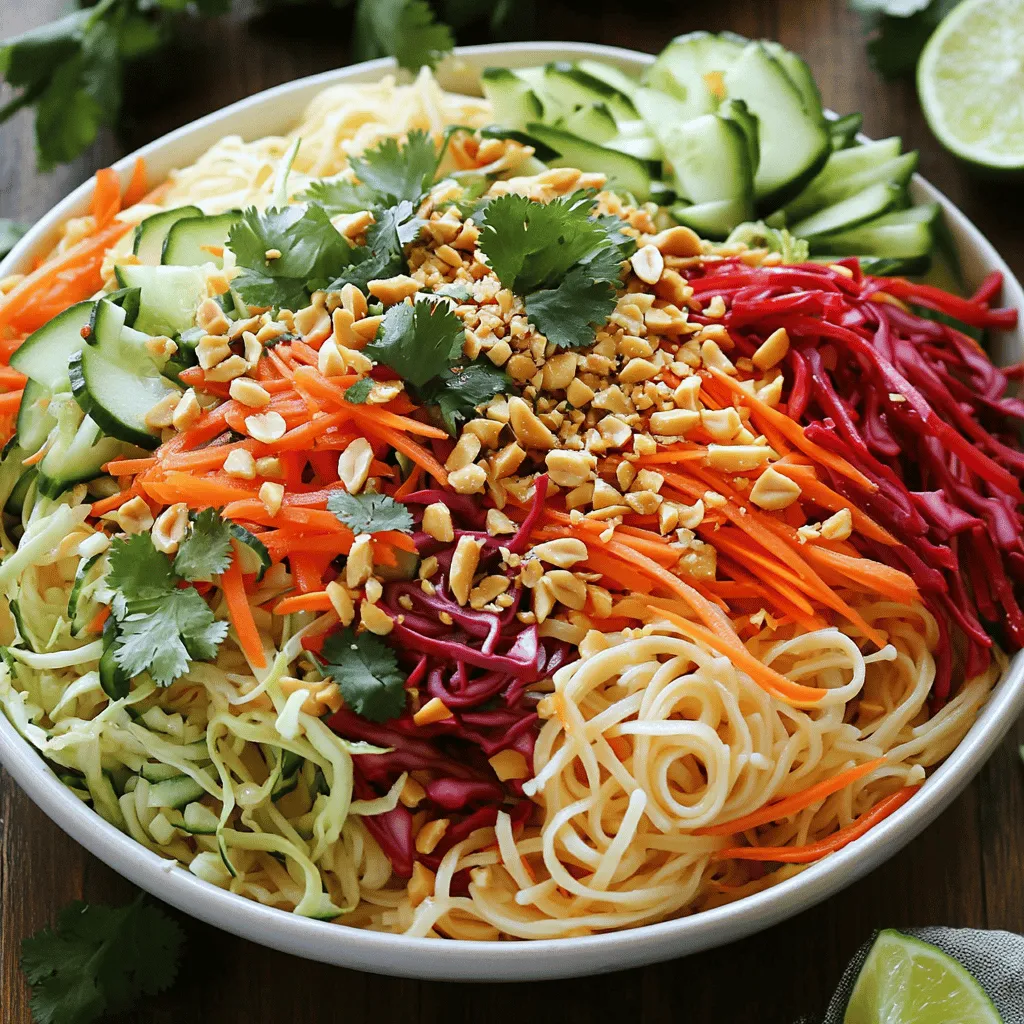 - 8 oz rice noodles - 1 cup shredded carrots - 1 cup red bell pepper, thinly sliced - 1 cup cucumber, julienned - 1 cup red cabbage, shredded - 1/2 cup fresh cilantro, roughly chopped - 1/4 cup scallions, finely chopped - 1/4 cup roasted peanuts, coarsely chopped - 1/4 cup fresh lime juice - 3 tablespoons soy sauce - 2 tablespoons sesame oil - 1 tablespoon sriracha (adjust according to your spice preference) - 1 tablespoon brown sugar - Salt and pepper to taste Freshness is key for this salad. Use crisp vegetables for the best taste and texture. I recommend sourcing organic produce when possible. You can find rice noodles in most grocery stores. Look for brands that list few ingredients for the best quality. You can swap rice noodles for quinoa or soba noodles if you prefer. For extra protein, add grilled chicken, shrimp, or tofu. If you like it spicy, try adding more sriracha or some crushed red pepper flakes. You can also toss in other vegetables, like snap peas or edamame, for more crunch. Start by boiling a large pot of water. Once it bubbles, add 8 oz of rice noodles. Cook them according to the package instructions until they are al dente. This usually takes about 5 to 7 minutes. After cooking, drain the noodles in a colander. Rinse them with cold water to cool them down. This also keeps them from sticking together. In a small bowl, combine fresh lime juice, soy sauce, sesame oil, sriracha, and brown sugar. Use a whisk to mix them until smooth. This dressing adds a zesty flavor to your salad. Set it aside for now. In a large mixing bowl, add the shredded carrots, sliced red bell pepper, julienned cucumber, shredded red cabbage, chopped cilantro, and scallions. Toss these veggies together to mix them well. Once mixed, add the cooled rice noodles to the bowl. Drizzle the prepared dressing over this colorful mix. Use tongs or forks to gently toss everything together, making sure each piece is coated in dressing. Finally, right before serving, fold in coarsely chopped roasted peanuts for extra crunch. To make perfect rice noodles, follow these steps: - Use a large pot of boiling water. - Add the noodles and stir gently. - Cook until just al dente, not too soft. - Drain and rinse them with cold water. - This stops cooking and keeps them from sticking. These steps ensure your noodles stay firm and flavorful. You can adjust the flavor of your salad easily. Here are some ideas: - Spice Level: Want more heat? Add extra sriracha or fresh chili. - Acidity: Add more lime juice for a zesty kick. - Sweetness: Increase the brown sugar for a sweeter taste. - Saltiness: Add soy sauce to enhance the savory notes. Experiment with these options to match your taste. A beautiful salad looks and tastes better. Here’s how to present it well: - Use a large bowl for serving. - Add extra cilantro on top for color. - Include lime wedges on the side. - For individual servings, plate in small bowls. - Drizzle a little extra sriracha for a pop of color. These tips will make your spicy Thai noodle salad shine on any table. For the full recipe, check out the detailed instructions above. {{image_4}} You can add protein to your Spicy Thai Noodle Salad to make it more filling. Chicken, tofu, and shrimp are great choices. - Chicken: Use grilled or poached chicken for a lean option. Slice it thinly and toss it in with the noodles. - Tofu: For a plant-based choice, use firm tofu. Cube it and pan-fry until golden. Add it to the salad for texture and flavor. - Shrimp: Cooked shrimp adds a seafood twist. Boil or grill them, then mix them in for a tasty bite. If you want a vegan or gluten-free salad, you can easily adapt the recipe. - Vegan: To keep it vegan, use tofu or leave out any animal protein. Check that the soy sauce is vegan-friendly. - Gluten-Free: Use gluten-free soy sauce or tamari. Rice noodles are already gluten-free, so you’re already on the right track! Adjust the flavors to suit your taste. - Herbs: Add fresh mint or basil for a fragrant twist. These herbs can brighten the salad and add depth. - Spices: If you love heat, try adding more sriracha or a pinch of crushed red pepper flakes. For a sweeter note, add more brown sugar. - Citrus: Lime juice is key, but you can also add orange juice for extra zing. Feel free to explore these variations to make the salad your own. You can find the full recipe above to get started! To keep your Spicy Thai Noodle Salad fresh, store it in an airtight container. This helps keep out air and moisture. Place it in the fridge as soon as you finish eating. Make sure to include any leftover dressing in a separate container. This keeps the salad crisp and prevents sogginess. This salad is best served cold, but if you want to heat it, do so gently. Place it in a pan over low heat. Stir it often, so it warms evenly. You can add a splash of water to help steam it if needed. Avoid using the microwave, as it can make the noodles mushy. For the best taste, eat your salad within three days. After that, the veggies may lose their crunch. The flavors will still be good, but the texture will change. Always check for any signs of spoilage before you dig in. Enjoy your Spicy Thai Noodle Salad while it’s fresh! For the full recipe, refer back to the earlier section. Spicy Thai Noodle Salad is a fresh and zesty dish. It features rice noodles, colorful veggies, and a spicy dressing. The salad is bright and bold, perfect for warm days or any meal. Each bite offers layers of flavor and crunch. This salad combines sweet, spicy, and tangy tastes for a delightful experience. You can serve it as a main dish or a side. Yes, you can make this salad ahead of time. It tastes even better after chilling in the fridge. Prepare the salad, but add the peanuts just before serving. This keeps them crunchy. You can store the salad in an airtight container for up to two days. The flavors will meld, making it even more delicious. Pair Spicy Thai Noodle Salad with dishes that balance its flavors. Here are some great options: - Grilled chicken skewers - Spring rolls - Thai curry - Mango salad - Coconut rice These sides complement the salad and create a vibrant meal experience. This blog post covered how to make a tasty Spicy Thai Noodle Salad. We discussed essential ingredients, from fresh veggies to protein options. I shared step-by-step cooking instructions and tips for perfecting flavor. Variations for dietary needs allow you to enjoy every bite. Lastly, proper storage tips ensure your leftovers stay fresh. You can create something delicious and unique. With practice, this dish can be a favorite! Enjoy trying out different flavors and presentations. Happy cooking!