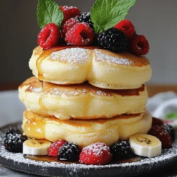 - 2 large eggs, separated - 2 tablespoons granulated sugar - 1 tablespoon milk - 1/2 teaspoon vanilla extract - 1/4 cup all-purpose flour - 1/2 teaspoon baking powder - Pinch of salt - Butter, for greasing the skillet - Maple syrup and an assortment of fresh fruits (such as berries, bananas, or kiwi) for serving To make fluffy Japanese souffle pancakes, gather these ingredients first. The eggs are key to achieving that airy texture. Separate the yolks from the whites carefully. Sugar adds sweetness and helps with whipping the egg whites. Milk and vanilla extract give the pancakes a lovely flavor. Use all-purpose flour for the right texture and baking powder to help them rise. A pinch of salt enhances the taste. Lastly, have butter ready for greasing the skillet. Fresh fruits and maple syrup are perfect for serving. Now you have everything to create these delightful pancakes. For the full recipe, check the instructions provided earlier. - Preheat the skillet over low heat. - Prepare the ring mold, if using. - Whisk egg yolks, milk, and vanilla until combined. - Sift and mix the dry ingredients. - Beat egg whites until soft peaks form. - Gradually add sugar until stiff peaks are achieved. - Carefully combine the egg yolk mixture with whipped whites. - Maintain fluffy texture by folding gently. - Grease the skillet and pour in the batter. - Cook covered until golden brown, then flip. - Stack pancakes and top with syrup and fruits. - Optional: Dust with powdered sugar and add mint for a nice look. This recipe gives you a light and fluffy treat. For the full recipe, check the details above. Enjoy your cooking! To make your pancakes fluffy, avoid overmixing the batter. Overmixing can make the pancakes dense. When you combine the dry and wet ingredients, mix just until you see no dry flour. It’s okay if there are some lumps. Whipping egg whites is key to fluffiness. Use a clean bowl and beaters. Start at a medium speed until soft peaks form. Then, add sugar slowly. Keep beating until you see stiff peaks. The egg whites should look shiny and hold their shape well. The right skillet temperature is crucial. Preheat your non-stick skillet over low heat. This helps cook the pancakes evenly without burning them. If it's too hot, the outside cooks too fast, leaving the inside raw. Cover the skillet while cooking. This traps steam, helping the pancakes rise higher. It also cooks the top more evenly, so they aren’t gooey. For toppings, think of maple syrup, fresh fruits, or whipped cream. Berries, bananas, and kiwi add great flavor and color. You can mix and match to find your favorite combo. For a beautiful presentation, stack the pancakes high. Dust them with powdered sugar at the end. Add sprigs of mint for a fresh look. This makes your dish not just tasty but also a feast for the eyes. For the full recipe, check out the complete guide. {{image_4}} You can spice up your pancakes with fun flavors. Try adding matcha for a green tea twist. You can also use cocoa powder for rich chocolate pancakes. A dash of cinnamon or nutmeg gives warmth and depth. For a citrusy touch, add lemon or orange zest to the batter. Each addition creates a new taste experience. If you need gluten-free options, swap regular flour with almond or oat flour. These work well and keep the pancakes fluffy. For a dairy-free version, use plant-based milk like almond or oat milk. You can also replace eggs with flaxseed meal. Mix one tablespoon of flaxseed with three tablespoons of water and let it sit. This mixture acts like an egg in your pancakes. Garnishing makes your pancakes look special. Pair them with a mix of fresh fruits like strawberries, blueberries, and kiwi. You can also drizzle chocolate or fruit puree for extra sweetness. A sprinkle of powdered sugar adds a touch of elegance. For a fresh burst, top with mint leaves. These little details can elevate your pancake presentation. To keep your fluffy Japanese souffle pancakes fresh, place them in an airtight container. Store them in the refrigerator for up to two days. When you want to enjoy them again, reheat using a skillet on low heat. This method helps keep them soft and fluffy. If you have extra pancakes, freezing is a great option. Allow the pancakes to cool completely. Then, stack them with parchment paper between each one. Wrap the stack tightly in plastic wrap and place it in a freezer bag. For best results, consume within one month. To thaw, place the pancakes in the fridge overnight or microwave them for a short time. In the fridge, you can expect your pancakes to stay fresh for about two days. In the freezer, they can last up to one month. Always check for any signs of spoilage before eating. Japanese souffle pancakes are light and airy. They have a soft, fluffy texture. Unlike regular pancakes, they rise high and feel like clouds. The egg whites whipped to stiff peaks give them this special fluffiness. The balance of ingredients also plays a big role. They use less flour and more eggs, which adds to their unique texture. Yes, you can make these pancakes ahead of time. However, they taste best fresh. If you plan to meal prep, cook them, then cool them completely. Store them in an airtight container in the fridge. When you’re ready to eat, reheat them gently in a skillet. This helps to keep them fluffy. The best toppings include maple syrup, whipped cream, and fresh fruits. Fruits like strawberries, blueberries, and bananas add a burst of flavor. You can also try drizzling honey or chocolate sauce. These toppings enhance the sweetness and freshness of the pancakes, making each bite delightful. You can use a regular frying pan, but a non-stick skillet works best. It helps prevent sticking and makes flipping easier. If you use a regular pan, be sure to grease it well with butter. This will help achieve the golden-brown crust on your pancakes. Using a ring mold is not necessary, but it helps shape the pancakes. If you don’t have one, you can make them without it. Just scoop the batter into a mound on the skillet. You can shape them with a spoon to keep them thick and round. Look for a golden-brown color on both sides. The pancakes should also feel firm but soft to the touch. You can gently press the top with your finger; it should spring back. If it does, your pancakes are ready to enjoy! You now have the tools to create delicious Japanese soufflé pancakes. We covered the ingredients, tools, step-by-step cooking, and tasty variations. Use my tips for fluffiness and storage to enjoy your pancakes later. Feel free to mix in unique flavors or toppings to fit your taste. With this guide, you can impress anyone with your cooking skills and enjoy a delightful treat. Happy cooking!