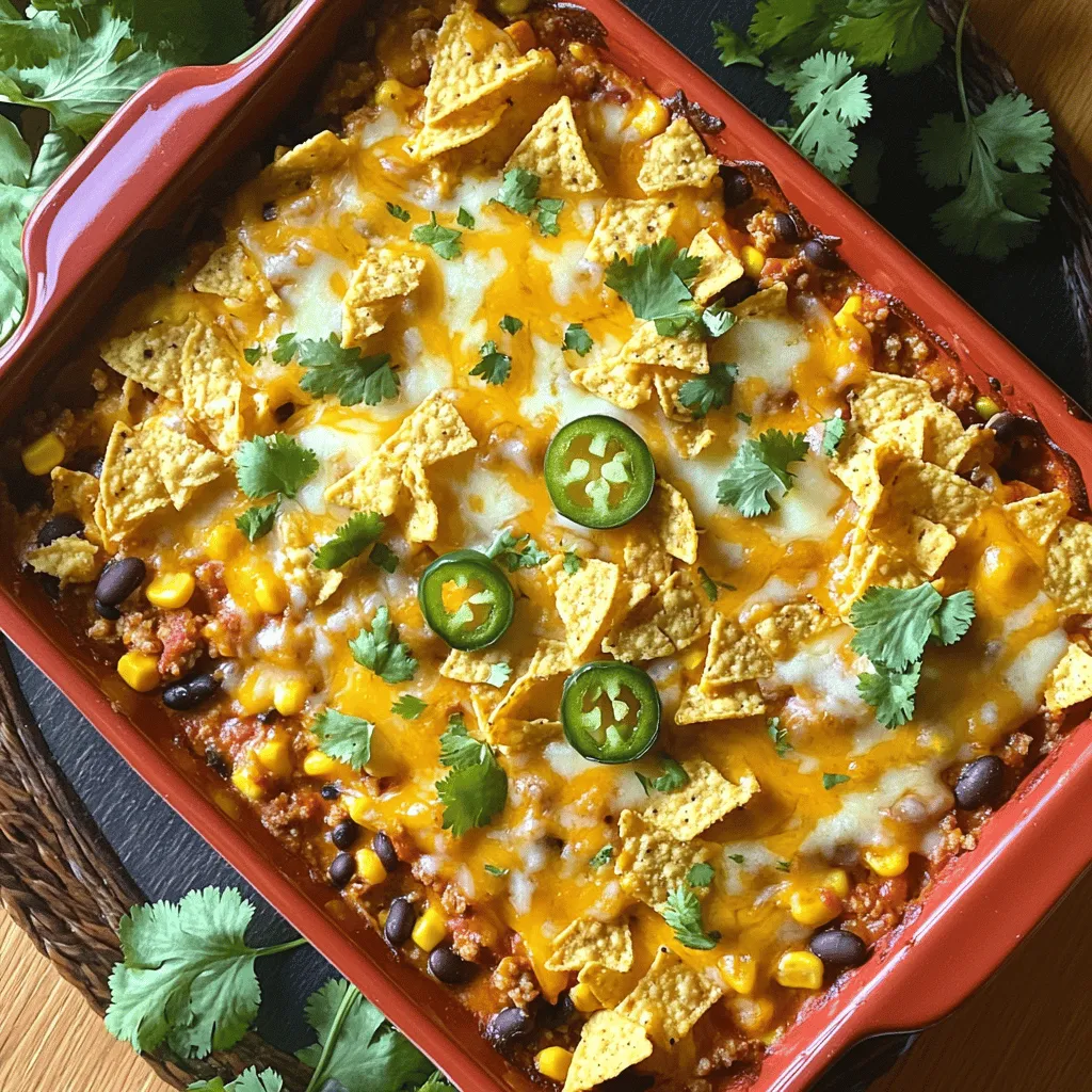 To make a tasty taco casserole, gather these main ingredients: - 1 lb (454 g) ground turkey or chicken - 1 small onion, diced finely - 2 cloves garlic, minced - 1 bell pepper (any color), diced - 1 can (15 oz / 425 g) black beans, drained and rinsed - 1 can (15 oz / 425 g) corn, drained - 1 can (10 oz / 280 g) diced tomatoes with green chilies - 1 packet taco seasoning (about 1 oz / 28 g) - 2 cups tortilla chips, slightly crushed - 2 cups shredded Mexican cheese blend - 1 cup sour cream These ingredients build rich flavors. The ground turkey or chicken is the base. The beans, corn, and tomatoes add texture. The seasoning ties it all together. You can add some fun toppings to make the dish shine: - Fresh cilantro, chopped (for garnish) - Jalapeño slices (optional, for garnish) These garnishes bring color and flavor. Fresh cilantro adds a bright note. Jalapeños give a spicy kick if you like heat. If you don’t have something, here are easy swaps: - Ground beef or pork can replace turkey or chicken. - Use any beans you have, like pinto or kidney beans. - Swap corn for frozen corn if canned is not available. - Use tortilla strips instead of chips for a crunchier texture. These substitutions keep the dish flexible. You can still enjoy a great meal with what you have on hand. For the full recipe, check the main article. Begin by preheating your oven to 350°F (175°C). This step is vital for even cooking. While the oven heats up, grab a large skillet. Place it over medium heat and make sure it’s ready for cooking. Add 1 lb of ground turkey or chicken to the skillet. Cook it for about 5-7 minutes. Use a wooden spoon to break the meat into small pieces. Once the meat is browned, it’s time to add in some veggies. Add 1 small diced onion, 2 minced garlic cloves, and 1 diced bell pepper to the skillet. Stir and sauté for another 5-7 minutes. The onion should become soft and clear. This mix adds great flavor to your casserole. Next, stir in 1 can of black beans, 1 can of corn, and 1 can of diced tomatoes with green chilies. Sprinkle in 1 packet of taco seasoning. Mix all the ingredients well and let them cook for 3-4 minutes. This blend of flavors is what makes the dish special. Now, grab a 9x13 inch baking dish and grease it well. Start layering by adding half of the crushed tortilla chips to the bottom. Then, spread half of your meat and veggie mix on top. Sprinkle 1 cup of shredded Mexican cheese over everything. Repeat these layers. Add the rest of the crushed tortilla chips, then the rest of the meat mixture, and finish with the remaining cheese on top. This creates a delicious, cheesy crust. Cover the dish tightly with foil. Place it in the oven and bake for 20 minutes. After that, remove the foil and bake for an extra 10 minutes. Keep an eye on the cheese; it should be melted and slightly golden. Once done, let the casserole cool for about 5 minutes. Serve it warm. You can add dollops of sour cream and top it with fresh cilantro and jalapeño slices if you like a bit of spice. For the full recipe, check out the details above. To make a great taco casserole, start with even layers. Use a large baking dish for this. Begin with half of your crushed tortilla chips. Then add half of your cooked meat mixture. Sprinkle one cup of cheese on top. Repeat this step until all ingredients are used. Finish with cheese on the top layer. This method ensures every bite is full of flavor. Timing is key for a perfect casserole. Preheat your oven to 350°F (175°C) before starting the layers. Bake covered for 20 minutes to trap steam. This helps cook the layers evenly. After that, remove the foil and bake for another 10 minutes. This step will melt the cheese and give it a nice, golden color. Let the dish cool for 5 minutes before serving. When serving your taco casserole, add a dollop of sour cream on top. Fresh cilantro adds a nice touch too. For some heat, add jalapeño slices. You can also serve it with avocado slices for extra creaminess. Consider pairing the casserole with a fresh salad or rice for a complete meal. Explore these ideas to make your taco night more exciting! {{image_4}} You can make a tasty vegetarian taco casserole with ease. Start by swapping the ground turkey or chicken for a mixture of lentils and mushrooms. Both add great texture and flavor. You can use black beans or pinto beans, too. For extra protein, think about adding some quinoa or chickpeas. Don't forget to add more veggies! Bell peppers, zucchini, or corn can make it colorful and fresh. For cheese lovers, use plant-based cheese to keep it vegan. If you like heat, add jalapeños or diced green chilies to the meat mix. You can mix in some hot sauce or chili powder for an extra kick. Consider using pepper jack cheese instead of the regular cheese. It melts well and adds spice. You could also top the casserole with sliced fresh chilies or hot salsa before serving. Adjust the heat to suit your taste! To make a low-carb or keto-friendly taco casserole, skip the tortilla chips. Instead, use cauliflower rice or shredded zucchini as a base. Ground beef or turkey is fine, but lean cuts work best. You can add more cheese for richness and flavor. Use low-carb beans, like black soybeans, if you want to keep some bean texture. This way, you can enjoy a hearty meal without the carbs! For the complete recipe, check out the Full Recipe section. To store leftover taco casserole, first let it cool. Once it is cool, place it in an airtight container. You can keep it in the fridge for up to three days. Make sure to cover the casserole tightly to keep it fresh. When you are ready to enjoy the leftovers, preheat your oven to 350°F (175°C). Place the casserole in a baking dish. Cover it with foil to prevent drying out. Heat it for about 20-25 minutes or until warm throughout. You can also reheat it in the microwave. Just place a serving on a microwave-safe plate and heat for 1-2 minutes. If you want to freeze the taco casserole, follow the same cooling steps. Use a freezer-safe container for best results. You can freeze it for up to three months. When you want to eat it, thaw it in the fridge overnight. Then reheat as mentioned above. With these simple steps, you can enjoy taco casserole anytime! For the full recipe, check the details above. Yes, you can make Easy Taco Casserole ahead of time. Prepare the casserole up to the baking step. Cover it tightly and store it in the fridge for up to 24 hours. When ready to eat, bake it as directed. This makes weeknight meals easier and saves time. Taco Casserole goes well with many sides. Here are some great options: - Mexican rice: Fluffy and flavorful, it complements the casserole. - Refried beans: Creamy beans add extra protein and taste. - Guacamole: Fresh and creamy, guacamole brightens the dish. - Corn salad: A fresh salad adds crunch and color. - Chips and salsa: A classic snack that everyone loves. Absolutely! You can use different types of meat in the casserole. Ground beef, pork, or even plant-based meat work well. Each option brings its own flavor. Just remember to adjust the cooking time as needed to ensure your meat is fully cooked. The Easy Taco Casserole is simple and delicious. We discussed key ingredients, step-by-step cooking, and helpful tips. You can customize it with vegetarian options or spicy add-ons for unique flavors. Storing leftovers is easy, and reheating keeps it tasty. My final thought is this dish is perfect for any meal. Enjoy creating your own version, and share it with family and friends!