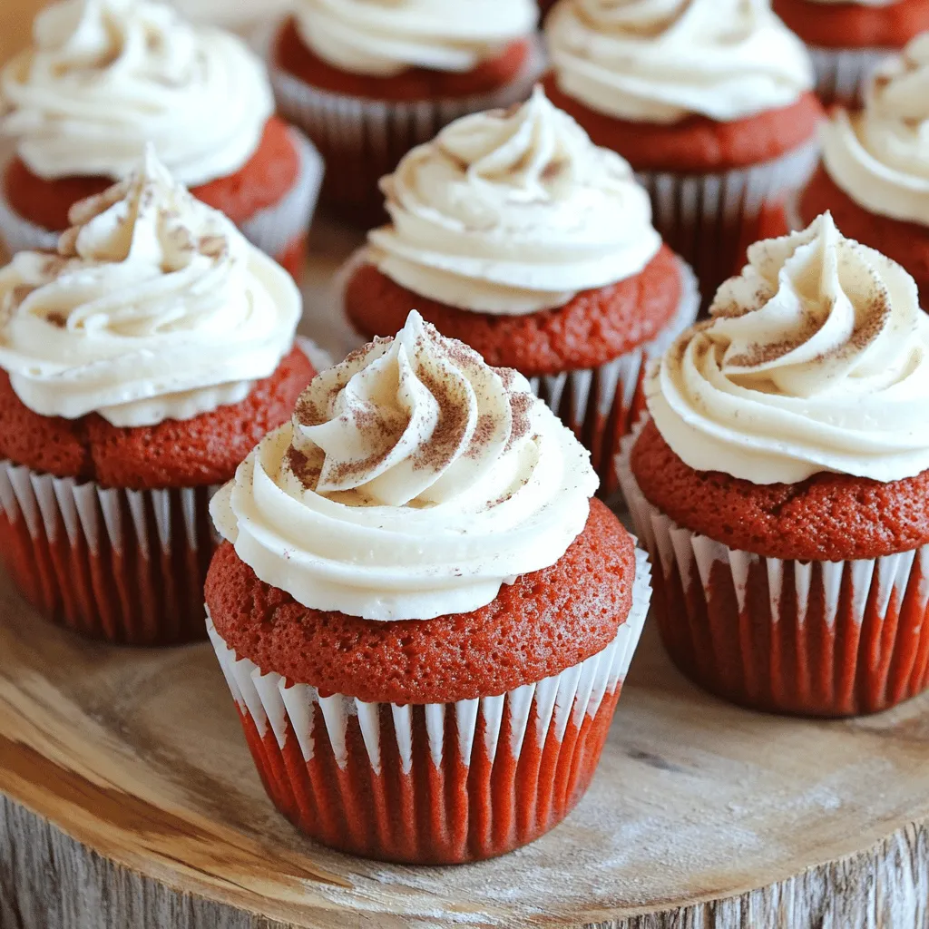 - 1 ½ cups all-purpose flour - 1 cup granulated sugar - 1 tsp baking soda - 1 tsp unsweetened cocoa powder - 1 tsp salt - 1 cup vegetable oil - 1 cup buttermilk, at room temperature - 2 large eggs, at room temperature - 2 tbsp red food coloring - 1 tsp pure vanilla extract - 1 tsp white vinegar For the Cream Cheese Frosting: - 8 oz cream cheese, softened to room temperature - ½ cup unsalted butter, softened to room temperature - 4 cups powdered sugar - 1 tsp pure vanilla extract The main star of red velvet cupcakes is the food coloring. It gives them that bright red hue. The cocoa powder adds a hint of chocolate flavor, but it does not overpower the cake. The buttermilk keeps the cupcakes moist and adds a slight tang. Using room temperature eggs helps create a smooth batter. The cream cheese frosting is rich and creamy. It balances the sweetness of the cake. The butter in the frosting adds a nice texture, while the powdered sugar sweetens it perfectly. You can replace buttermilk with regular milk mixed with a bit of vinegar. Just add 1 tsp of vinegar to 1 cup of milk, stir, and let it sit for 5 minutes. If you don’t have vegetable oil, you can use melted coconut oil or canola oil. For a lighter frosting, you could use whipped cream instead of cream cheese. If you want to skip the food coloring, use beet juice for a natural alternative. Just remember, it might change the taste a bit! Explore the Full Recipe for more details and tips to make these scrumptious treats! Start by preheating your oven to 350°F (175°C). This step is key for even baking. Next, line a standard muffin pan with cupcake liners. This makes for easy removal and adds a pop of color. In a large mixing bowl, sift together the dry ingredients. Combine 1 ½ cups of all-purpose flour, 1 cup of granulated sugar, 1 tsp of baking soda, 1 tsp of unsweetened cocoa powder, and 1 tsp of salt. Mixing these well ensures that the flavors blend nicely. In another bowl, whisk together the wet ingredients. Mix 1 cup of vegetable oil, 1 cup of buttermilk, 2 large eggs, 2 tbsp of red food coloring, 1 tsp of pure vanilla extract, and 1 tsp of white vinegar. Make sure it is smooth and fully blended. Gradually pour the wet mixture into the dry ingredients. Stir gently until just combined. It is okay to have a few lumps. Next, fill each cupcake liner about two-thirds full with batter. This allows them to rise properly. Place the muffin pan in the oven and bake for 18-20 minutes. Check for doneness by inserting a toothpick in the center of a cupcake. If it comes out clean, they are ready. Once baked, take the muffin pan out of the oven. Let the cupcakes cool in the pan for 5 minutes. Then, move them to a wire rack to cool completely. While they cool, prepare the cream cheese frosting. Beat 8 oz of softened cream cheese and ½ cup of softened butter until smooth. Gradually mix in 4 cups of powdered sugar and 1 tsp of pure vanilla extract. Once the cupcakes are cool, frost each one generously. Enjoy your beautifully crafted red velvet cupcakes from the full recipe! To get soft and fluffy red velvet cupcakes, use room-temperature ingredients. Cold butter or eggs can lead to dense cupcakes. Mix the wet and dry ingredients gently. Overmixing can create tough cupcakes. Aim for a batter that is just combined. A few small lumps are fine. One common mistake is using too much flour. Always measure flour correctly. Spoon it into the measuring cup and level it off. Another mistake is skipping the vinegar. The vinegar helps the baking soda work better, giving your cupcakes a nice rise. Don’t forget to let the cupcakes cool completely before frosting. Frosting on warm cupcakes can make a messy situation. Make your cupcakes look as good as they taste! Use a piping bag with a star tip for a professional touch. For a fun twist, top with fresh berries or chocolate shavings. You can also drizzle some melted chocolate on top for added flair. Dusting with cocoa powder or edible shimmer gives an elegant finish. For the full recipe, be sure to check out the detailed steps and ingredients listed above! {{image_4}} When it comes to frosting your red velvet cupcakes, you have options. The classic choice is cream cheese frosting. This frosting adds a tangy flavor that pairs well with the sweetness of the cupcake. It's rich and creamy, making each bite a delight. If you want a sweeter option, consider buttercream. This frosting is smooth and fluffy. You can customize it with different flavors, like vanilla or chocolate. Both frostings look beautiful when piped on top of the cupcakes. Choose the one that fits your taste! Red velvet cupcakes are great on their own, but adding flavors can make them even better. Try adding a few drops of mint extract for a refreshing twist. Almond extract can give your cupcakes a nutty taste. These small changes can create a unique experience. You can also mix in different spices. A pinch of cinnamon or nutmeg can add warmth to your cupcakes. Experimenting with flavors is fun and can surprise your friends and family with new tastes! If you or your guests have dietary needs, you can make red velvet cupcakes that fit. For gluten-free cupcakes, swap all-purpose flour with gluten-free flour blends. Many blends work well, but check the package for best results. For a vegan version, replace eggs with flax eggs or applesauce. Use plant-based milk instead of buttermilk. You can also find vegan butter for the frosting. These swaps can keep the delicious taste while making the recipe more inclusive. With these variations, your red velvet cupcakes can suit any occasion, preference, or dietary need. For the full recipe, check out the details above! To keep your leftover cupcakes fresh, place them in an airtight container. You can put a piece of parchment paper between layers to avoid sticking. Store them at room temperature for up to three days. If you want to keep them longer, the fridge is a good option. Just remember to bring them to room temp before serving. Freezing is a great way to save cupcakes for later. First, let them cool completely. Then, wrap each cupcake tightly in plastic wrap. Put them in a freezer-safe bag or container. They can stay fresh in the freezer for up to three months. Just label the bag with the date to keep track. When you’re ready to enjoy those frozen treats, take them out of the freezer. Unwrap them and let them sit at room temperature for about 30 minutes. For a warm cupcake, pop it in the microwave for about 10-15 seconds. This will make the cake soft again and melt the frosting just right. Enjoy these cupcakes with a great cup of coffee or tea. You can find the Full Recipe to make your own batch. Red velvet cupcakes get their color from red food coloring. You can use natural beet juice for a healthier option. The cocoa powder also plays a role in giving a slight reddish hue. The mix of these ingredients creates that classic red color we all love. Yes, you can make these cupcakes in advance. Bake them a day or two ahead of time. Just store them in an airtight container. Frost them right before serving to keep the frosting fresh and creamy. To prevent sinking cupcakes, don’t overmix the batter. Overmixing adds too much air, which can cause sinking. Also, make sure your baking powder is fresh. Proper oven temperature is key; always preheat your oven before baking. Red velvet cake has cocoa powder, but it’s not as chocolaty as chocolate cake. It also has buttermilk, giving it a unique flavor and moist texture. The red color and cream cheese frosting set it apart, making it a special treat. For the full recipe, check out the section above. You learned about making classic red velvet cupcakes. We covered key ingredients, step-by-step instructions, and tips for success. You now know about frosting options and fun variations. Remember to store unused cupcakes correctly to keep them fresh. Baking these cupcakes is a fun way to enjoy a treat. With these tips, you can impress friends and family. Enjoy experimenting with flavors and decorations to make them your own. Happy baking!