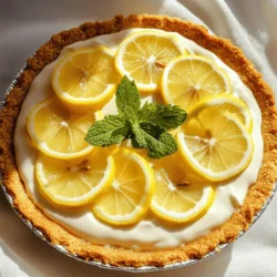 - 1 ½ cups graham cracker crumbs - ½ cup unsalted butter, melted - ⅓ cup granulated sugar - 1 can (14 oz) sweetened condensed milk - ½ cup fresh lemon juice (about 3-4 lemons) - Zest of 1 lemon - 1 cup heavy whipping cream - 2 tablespoons powdered sugar - Lemon slices and mint leaves for garnish To make this pie, you need simple ingredients. First, graham cracker crumbs form the crust. You mix them with melted butter and sugar. This mix gives a sweet, crunchy base. Next, the filling is key. Sweetened condensed milk adds creaminess. Fresh lemon juice provides the zing. Zest from the lemon boosts flavor, making it bright. For the topping, heavy whipping cream is a must. It adds lightness and a creamy texture. You will whip it until stiff peaks form. This is crucial for a fluffy filling. The powdered sugar sweetens the cream just right. Finally, don't forget the garnish. Lemon slices and mint leaves make the pie look pretty. They also add a fresh touch. You can find the full recipe in the article. Enjoy this refreshing treat! To start, gather your ingredients. In a medium bowl, combine 1 ½ cups of graham cracker crumbs, ½ cup of melted unsalted butter, and ⅓ cup of granulated sugar. Mix them well until it looks like wet sand. This step is key to a great crust. Next, take the crumb mixture and press it firmly into a 9-inch pie dish. Use the back of a measuring cup or your fingers to press it evenly across the bottom and up the sides. This helps create a sturdy crust. Once done, place the crust in the refrigerator to chill while you make the filling. Now it's time for the filling. In a large bowl, whisk together one can of sweetened condensed milk, ½ cup of fresh lemon juice, and the zest of one lemon. Keep whisking until everything is smooth and well mixed. This mixture should be creamy and tangy, perfect for our pie. In a separate bowl, pour in 1 cup of heavy whipping cream. Beat it with an electric mixer on medium speed. Watch closely until soft peaks form. This will take a few minutes. Gradually add 2 tablespoons of powdered sugar while mixing, until you see stiff peaks. This means your cream is ready! Next, gently fold the whipped cream into the lemon mixture. Use a spatula and be careful not to deflate the whipped cream too much. The goal is to keep the filling light and airy. Finally, pour this lemon filling into your chilled graham cracker crust. Spread it evenly across the surface. Make sure it looks smooth and inviting. Cover the pie with plastic wrap and place it back in the fridge. Chill for at least 4 hours or overnight for the best results. For the full recipe, check out the details provided earlier. Enjoy your refreshing dessert! To make the best whipped cream, you need stiff peaks. Stiff peaks mean the cream holds its shape well. Start by chilling your mixing bowl and beaters. This helps the cream whip faster. When you beat the cream, watch it closely. Once it gets soft peaks, slowly add powdered sugar. Keep beating until it forms stiff peaks. This step is key for a light pie filling. When combining the whipped cream with the lemon mixture, use a folding technique. Gently scoop from the bottom and over the top. Be careful not to stir too hard. This keeps air in the cream, making the pie fluffy. If you mix too roughly, you lose that airy texture. Chilling is very important for flavor and texture. After you fill the crust, cover the pie tightly with plastic wrap. Make sure it seals well to prevent any odors from the fridge. I recommend chilling it for at least 4 hours. For the best taste, let it chill overnight. This time allows the flavors to meld and the filling to set properly. When it's time to serve, remove the pie from the fridge. If you see any condensation on the wrap, gently wipe it off. This helps keep the pie looking fresh and nice. Enjoy every slice, and feel free to add fresh lemon slices and mint leaves for a bright touch! For the complete recipe, check the [Full Recipe]. {{image_4}} You can make this pie even more fun by adding different citrus juices. Try lime or orange juice for a fresh twist. Each juice brings its own zest. You can mix them or use just one. Adding berries to the filling makes it colorful and tasty. Blueberries, strawberries, or raspberries add flavor and texture. Just fold them in gently after mixing the lemon filling. They look pretty and taste great. If you want a change from the classic crust, use Oreo crumbs instead of graham crackers. This adds a sweet, chocolatey flavor. For those who need gluten-free options, crushed gluten-free cookies work well. You can also spice up the crust. Add a pinch of cinnamon or a bit of cocoa powder for a deeper flavor. Both options make the pie unique and exciting. After you make this pie, you might have some leftovers. To keep it fresh, cover the pie with plastic wrap or foil. This helps prevent it from absorbing other smells in the fridge. Place the pie in the fridge for up to three days. If you want to keep it longer, you should freeze it. Use a tight-sealing container or wrap it well to avoid freezer burn. This keeps the taste and texture nice. If you want to save the pie for later, freezing works well. Make sure to wrap it tightly in plastic wrap and then in aluminum foil. This double layer helps protect it. You can freeze the pie for up to two months. When you are ready to eat it, move it to the fridge to thaw overnight. This keeps the pie from getting too soft. Once it thaws, slice and serve it cold. Enjoy the refreshing taste even after freezing! You can find the full recipe [Full Recipe]. No Bake Lemon Icebox Pie lasts about 3 to 4 days in the fridge. To keep it fresh, cover the pie tightly with plastic wrap. This will protect it from odors and keep the filling smooth. I always recommend eating it within this time for the best flavor. You can use bottled lemon juice, but fresh is better. Fresh lemon juice offers a brighter taste. It has a unique aroma that bottled juice lacks. If you use bottled juice, choose a brand that has no added sugars or preservatives. This ensures you still get a strong lemon flavor. If you need a substitute for heavy whipping cream, try using coconut cream. It whips well and adds a nice flavor. You can also use Greek yogurt for a lighter version. It won’t whip like cream, but it gives a creamy texture. Another option is silken tofu blended until smooth. Each of these options brings a different taste, so choose what fits your dish best. For the full recipe, check out the details above. No Bake Lemon Icebox Pie is simple and delicious. We explored its easy steps, key ingredients, and fun tips. You can add your twist by using different flavors or crusts. Proper storage keeps it fresh, and now you know how to enjoy it later. With all this knowledge, you can impress friends and family at your next gathering. Enjoy making this pie and savor each zesty bite!
