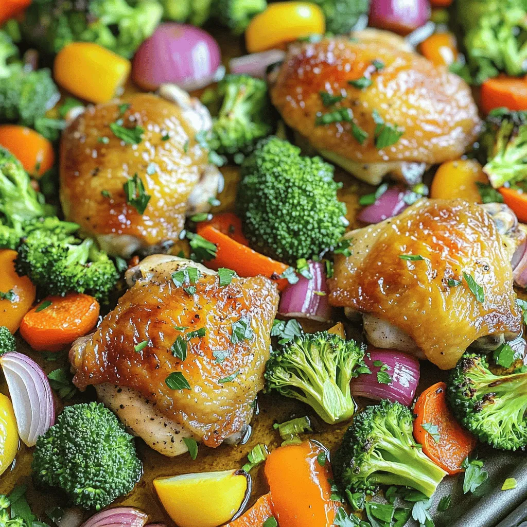 - 4 chicken thighs (bone-in, skin-on for enhanced flavor) - 2 cups broccoli florets - 2 cups bell peppers (assorted colors), sliced into strips - 1 cup carrots, sliced into rounds - 1 large red onion, cut into wedges - 4 cloves garlic, minced - 4 tablespoons olive oil, divided - 1 teaspoon smoked paprika - 1 teaspoon dried Italian herbs (a mix of oregano, basil, and thyme) - Salt and freshly ground black pepper to taste - Juice of 1 fresh lemon - Fresh parsley, finely chopped (for garnish) When picking chicken, I love the flavor of thighs. Bone-in and skin-on give the best taste. They stay juicy while roasting, making them a perfect match for veggies. For the vegetables, I often mix colors. Broccoli, bell peppers, and carrots create a vibrant plate. Red onion adds a sweet touch that pairs well with the chicken. I use simple seasonings. Smoked paprika adds a warm flavor. The dried Italian herbs bring a blend of fresh tastes. Garlic gives a strong aroma that enhances the dish. - Sheet pan - Mixing bowls - Parchment paper You need a sheet pan for even cooking. Parchment paper makes cleanup easy. Mixing bowls help combine the chicken and veggies before they hit the oven. - Calories per serving: Approximately 350 - Breakdown of macronutrients: - Protein: 28g - Carbohydrates: 15g - Fat: 20g This meal is not only tasty, but it’s also balanced. Each serving packs protein, which helps build muscles. The veggies add fiber and essential vitamins. Enjoy this dish knowing it is good for your body! For the full recipe, check out the details above. - Preheat your oven to 425°F (220°C). - Line a large sheet pan with parchment paper. This helps with easy cleanup. Start by seasoning the chicken. I use bone-in, skin-on thighs for great taste. In a bowl, mix half the olive oil, smoked paprika, Italian herbs, salt, and pepper. Massage this mix into the chicken. Make sure every piece gets coated well. Marinating is key. It lets the flavors soak in, making your chicken juicy and tasty. For the veggies, use broccoli, bell peppers, carrots, and red onion. In a new bowl, combine them. Add the rest of the olive oil, minced garlic, lemon juice, and a pinch of salt and pepper. Toss everything well. This ensures an even coating, making all the veggies flavorful. Now, place the chicken on one side of the pan. Spread the veggies on the other side. Make sure to space them out. This helps them roast evenly and not steam. Crowding the pan can lead to soggy food. Put the pan in your preheated oven. Roast for 25 to 30 minutes. The chicken should reach 165°F (75°C) inside. The veggies will get tender and slightly caramelized. Keep an eye on them for best results. After roasting, take the pan out and let it rest for a few minutes. This helps the juices settle. Before serving, sprinkle with fresh parsley for a pop of color. Enjoy your meal right from the sheet pan for a fun touch! For more details, check the Full Recipe. To roast chicken and veggies perfectly, timing matters. Different vegetables need different cooking times. For example: - Broccoli: 20-25 minutes - Bell Peppers: 20-25 minutes - Carrots: 25-30 minutes - Red Onion: 20-25 minutes Chicken thighs take about 25-30 minutes to cook. To get crispy chicken skin, use bone-in, skin-on thighs. Always start with a hot oven. Roast at 425°F (220°C) for the best results. Adding herbs and spices boosts flavor. Consider using: - Rosemary: For a fresh taste - Thyme: For earthy notes - Cumin: For warmth You can also try homemade marinades. Mix olive oil, lemon juice, and your favorite spices. Let the chicken soak up the flavors for at least 30 minutes. You can swap out vegetables for variety. Try these alternatives: - Zucchini: Adds moisture - Asparagus: Adds a fresh crunch - Cauliflower: For a low-carb option For low-calorie seasoning, use lemon juice, vinegar, or fresh herbs. These options keep your dish light yet tasty. {{image_4}} You can use chicken breasts or thighs without skin for a lighter option. Skinless pieces reduce fat and calories. If you prefer a vegetarian dish, try tofu or tempeh. Both options soak up flavors well and add protein. Seasonal veggies work great in this dish. In spring, use asparagus or peas. In fall, consider sweet potatoes or brussels sprouts. Each veggie brings a unique taste. You can also mix flavors from various cuisines. Try adding zucchini for an Italian twist or bell peppers for a Mexican flair. If you want a quick meal, use an air fryer. Cook at 400°F (200°C) for about 20 minutes. This method gives a nice crunch to the chicken and veggies. For a slow cooker version, season everything and cook on low for 6-8 hours. This way, you can enjoy a warm meal without monitoring it. For the complete process, check out the Full Recipe for Sheet Pan Chicken and Veggies Delight. To keep your leftovers fresh, store them in an airtight container. This method helps prevent moisture loss and keeps flavors intact. The dish will stay good in the fridge for about 3 to 4 days. Make sure to let it cool down before sealing it. You can freeze Sheet Pan Chicken and Veggies for longer storage. First, let the dish cool completely. Then, place it in a freezer-safe container or a heavy-duty freezer bag. Remove as much air as possible to avoid freezer burn. It can last in the freezer for up to 3 months. When ready to eat, thaw it overnight in the fridge. Reheat it in the oven at 350°F (175°C) until heated through. Leftovers from this dish are versatile and fun. You can shred the chicken and toss it in a salad for a fresh meal. Mix the veggies into a stir-fry or a quesadilla for a quick lunch. Another idea is to blend everything into a hearty soup. Serve the leftovers in unique ways to keep meals exciting! Making this dish takes about 40 minutes. The prep time is just 10 minutes. Cooking takes 25 to 30 minutes in the oven. So, you can have dinner ready fast! Yes, you can prep this meal ahead. Chop the veggies and marinate the chicken a few hours earlier. Just store them in the fridge. This makes dinner super quick after a busy day. You can serve this dish with rice or quinoa. A fresh salad also pairs well. For bread lovers, warm crusty bread is a great choice! You can adjust the oven temperature. If you roast at 400°F, cook for about 30 to 35 minutes. For 450°F, check for doneness after 20 minutes. Always ensure the chicken reaches 165°F. In summary, this blog post covered how to make a tasty sheet pan chicken and veggies. You learned about essential ingredients, kitchen tools, and step-by-step instructions. I shared tips for perfect roasting, flavor enhancements, and variations to keep meals exciting. Remember, this dish is not only easy to prepare but also full of nutrients. Don’t hesitate to experiment with different vegetables and cooking methods. Your meals can be healthy and enjoyable! Happy cooking!
