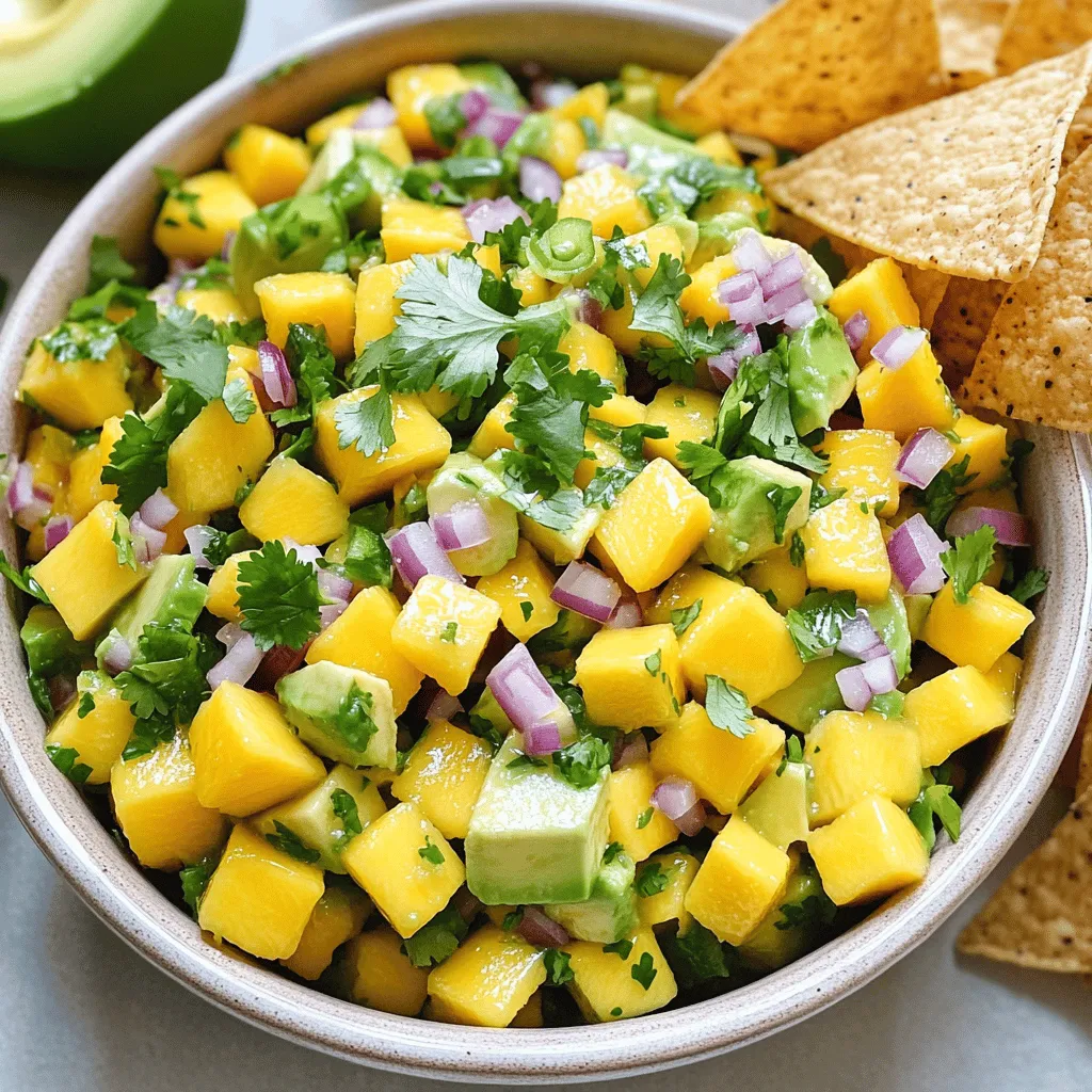 - 1 ripe mango, diced into bite-sized pieces - 2 ripe avocados, diced into small cubes - 1 small red onion, finely minced - 1 jalapeño pepper, deseeded and minced (adjust to taste) - 1/4 cup fresh cilantro, finely chopped - 2 tablespoons freshly squeezed lime juice - Zest of 1 lime - Salt and freshly ground black pepper to taste Using ripe mangoes and avocados is key. Ripe mangoes have a sweet, juicy taste. They should feel slightly soft when you press them. Ripe avocados should also yield to gentle pressure. They add creaminess to the salsa. If you can’t find ripe fruit, you can let them sit at room temperature for a few days. If you need alternatives, consider using frozen mango. Just thaw it before using. For avocados, try using diced cucumbers for a different crunch. You can also skip the jalapeño if you prefer milder salsa. To enhance flavor, add spices or herbs. Consider garlic powder or cumin for a unique twist. Fresh mint or basil can also bring a fresh taste. You can mix in corn or diced bell peppers for added texture. This gives your salsa a colorful look. For dietary needs, use low-sodium salt or skip it altogether. You can also make it vegan-friendly easily. To start, you need to dice the mango and avocado just right. For the mango, follow these simple steps: 1. Peel the mango: Use a sharp knife to slice off the skin carefully. 2. Cut into slices: Hold the mango upright and cut down each side of the pit. You should have two large pieces. 3. Dice the flesh: Take each mango piece and cut it into small squares. Aim for uniformity, as this helps with texture. Now, let's tackle the avocados: 1. Slice in half: Use a knife to cut the avocado in half around the pit. 2. Remove the pit: Carefully twist the two halves apart and use a spoon to scoop out the pit. 3. Cube the flesh: With the skin on, make cuts in the flesh without piercing the skin. Then scoop out the cubes with a spoon. When handling hot peppers like jalapeños, take these precautions: 1. Use gloves: This keeps your hands safe from the heat. 2. Cut carefully: Slice the pepper in half and remove the seeds with a spoon. This reduces the spice level. 3. Mince finely: Chop the jalapeño into tiny pieces to mix well in the salsa. Now, let’s mix everything together to make the salsa: 1. Add diced mango and avocado: Place them in a large mixing bowl. 2. Incorporate red onion: Finely minced red onion adds a nice crunch and flavor. 3. Mix in jalapeño: Add your minced jalapeño based on how spicy you want it. 4. Add cilantro: Chop fresh cilantro and sprinkle it into the bowl. 5. Squeeze lime juice: Pour in the fresh lime juice and add the zest for a citrus kick. To mix without mashing: - Use a large spoon: Gently fold the ingredients together. - Be gentle: This helps keep the avocado intact for a creamy texture. For a balanced flavor: - Season with salt and pepper: Start with a little and taste as you go. - Let it rest: Letting the salsa sit for about ten minutes allows the flavors to meld. When it comes to serving Mango Avocado Salsa, presentation is key: - Use a decorative bowl: This makes the colors pop and looks appetizing. - Garnish with cilantro: A few extra leaves on top add a nice touch. This salsa pairs well with: - Crisp tortilla chips: Perfect for dipping. - Grilled chicken or fish: Adds a fresh and tropical flavor to your main dish. With these steps, you can create a fresh and flavorful Mango Avocado Salsa that is sure to impress! For detailed instructions, check the Full Recipe above. To keep your mango avocado salsa fresh, always store it in an airtight container. This method helps prevent browning and keeps flavors bright. Place the salsa in the fridge as soon as you finish making it. If you have leftovers, use them within two days for the best taste. The avocado may brown slightly, but it remains safe to eat. If you want to save salsa for later, consider freezing it. To freeze salsa, use freezer-safe bags and remove as much air as possible. This way, you can enjoy the flavors later. To boost flavor, marinate your salsa for a while. Mix the ingredients, then let them sit for 30 minutes before serving. This time allows the flavors to blend and deepen. Always let your salsa rest. This step is crucial because it helps the ingredients meld together. The salsa tastes better after resting, so don’t skip this part. Choosing the right fruit is key for great salsa. Avoid using overripe fruit, as it can turn mushy. Under ripe fruit may not have the right sweetness. Look for mangoes and avocados that yield slightly when pressed. Also, always use fresh lime juice. Bottled lime juice lacks the bright flavor of the fresh stuff. Fresh lime juice adds a zesty kick that elevates your salsa. Stick with fresh for the best results in your mango avocado salsa. For the complete recipe, check the Full Recipe section. {{image_4}} You can spice up your mango salsa in many ways. Try using different peppers. For a milder taste, use sweet bell peppers. If you want heat, jalapeños or serrano peppers work well. For a fruity twist, add pineapple or papaya. Each adds a unique flavor and makes the salsa more exciting. This salsa is naturally vegan and gluten-free. It fits many diets well. You can also make it low-carb or keto-friendly by skipping the onion or using fewer mangoes. These changes help you enjoy this fresh dish without straying from your meal plan. Serve the salsa in fun ways! You can fill avocado halves with it for a colorful dish. Try adding it on tacos for extra zest. Another idea is to mix the salsa into salads or use it on grilled chicken or fish. This way, your meals become more vibrant and full of flavor. Try the full recipe for a refreshing treat. Enjoy the vibrant colors and tastes that make this mango avocado salsa a hit! To keep your mango avocado salsa fresh, store it in the fridge. Use an airtight container to prevent air exposure. Glass containers work well, as they do not retain odors. If you do not have glass, plastic containers can also work. Just ensure they seal tightly. The freshness of each ingredient affects how long the salsa lasts. Fresh mangoes and avocados can spoil quickly. Salsa may stay good for about 2 to 3 days in the fridge. Always check for changes in color or smell. If it smells off or looks brown, throw it away. You can use leftover salsa in many dishes. Try adding it to grilled chicken or fish for extra flavor. It also tastes great on tacos or nachos. Another idea is to mix it into salads for a fresh twist. If you need inspiration, check the full recipe for more ideas. Homemade Mango Avocado Salsa can last for about 2 to 3 days in the fridge. To keep it fresh, store it in a sealed container. The salsa may brown over time due to the avocados. To slow this down, add a bit more lime juice. This helps keep the colors bright and flavors fresh. Yes, you can make this salsa ahead of time! It’s best to prepare it a few hours before serving. This allows all the flavors to blend well together. However, if you plan to store it for more than a few hours, wait to add the diced avocado until just before serving. This keeps the avocado from browning too much. If you dislike avocados or have an allergy, try using mango alone. Alternatively, you can use diced cucumber for a fresh crunch. Another option is to mix in some diced zucchini. Both will add texture and keep the salsa light. The spice level depends on the jalapeño used. If you want less heat, remove the seeds and ribs inside the pepper. For more spice, add more jalapeño or try a spicier pepper like serrano. You can always start with a small amount and taste as you go. This way, you can find the perfect heat level for your taste! This blog post covered how to make delicious Mango Avocado Salsa. We discussed fresh ingredients, emphasizing ripe mangoes and avocados for the best taste. You learned step-by-step instructions for preparation and combining ingredients to create a flavorful mix. I shared tips on storage, serving suggestions, and creative variations to suit your tastes. Mango Avocado Salsa is easy to make and customize. With the right ingredients and techniques, you can enjoy this vibrant dish anytime. Let your creativity shine, and have fun with this recipe!