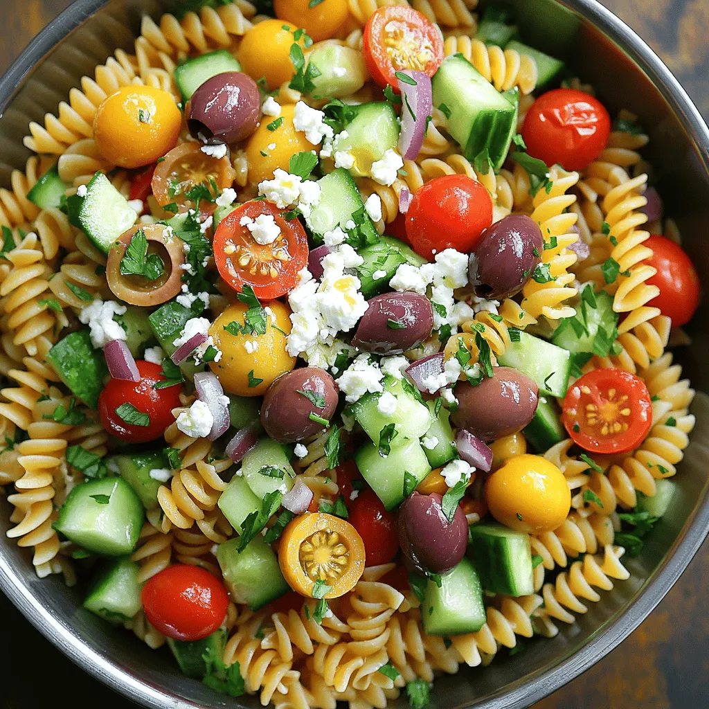 To make a great Greek pasta salad, you need some key ingredients. Here’s what you should gather: - Whole grain pasta: fusilli or penne - Fresh vegetables: cherry tomatoes, cucumber, red onion - Olives and cheese: Kalamata olives and feta cheese - Dressing components: extra virgin olive oil, red wine vinegar, garlic, oregano - Seasoning: salt and pepper These ingredients are the backbone of your salad. Whole grain pasta gives it a nice texture. The fresh vegetables add a crisp bite. Kalamata olives and feta cheese bring rich flavors. The dressing ties everything together with a zesty kick. Want to add more to your Greek pasta salad? Consider these optional ingredients: - Additional protein: grilled chicken or chickpeas - Extra vegetables: bell peppers, spinach, or artichokes - Herbs: fresh basil or mint for added flavor Adding grilled chicken makes the salad heartier. Chickpeas are a great vegetarian option. Extra veggies can boost nutrition and color. Fresh herbs will brighten the dish and enhance the taste. For the full recipe, check out the Mediterranean Delight Pasta Salad. Enjoy creating your own delicious version! First, cook the whole grain pasta until it is al dente. This usually takes about 8 to 10 minutes. Check the package for specific times. Once the pasta is done, drain it in a colander. Rinse it under cold water to stop the cooking. This helps keep the pasta firm. Set it aside in a large mixing bowl. Now, it’s time to add color and crunch to the pasta. Start by adding the chopped vegetables. You need about one cup of halved cherry tomatoes, one diced cucumber, and half a finely chopped red onion. Next, include half a cup of Kalamata olives, sliced in half. Don’t forget to add half a cup of crumbled feta cheese. Finally, sprinkle a quarter cup of finely chopped parsley on top. This mix adds flavor and freshness. In a small bowl, combine the dressing ingredients. Start with a quarter cup of extra virgin olive oil and two tablespoons of red wine vinegar. Add one minced garlic clove, one teaspoon of dried oregano, and a pinch of salt and pepper. Whisk these together until smooth. This dressing brings the salad to life. Pour the dressing over the salad ingredients. Use a spatula or a large spoon to toss everything together. Make sure each piece is coated with the dressing. This step is key for flavor. After tossing, cover the bowl with plastic wrap or a lid. Place it in the refrigerator for at least 30 minutes. This chilling lets the flavors blend well. Before serving, give it a gentle toss again to refresh the salad. For the full recipe, check out Mediterranean Delight Pasta Salad. Enjoy your fresh and tasty Greek Pasta Salad! Chill your Greek pasta salad for at least 30 minutes. This helps the flavors mingle. You want to taste the fresh herbs and veggies. After it chills, taste it. Adjust the salt and pepper to your liking. This simple step makes a big difference. Serve the salad in a big bowl or on individual plates. For an eye-catching look, add extra Kalamata olives on top. A sprig of fresh parsley also adds a pop of color. This makes your dish more appealing. A great presentation can impress your guests. Need gluten-free options? Use gluten-free pasta instead. You can also swap out the feta for a vegan cheese. Don't have a certain veggie? Feel free to change ingredients based on what you have. This salad is flexible and can suit many tastes. Enjoy experimenting with it! {{image_4}} You can easily change your Greek pasta salad with a Mediterranean veggie twist. Adding roasted vegetables brings a deeper flavor. Try using zucchini, bell peppers, or eggplant. These veggies add great taste and texture. You can also mix in sun-dried tomatoes or artichoke hearts. They give a rich, tangy flavor that enhances the dish. This twist makes the salad both colorful and tasty. Need more protein? You can add grilled chicken or shrimp. Both options pair well with the salad's fresh flavors. If you prefer a vegetarian option, use chickpeas or quinoa. Chickpeas add a nice crunch. Quinoa provides a nutty taste and makes it hearty. These protein-packed options make the salad filling and perfect for a meal. For a creamy version, consider adding yogurt or tahini to the dressing. These ingredients create a rich and smooth texture. To keep the balance of flavors, use fresh herbs like dill or parsley. They brighten the dish and keep it fresh. This creamy take gives you a new way to enjoy Greek pasta salad. For the full recipe, check out the Mediterranean Delight Pasta Salad! Store your Greek pasta salad in an airtight container. Glass or plastic containers both work well. Keep it in the fridge to maintain freshness. The salad stays good for about three to five days. The longer it sits, the more the flavors blend. Just remember that fresh veggies may lose some crunch over time. You usually don’t need to reheat Greek pasta salad. It tastes great cold. If you prefer it warm, add a little olive oil before warming. Microwave it for about 30 seconds. Check to see if it’s warm, but don’t overheat. This helps keep the veggies fresh and the flavors intact. Greek pasta salad can last up to five days in the fridge. Store it in an airtight container. Check for signs of spoilage, like off smells or a slimy texture. If it looks or smells bad, it’s best to toss it. Yes, you can make Greek pasta salad a day ahead. Just prepare it as usual and let it chill in the fridge. This helps the flavors blend nicely. When you are ready to serve, give it a quick toss to mix everything again. If you cannot eat feta cheese, try using goat cheese or vegan feta. Both options provide a similar tangy flavor. You can also use ricotta for a creamier texture. Adjust based on your taste and dietary needs. Yes, you can make Greek pasta salad gluten-free. Use gluten-free pasta made from rice, quinoa, or corn. The rest of the ingredients are naturally gluten-free. This makes it easy to adapt the dish for anyone with gluten sensitivities. Greek pasta salad is a vibrant dish, full of flavor and nutrients. You learned about essential ingredients, step-by-step preparation, and tips for the best results. You can make it your own with optional add-ins and variations. Remember, chilling the salad enhances its taste. Store it properly to enjoy it longer. This dish offers flexibility for everyone, whether you're gluten-free or prefer creamy textures. Enjoy experimenting and sharing this delightful recipe!