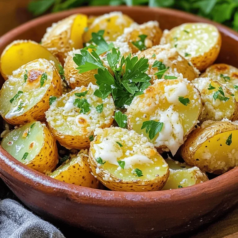 - 2 pounds baby potatoes - 3 tablespoons extra virgin olive oil - 4 cloves garlic - 1 teaspoon dried rosemary - 1 teaspoon dried thyme - ½ cup Parmesan cheese - Sea salt and black pepper - Fresh parsley for garnish To make Garlic Parmesan Roasted Potatoes, you need simple yet tasty ingredients. The baby potatoes give a nice bite, and the garlic adds a rich flavor. You can use extra virgin olive oil for drizzling, which enhances the taste. Fresh garlic is best, so don't skip it! The dried herbs, rosemary and thyme, give a nice aroma and depth. Parmesan cheese is the star here. It melts beautifully and adds a salty, cheesy finish. Use sea salt and freshly cracked black pepper to season. Finally, fresh parsley adds color and a touch of freshness to the dish. - Calories per serving: About 200 - Macronutrients breakdown: - Carbohydrates: 30g - Protein: 4g - Fat: 8g These roasted potatoes are not just delicious; they also offer a good balance of nutrients. With about 200 calories per serving, they fit well into a variety of meal plans. The carbohydrates fuel your body, while the fat from the olive oil keeps things tasty and satisfying. - Preheat the oven: Set your oven to 400°F (200°C). This makes the potatoes crisp. - Prepare the potatoes: Take 2 pounds of baby potatoes. Cut them in half. In a bowl, add the potatoes. Pour in 3 tablespoons of extra virgin olive oil. Add 4 minced garlic cloves, 1 teaspoon of dried rosemary, and 1 teaspoon of dried thyme. Sprinkle in sea salt and black pepper. Mix well until all potatoes are coated. - Toss potatoes with seasoning: Make sure every potato piece gets the tasty mixture. This helps create a nice flavor. - Arrange on baking sheet: Line a baking sheet with parchment paper. Spread the potatoes out in one layer. Leave space between them. This helps them roast evenly. - Adding cheese at the right time: Roast the potatoes for 25 minutes. Halfway, turn them to brown all sides. Once golden, sprinkle ½ cup of freshly grated Parmesan cheese on top. - Ensuring even melting: Put the baking sheet back in the oven for 5-10 minutes. Watch closely. The cheese should melt and bubble a bit. This gives it a nice crust. For the full recipe, check the detailed instructions above. To get crispy roasted potatoes, follow a few key steps. First, choose baby potatoes for their tender texture. Cut them in half to increase surface area. This helps them crisp up nicely. Make sure to coat them well with olive oil. The oil forms a barrier that keeps moisture out. Next, season with garlic, rosemary, and thyme. These herbs add depth to the flavor. Use fresh garlic if possible. It gives a stronger taste than dried. Toss the potatoes until they are fully coated. One common mistake is overcrowding the baking sheet. If the potatoes touch, they will steam instead of roast. Always leave space between them. This allows hot air to circulate and creates that desired crunch. Another mistake is under-seasoning. Don’t be shy with the salt and pepper. Proper seasoning brings out the potato's natural flavors. Taste the mix before roasting to ensure the seasoning is just right. These roasted potatoes pair well with many main dishes. They go great with grilled chicken or roast beef. You can also serve them alongside a fresh salad for a light meal. For a beautiful presentation, use a rustic bowl. A cast-iron skillet looks great too. Top with extra Parmesan and parsley for color. This makes your dish look as good as it tastes. Check out the Full Recipe for more details! {{image_4}} You can change the taste easily. Try different cheeses like cheddar or gouda. Each cheese adds its unique touch. For extra heat, add spices like cayenne or smoked paprika. Just a pinch makes a big difference. Mix and match to find your perfect combo. If you want a vegan version, swap the cheese for nutritional yeast. It gives a cheesy flavor without dairy. For gluten-free needs, this recipe is naturally safe. Just check any store-bought seasonings to ensure they are gluten-free. You can use different potatoes like Russet, Yukon Gold, or sweet potatoes. Each type has its flavor and texture. Remember, cooking time may change. Sweet potatoes may need a bit longer, while smaller potatoes cook faster. Adjust as needed for the best results. For the full recipe, check the detailed instructions above. To keep your garlic Parmesan roasted potatoes fresh, follow these tips: - Let the potatoes cool to room temperature. - Place them in an airtight container. - Use a container that fits tightly to prevent air exposure. - Store in the fridge for up to three days. You can reheat your potatoes using two main methods: the oven or the microwave. - Oven: Preheat to 350°F (175°C). Spread the potatoes on a baking sheet. Bake for about 10-15 minutes, turning them halfway through. This method keeps them crispy. - Microwave: Place the potatoes on a microwave-safe plate. Heat in short bursts of 30 seconds. Check often, so they don’t get too soft. Freezing roasted potatoes is possible, but it's best to eat them fresh. If you want to freeze: - Cool them completely and spread them in a single layer on a baking sheet. - Freeze for a few hours until solid, then transfer to a freezer bag. - Use within three months for the best flavor. To reheat, thaw in the fridge overnight. Reheat in the oven for crispy results. For more detailed instructions, check the full recipe! To make Garlic Parmesan Roasted Potatoes, you start by preheating your oven to 400°F (200°C). Next, you will need two pounds of baby potatoes, halved. Toss them in a bowl with three tablespoons of olive oil, four minced garlic cloves, one teaspoon of dried rosemary, and one teaspoon of dried thyme. Add sea salt and black pepper to taste. Spread the potatoes in a single layer on a lined baking sheet. Roast them for about 25 minutes, turning halfway. Then, sprinkle half a cup of grated Parmesan cheese on top and roast for an additional five to ten minutes until golden. You can find the full recipe for more details. Garlic Parmesan Roasted Potatoes pair well with many dishes. Consider serving them with grilled chicken, steak, or fish. They also work well as a side for roasted vegetables or a fresh salad. For a complete meal, serve these potatoes with a creamy dip or a tangy sauce. Yes, you can prepare Garlic Parmesan Roasted Potatoes ahead of time. Cook the potatoes as directed, let them cool, and store them in an airtight container. Keep them in the fridge for up to three days. When you are ready to eat, reheat them in the oven for the best texture. Garlic Parmesan Roasted Potatoes can be a healthy choice. Potatoes provide fiber and vitamins. Using olive oil adds healthy fats. However, keep an eye on the amount of cheese you use. Moderation is key to enjoying this dish as part of a balanced diet. Absolutely! You can customize the herb blend to suit your taste. Try adding fresh herbs like basil or parsley for a fresh twist. Oregano or dill can also work well. Experiment with different combinations to find your favorite flavor profile. This blog post covers how to make Garlic Parmesan Roasted Potatoes. We discussed the ingredients and their nutritional value. You learned step-by-step instructions for preparing and roasting. We also shared tips for perfecting the dish and suggested variations for your taste. In conclusion, these roasted potatoes are easy to make and delicious. They can fit any meal and satisfy your cravings. Enjoy experimenting with flavors and serving them alongside other dishes. With these ideas, you can impress anyone at your table.