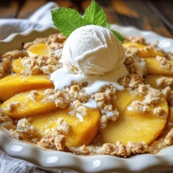 For a great peach crumble, you need the right ingredients. Here’s what you will need: - 4 large, ripe peaches, peeled and sliced into wedges - 1 tablespoon fresh lemon juice - 1/4 cup packed brown sugar - 1 teaspoon pure vanilla extract - 1 cup rolled oats - 1/2 cup all-purpose flour - 1/3 cup granulated sugar - 1 teaspoon ground cinnamon - 1/4 teaspoon fine sea salt - 1/2 cup cold unsalted butter, cut into small cubes Using ripe peaches is key. They give the dessert a sweet, juicy flavor. The lemon juice adds a nice zing and balances the sweetness of the brown sugar. You can add some fun flavors to your peach crumble. Here are some ideas: - Chopped nuts like almonds or walnuts for crunch - Seeds like sunflower or pumpkin for added texture - Alternative sweeteners like honey or maple syrup for a twist Feel free to mix and match these options based on your taste or dietary needs. Gathering your kitchen tools makes cooking easier. Here's what you need: - Large mixing bowls for combining ingredients - A 9x9 inch baking dish for the crumble When choosing a baking dish, make sure it fits your oven. If you want a thicker crumble, use a smaller dish. For a thinner layer, use a larger one. For the full recipe, check [Full Recipe]. To make the best peach crumble, start with fresh, ripe peaches. First, take a sharp knife and cut a small "X" at the bottom of each peach. This step helps with peeling. Next, place the peaches in boiling water for about 30 seconds. Then, quickly move them to an ice bath. This method makes peeling easy. Once peeled, slice the peaches into wedges. Next, mix the peach wedges in a bowl. Add 1 tablespoon of lemon juice, 1/4 cup of brown sugar, and 1 teaspoon of vanilla extract. Gently toss everything together. The sugar will help to draw out the juices, making the filling juicy and sweet. For the crumble topping, grab a clean bowl. Combine 1 cup of rolled oats, 1/2 cup of all-purpose flour, 1/3 cup of granulated sugar, 1 teaspoon of ground cinnamon, and 1/4 teaspoon of sea salt. Mix them well until they are evenly blended. Now, it’s time to add the butter. Cut 1/2 cup of cold unsalted butter into small cubes. Add these cubes into the dry mixture. Use your fingers or a pastry cutter to mix. You want it to look like coarse crumbs. Some larger pieces are okay. They add great texture. Preheat your oven to 350°F (175°C). While it heats, prepare your baking dish. Grease a 9x9 inch dish for easy serving. Spread the peach filling evenly on the bottom. After that, sprinkle the crumble topping over the peaches. Place the dish in the oven and bake for 25 to 30 minutes. You want the topping to turn a lovely golden brown. Check the peaches too; they should bubble around the edges. Once done, take it out and let it cool for a few minutes. Now, you are ready to enjoy this peach crumble dessert delight! To get the right crumble texture, mix the dry ingredients well. Use cold butter for the topping. This keeps the butter solid, which helps create a nice crunch when baked. Work the butter into the oats and flour until it looks like coarse crumbs. Avoid over-mixing. This keeps some larger pieces for added texture. To prevent a soggy bottom crust, spread the peach filling evenly in the baking dish. Make sure the peaches are not too juicy. If they are, you can add a bit of cornstarch to absorb excess liquid. This will help keep your base firm and tasty. Adding spices can really make your peach crumble shine. A pinch of nutmeg or ginger can boost the flavor a lot. These spices add warmth and depth. You can also try cinnamon for a classic twist. For a mixed fruit crumble, consider adding berries or apples. Use a ratio of about 2 cups of peaches to 1 cup of other fruits. This keeps the peach flavor in the spotlight while adding new tastes. Serving your peach crumble warm is a must. It pairs wonderfully with a scoop of vanilla ice cream on top. The cold ice cream melts slightly and adds creaminess. This makes each bite a delight. For garnishing, consider adding a sprig of fresh mint. It gives a pop of green and looks beautiful. You can also sprinkle some extra cinnamon or a few sliced almonds on top for added style. For the full recipe, check the Peachy Summer Crumble Extravaganza. Enjoy your culinary adventure! {{image_4}} To make a gluten-free peach crumble, you need to swap some ingredients. You can use almond flour or coconut flour instead of regular flour. For oats, look for certified gluten-free oats. When baking gluten-free, be careful with how much liquid you use. Sometimes, gluten-free flours soak up more moisture. You may need to adjust the liquid in your recipe. Aim for a crumbly topping, not a soggy one. If you want a vegan peach crumble, you can replace butter with plant-based butter. Look for brands that are labeled vegan. You can also use coconut oil, which gives a nice flavor. For sweeteners, try maple syrup or agave nectar. Both work well in this dessert. Just remember, these sweeteners are liquid, so reduce other liquids in your recipe a bit. Mixing fruits can create fun flavors in your crumble. You can add berries like blueberries or strawberries. Apples are also a great match with peaches. For mixed fruit, keep the ratio about 2:1. For every two cups of peaches, add one cup of other fruits. This keeps the peach flavor strong but adds new tastes. You can have fun trying different combinations! For the full recipe, check out Peachy Summer Crumble Extravaganza! To keep your peach crumble fresh, store it in the fridge. Place it in an airtight container. This helps maintain its flavor and texture. When ready to serve, re-warm it gently. Heat it in the oven at 350°F for about 15 minutes. This helps restore the crisp topping and warm, juicy peaches. You can freeze both unbaked and baked peach crumble. For unbaked crumble, assemble it in your baking dish. Cover it tightly with plastic wrap. It can stay in the freezer for up to three months. For baked crumble, let it cool completely before freezing. Wrap it well in foil or plastic wrap. This also lasts up to three months. To thaw your frozen peach crumble, move it to the fridge overnight. If you’re in a hurry, you can thaw it at room temperature for a few hours. Once thawed, reheat it in the oven at 350°F. Bake it for about 20 minutes. This keeps the topping crispy and the peaches warm and soft. Enjoy your delicious peach crumble! Yes, you can use canned peaches. However, there are some trade-offs. Canned peaches often have a softer texture than fresh ones. They also tend to be sweeter since they are packed in syrup. This can make your crumble a bit too sweet. If you choose canned peaches, drain them well to avoid excess moisture. Fresh peaches give a better texture and flavor. For the best results, I recommend using ripe, fresh peaches. To ripen peaches quickly, place them in a paper bag. This traps the ethylene gas they emit, speeding up the ripening. You can add an apple or banana to the bag for even faster results. Check the peaches daily. Once they feel soft to the touch, they are ripe and ready to use in your peach crumble. This simple trick can transform hard fruit into juicy, sweet peaches in just a few days. To make a crunchy topping, use cold butter cut into small cubes. Mixing cold butter with the dry ingredients helps create that perfect crumbly texture. Incorporate rolled oats and a bit of flour for added crunch. You can also add nuts like almonds or pecans for an extra crunch. Be sure to bake it until it turns a golden brown. A crunchy topping will elevate your peach crumble to a whole new level of deliciousness. For the full recipe, check out the Peachy Summer Crumble Extravaganza. To make a perfect peach crumble, focus on ripe peaches for the best flavor. Use the essential ingredients and follow the step-by-step instructions to create a delicious dessert. Don’t forget the tips for texture and flavor to elevate your dish. Whether you want to make it gluten-free or vegan, there are options for all. Store any leftovers properly, and reheating will keep it tasty. Now, you have the knowledge to enjoy this wonderful dessert with family and friends. Happy baking!