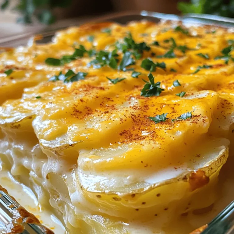 - 4 large russet potatoes, thinly sliced - 2 cups sharp cheddar cheese, shredded - 1 cup whole milk - 1 cup heavy cream For Cheesy Scalloped Potatoes, russet potatoes work best. They are starchy, which makes them soft and creamy after baking. The sharp cheddar cheese adds a rich, tangy flavor. Whole milk and heavy cream create a smooth, velvety sauce. - 1 medium onion, finely chopped - 3 cloves garlic, minced - 1 teaspoon dried thyme - 1 teaspoon smoked paprika - Salt and pepper to taste The chopped onion and minced garlic bring warmth to the dish. Dried thyme gives a hint of earthiness. Smoked paprika adds depth and a slight smokiness. Adjust salt and pepper to your taste for the perfect balance. - Fresh parsley, chopped (for garnish) - Additional cheese for topping A sprinkle of fresh parsley brightens the dish. You can also add more cheese on top for an extra cheesy finish. This makes it even more appealing and delicious. For the full recipe, you can refer to the recipe section above. First, preheat your oven to 375°F (190°C). This step is key for even cooking. While the oven heats, grab a 9x13 inch baking dish. Generously grease it with butter. This helps the potatoes not to stick to the dish. Next, melt three tablespoons of butter in a medium saucepan over medium heat. Once it melts, add one finely chopped onion and three minced garlic cloves. Cook these for about five minutes. You want the onion to turn translucent and smell great. The fragrance adds depth to your dish. Now, it’s time to make the cream mixture. Gradually pour in one cup of whole milk and one cup of heavy cream. Stir well to combine. Season it with one teaspoon of dried thyme, one teaspoon of smoked paprika, salt, and pepper. Heat this mix until it’s just warm. Avoid boiling it to keep the flavors fresh. Start layering your potatoes. Use four large russet potatoes, thinly sliced. Place the first layer in the greased dish, slightly overlapping each slice. Pour a thin layer of your creamy mixture over this layer. Then, sprinkle a generous amount of shredded cheddar cheese on top. Cover your baking dish with aluminum foil. This keeps moisture in while it bakes. Place it in the preheated oven and bake for 40 minutes. After this time, check if the potatoes are soft. Once the 40 minutes are up, carefully remove the foil. Allow the dish to bake uncovered for another 20 to 30 minutes. This step gives a nice golden brown crust. When it's done, let it cool for about ten minutes. Before serving, sprinkle some freshly chopped parsley on top for a pop of color. You can find the full recipe for more details. You can adjust the creaminess of your Cheesy Scalloped Potatoes easily. If you want a lighter dish, use more milk and less cream. This keeps the flavor but reduces the fat. For a richer taste, use all heavy cream. You can even mix in some sour cream for a tangy twist. When it comes to cheese, sharp cheddar is classic, but feel free to mix it up. Try gouda for a smoky flavor or mozzarella for extra stretch. You can also blend cheeses for depth. Adding a little blue cheese brings a bold kick that many enjoy. Choosing the right potato is key. Russet potatoes are starchy and make for creamy layers. Yukon Golds are another great choice, offering a buttery taste. Avoid waxy potatoes like red or fingerling, as they won’t soften well. To prevent sogginess, slice your potatoes thinly. Aim for about 1/8 inch thick. This allows them to cook evenly. Layer your potatoes loosely, giving them space to breathe. Also, make sure your cream mixture is not too watery; this helps keep the dish firm. Cheesy Scalloped Potatoes pair well with roasted meats, like chicken or beef. They also complement grilled veggies nicely. For a festive touch, add a salad on the side to balance the richness. Serving ideas can enhance your dish's appeal. Try placing a sprig of fresh thyme on top for color. You can also drizzle a bit of truffle oil around the edges. For a family-style meal, serve in a large, shallow dish. This invites everyone to dig in and enjoy! For the full recipe, check out the detailed steps provided earlier. {{image_4}} You can easily change the flavor of cheesy scalloped potatoes by using different cheeses. Try Gruyère for a nutty taste or mozzarella for a stretchier texture. Mixing cheeses can also create a new flavor profile that excites your palate. Adding vegetables boosts nutrition and color. Spinach or broccoli can bring freshness to the dish. Layer them in with the potatoes. This adds flavor and makes your dish more vibrant and healthy. Want to take your cheesy scalloped potatoes to the next level? Add meats like crispy bacon or savory ham. These ingredients add depth and a satisfying crunch. They make the dish feel heartier and more filling. Don’t forget spices! A pinch of nutmeg adds warmth, while rosemary gives a fragrant touch. Experimenting with different spices can make your dish unique every time you cook it. If you need a gluten-free option, use gluten-free flour in the creamy mixture. This keeps the dish rich without the gluten. Always check labels to ensure safety. For a vegan twist, swap out the cream and cheese. Use coconut milk or cashew cream for richness. Nutritional yeast can bring a cheesy flavor that satisfies. These swaps let everyone enjoy the comfort of this dish. For the full recipe, visit the link provided. To keep your cheesy scalloped potatoes fresh, use an airtight container. Glass or plastic works well. Store them in the fridge for up to three days. If you want to keep them longer, the freezer is a great option. They can last for about two months when frozen. When it’s time to enjoy leftovers, reheating is key. You can use an oven or a microwave. If you choose the oven, preheat it to 350°F (175°C). Place the potatoes in a baking dish and cover with foil. Heat for about 20 minutes. In the microwave, put a portion on a microwave-safe plate. Heat it in short bursts of one minute, stirring in between. This keeps the texture and flavor intact. To freeze your cheesy scalloped potatoes, follow these steps: 1. Cool Completely: Allow the dish to cool down to room temperature. 2. Portion Out: Cut the potatoes into serving-sized pieces. 3. Wrap Tight: Use plastic wrap to cover each piece tightly. 4. Use a Freezer Bag: Place the wrapped pieces in a freezer bag or container. 5. Label and Date: Write the date on the bag for easy tracking. When you're ready to eat them, thaw in the fridge overnight for best results. You can then reheat as mentioned above. Enjoy your creamy goodness even after days! You can use half-and-half or coconut cream. Both give a nice creaminess. Half-and-half has less fat but still works well. Coconut cream adds a unique taste and is great for dairy-free diets. Cheesy scalloped potatoes take about one hour to cook. You bake them covered for 40 minutes, then uncovered for 20 to 30 minutes. This helps achieve that golden, bubbly top. Yes, you can prepare them ahead. Assemble the dish, then cover and store in the fridge. Bake when you are ready to serve. This makes meal prep easy for busy days. These potatoes pair well with many dishes. Try serving them with roasted chicken, grilled steak, or a fresh green salad. They also complement steamed veggies nicely. Yes, traditional ingredients are gluten-free. The main components are potatoes, cheese, and cream. Just ensure your seasonings and any added ingredients are also gluten-free. Cheesy scalloped potatoes are a simple yet delicious dish. We covered the core ingredients like potatoes and cheese, and how to prepare them step-by-step. Remember to sauté your aromatics for great flavor and layer well for even cooking. You can also modify the dish with different cheeses or add veggies. Store leftovers properly for later enjoyment. With these tips, you'll make a tasty side dish every time. Enjoy experimenting and happy cooking!