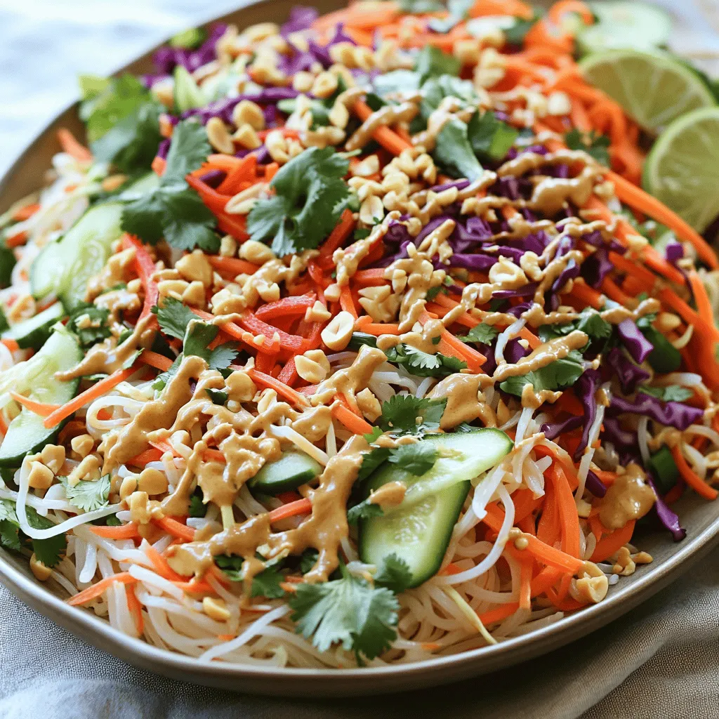 This Thai peanut noodle salad is fresh and full of flavor. Here’s what you’ll need: - Main components of the salad: - 8 oz rice noodles - 1 cup shredded carrots - 1 red bell pepper, julienned - 1 cup cucumber, thinly sliced - 1/2 cup red cabbage, shredded - 1/4 cup scallions, finely chopped - 1/4 cup fresh cilantro, chopped - Dressing ingredients: - 1/3 cup unsweetened peanut butter - 3 tablespoons soy sauce (or tamari for gluten-free) - 2 tablespoons honey or maple syrup - 2 tablespoons freshly squeezed lime juice - 1 tablespoon sesame oil - 1 teaspoon sriracha (adjust to taste for desired spiciness) - Optional garnish: - Crushed peanuts, for garnish - Lime wedges, for serving Gather these items before you start. Each ingredient adds a unique taste. The crunchy veggies and creamy dressing bring everything together. Enjoy the process of making this dish! For the full recipe, check out the link. Start by boiling water in a large pot. When it bubbles, add 8 oz of rice noodles. Cook them according to the package directions until they are just firm, or al dente. This usually takes about 4 to 6 minutes. After cooking, drain the noodles and rinse them under cold water. This stops the cooking and keeps them from sticking. Set them aside to cool completely. While the noodles cook, chop your vegetables. You will need 1 cup of shredded carrots, 1 red bell pepper (julienned), 1 cup of thinly sliced cucumber, 1/2 cup of shredded red cabbage, 1/4 cup of finely chopped scallions, and 1/4 cup of fresh cilantro. Combine all these veggies in a big bowl. Toss them gently to mix, ensuring they stay fresh and crunchy. In a separate bowl, make the dressing. Whisk together 1/3 cup of unsweetened peanut butter, 3 tablespoons of soy sauce (or tamari for gluten-free), 2 tablespoons of honey or maple syrup, 2 tablespoons of freshly squeezed lime juice, 1 tablespoon of sesame oil, and 1 teaspoon of sriracha. Make sure to whisk until smooth. If the dressing feels too thick, add a tablespoon of warm water. Keep adjusting until it is easy to pour. Now it’s time to mix everything. Add the cooled noodles to your bowl of vegetables. Drizzle the peanut dressing over the top. Gently toss everything together. This way, the noodles and veggies get evenly coated with the tasty dressing. Enjoy the colorful and crunchy mix in your Thai Peanut Noodle Salad! To make the best Thai Peanut Noodle Salad, focus on freshness. Use ripe vegetables. Crisp, fresh ingredients enhance the taste. For extra crunch, add some toasted sesame seeds or crushed peanuts. They give texture and a nutty flavor. Avoid common mistakes. Don’t overcook the noodles. They should be al dente. Rinse them under cold water right after cooking. This stops the cooking and keeps them firm. Also, mix the sauce well. If it’s too thick, add warm water a little at a time. Aim for a smooth, pourable dressing. Serve the salad in a large, shallow bowl for a beautiful display. Arrange the noodles and vegetables in circles. It makes for a colorful and inviting plate. Top it with crushed peanuts and fresh cilantro. Add lime wedges around the bowl. They not only look good but also add flavor with every bite. For a fun twist, try using small jars for individual servings. Layer the noodles, vegetables, and sauce. It looks great and makes serving easy. You can also make it a grab-and-go meal! {{image_4}} You can make this salad your own. Add more colors and textures with extra veggies. Here are some great choices: - Snap peas for a sweet crunch. - Radishes for a spicy kick. - Broccoli florets for added nutrients. - Mango for a touch of sweetness. If you want protein, consider these options: - Tofu for a vegan twist. - Shrimp for a seafood flavor. - Grilled chicken for heartiness. - Edamame for plant-based protein. These additions will make the dish even more filling and fun. You can easily adapt this recipe for different diets. To make it gluten-free, use tamari instead of soy sauce. You can find tamari in most stores. For a vegan version, simply swap honey with maple syrup. This keeps the sweetness without any animal products. Adjusting spice levels is easy too. If you like it mild, skip the sriracha. For more heat, add extra sriracha or chili flakes. You can create a dish that fits your taste perfectly! To keep your Thai peanut noodle salad fresh, place it in an airtight container. This helps to seal in moisture and flavor. Make sure to refrigerate it right after serving. The salad will last for about three days in the fridge. If you see any signs of spoilage, such as a bad smell or mold, it's best to toss it out. While you can enjoy the salad cold, if you want to reheat it, do so gently. Use a microwave on low power to warm it. Stir it often to avoid hot spots. You can also serve it cold with a side of protein, like grilled chicken or tofu, for a filling meal. Enjoy it however you prefer! You can make this salad gluten-free by using rice noodles. They are a great choice as they are naturally gluten-free. For the sauce, replace soy sauce with tamari. Tamari is a gluten-free version of soy sauce. Check labels on all packaged ingredients to ensure they are gluten-free. Yes, you can prepare this salad in advance. Cook the noodles and chop the veggies a day ahead. Keep the dressing separate until you’re ready to serve. This keeps the noodles and veggies fresh and crisp. When ready to eat, mix everything together. This makes meal prep easy and fun! This salad goes well with grilled chicken or shrimp. You can also serve it with spring rolls for a complete meal. A light soup like Tom Yum adds a nice touch, too. These options will enhance your dining experience and balance the flavors. You can find the full recipe here: [Thai Peanut Noodle Salad 🥜](#). Enjoy making this delightful dish! Making a Thai Peanut Noodle Salad is simple and fun. We covered the key ingredients and shared step-by-step instructions, from cooking the noodles to creating a perfect dressing. I also shared tips for adding your own twist and ensuring a great presentation. Remember to store leftovers properly and enjoy them later. This salad is not just tasty; it’s also flexible for dietary needs. Embrace the flavors and make it your own! Enjoy creating and sharing this delicious dish with friends and family.