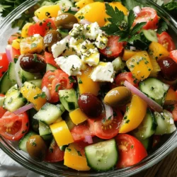 To make a delicious Classic Greek Salad, gather these key ingredients: - 4 large ripe tomatoes, diced into bite-sized pieces - 1 medium cucumber, peeled and diced - 1 bell pepper (red or yellow), diced into small chunks - 1 small red onion, thinly sliced for a milder flavor - 200g feta cheese, crumbled into small pieces - A generous handful of Kalamata olives, pitted - 1/4 cup high-quality extra virgin olive oil - 2 tablespoons red wine vinegar for tanginess - 1 teaspoon dried oregano for an aromatic touch - Salt and freshly cracked black pepper to taste - Fresh parsley leaves, roughly chopped for garnish Tomatoes and cucumbers are great for your health. Tomatoes are rich in vitamins and antioxidants. They help keep your heart healthy. Cucumbers are refreshing and hydrating. They give your body essential nutrients. Olive oil is full of healthy fats. It helps reduce bad cholesterol. Feta cheese adds protein and calcium. It also gives flavor and creaminess to the salad. Using high-quality olive oil is key. It enhances the salad's taste and health benefits. Look for extra virgin olive oil for the best flavor. Choose fresh feta cheese for a creamy texture. Kalamata olives should be plump and flavorful. They add a briny touch that balances the salad. Good ingredients make all the difference in your Classic Greek Salad. For the full recipe, check the [Full Recipe]. To start, grab a large salad bowl. This bowl will hold all your fresh veggies. First, chop 4 large ripe tomatoes into bite-sized pieces. Then, peel and dice 1 medium cucumber. Next, take 1 bell pepper and chop it into small chunks. For a milder taste, slice 1 small red onion thinly. Once your veggies are ready, add them to the bowl. Use a large spoon or your hands to toss them gently. You want to mix them well but keep everything intact. This way, each bite will have a good balance of flavors. Then, sprinkle 200g of crumbled feta cheese and a generous handful of Kalamata olives over the top. This creates a beautiful layer of color and texture. In a small bowl, mix up your dressing. Combine 1/4 cup of high-quality extra virgin olive oil and 2 tablespoons of red wine vinegar. Add 1 teaspoon of dried oregano for that classic flavor, along with a pinch of salt and freshly cracked black pepper. Now, whisk these ingredients together until they blend smoothly. You want your dressing to have a nice balance of tanginess. If it feels too sharp, add a bit more olive oil. It's time to toss your salad! Drizzle the dressing over the veggies and feta. Use gentle motions to mix everything together. Be careful not to break the feta into tiny bits. Once tossed, taste your salad. If it needs more salt or pepper, add it now. Finally, garnish with freshly chopped parsley leaves for a pop of green. For serving, place your salad in a nice bowl. You can serve it chilled or at room temperature. It pairs great with crusty bread or grilled meats. Enjoy this flavorful delight! For the full recipe, check out the Mediterranean Bliss Greek Salad . To make your Greek salad even better, think about adding fresh herbs. You can use basil, mint, or dill for a twist. These herbs give a burst of flavor that brightens the dish. If you prefer more spice, try a pinch of crushed red pepper flakes. Adjusting the seasoning is key. Taste your salad after you mix it. If it needs more salt or pepper, add a bit until it suits your taste. Remember, fresh ingredients often shine with just a little seasoning. Prep can be quick! Chop your veggies in advance. Store them in the fridge until you are ready to serve. This way, you can throw the salad together in minutes. For busy days, make the salad a few hours ahead. Just keep the dressing separate until serving. This keeps everything fresh and crunchy. One common mistake is overdressing the salad. A little dressing goes a long way. Start with a light drizzle and add more if needed. You want the flavors to shine, not drown. When cutting your vegetables, aim for even pieces. This helps with texture and makes each bite enjoyable. For the cucumber, slice it thin for a crisp bite. For tomatoes, chop them into similar sizes as the other veggies. This way, every forkful is balanced and tasty. {{image_4}} You can swap vegetables based on what is in season. For example, use ripe summer squash or radishes. These changes add freshness and flavor to your salad. Different types of cheese or olives can also change the taste. Try using goat cheese or creamy burrata instead of feta. For olives, switch to green olives for a milder flavor. Each option gives your salad a new twist. The dressing is key to a Greek salad. You can experiment with lemon juice instead of vinegar. This adds a bright, zesty flavor. Different types of vinegar, like balsamic or apple cider, also work well. For a creamy twist, add yogurt or tahini to your dressing. This makes it richer while adding a unique taste. These variations keep your salad exciting each time you make it. Presentation can elevate your salad. Serve it in a large, colorful bowl for gatherings. You can layer the ingredients for a beautiful display. This makes your dish a showstopper at any meal. You can also use Greek salad as a base for a main dish. Add grilled chicken or shrimp for protein. This turns a simple salad into a hearty meal. Check out the Full Recipe for more tips on making this delightful dish! To keep your Greek salad fresh, store it in an airtight container. Layer the ingredients separately if possible. This way, the vegetables stay crisp, and the feta doesn’t get soggy. Adding a piece of paper towel inside can help absorb extra moisture. If you have dressing left, store it in a small jar. This keeps the salad vibrant and tasty. You should not freeze Greek salad. Freezing changes the texture of the fresh vegetables. They become mushy when thawed. If you ever need to keep leftovers, try to eat them within a few days. For reheating, it’s best not to heat the salad at all. Enjoy it cold for the best flavor. Greek salad lasts about 3 to 5 days in the fridge. After that, it may start to spoil. Look for signs of spoilage like a slimy texture or unusual odors. If the veggies are soggy or the feta smells off, it is time to toss it. Enjoy your Mediterranean Bliss Greek Salad while it's fresh! Don't forget to check the [Full Recipe] for more tips on preparation. What makes a salad “Greek”? A salad is considered Greek mainly for its ingredients. It features fresh veggies like tomatoes, cucumbers, and bell peppers. Feta cheese and Kalamata olives are key. The dressing often includes olive oil and red wine vinegar. These ingredients reflect the flavors of Greece. They create a fresh, bright taste that is both healthy and satisfying. Can I make Classic Greek Salad vegan? Yes, you can make a vegan version! Simply replace feta cheese with a plant-based cheese. You can use tofu or cashew cheese for a creamy texture. Just ensure the olives you choose are vegan-friendly. This way, you keep the salad tasty and suitable for everyone. What can I use instead of feta cheese? If you're out of feta, there are great substitutes. Try using ricotta or goat cheese for a similar taste. Vegan options include crumbled tofu or almond cheese. Each option gives a unique twist to the salad while keeping it delicious. Alternatives to olives for those with allergies If olives are an issue, skip them or swap in capers. Capers add a similar briny flavor. You can also use artichoke hearts for a different texture. Just remember, the salad will still taste great! What do you serve with Greek salad? Greek salad pairs well with many dishes. Grilled chicken or fish complements the fresh flavors. You can also serve it with crusty bread for a light meal. It makes a great side for roasted meats or a tasty appetizer. Best wines to pair with Classic Greek Salad For wine, consider a crisp white like Sauvignon Blanc. This wine enhances the bright flavors of the salad. A light red, such as Pinot Noir, can also work well. Both options will elevate your dining experience. In this post, we explored the classic Greek salad. We discussed key ingredients like fresh veggies, feta, and Kalamata olives. You learned about their health benefits and the importance of using quality items. I shared step-by-step instructions to help you prepare the salad with ease. By following my tips, you can avoid common mistakes and customize the dish. Remember, Greek salad is not just a side; it can shine as a main dish too. Enjoy experimenting with different flavors, and make this salad a staple in your kitchen.