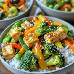 First, you need to press the tofu. This step gets rid of extra moisture. Wrap the tofu in a clean kitchen towel. Place a heavy object on top for 15-20 minutes. After pressing, slice the tofu into cubes. Aim for bite-sized pieces to ensure even cooking. Next, heat one tablespoon of sesame oil in a large skillet over medium-high heat. Once hot, add the diced tofu. Sauté the tofu for about 5-7 minutes. Turn it gently so it becomes golden brown on all sides. After that, remove the tofu from the skillet and set it aside on a plate. In the same skillet, add the remaining tablespoon of sesame oil. Stir in the sliced red onion, minced garlic, and grated ginger. Sauté these for about 2 minutes. You want the onion to become soft and see-through. Then, add the broccoli, bell peppers, snap peas, and julienned carrot. Stir-fry this mixture for 5-7 minutes. Your goal is to have tender-crisp and colorful vegetables. Now it's time to bring it all together. Return the sautéed tofu to the skillet. Drizzle the soy sauce over the mix. Gently toss everything until it’s well coated. Let it cook for an extra 1-2 minutes. This helps the flavors blend nicely. Taste the stir fry and season with salt and fresh black pepper as needed. For more details, you can check the Full Recipe. Tofu can either be soft or crispy. Pressing tofu is key. This step removes excess water. It helps the tofu absorb flavors and become crispy. Wrap the tofu in a towel. Place a heavy object on top for about 15-20 minutes. After pressing, cut the tofu into cubes. For crispy tofu, sauté it in a hot pan. Use a non-stick skillet or wok. Heat some sesame oil and add the tofu. Cook until all sides are golden brown. This takes about 5-7 minutes. You’ll love the crunch! Adjusting seasonings can transform your dish. Start with soy sauce. It adds a savory touch. If you want more heat, try some chili flakes. For sweetness, add a dash of honey or maple syrup. You can balance these flavors to suit your taste. Experiment with fresh herbs too. Add basil or cilantro for a fresh kick. These small changes can make a big difference in flavor. Serving ideas can enhance your meal's appeal. Use colorful bowls to show off the vibrant veggies. A mix of colors makes the dish pop! Garnish your stir fry with toasted sesame seeds. They add texture and a nice crunch. Fresh herbs like cilantro or green onions also look great. These tips will elevate your dish and impress your guests. Enjoy your vibrant stir fry! For the full recipe, check the previous section. {{image_4}} You can change up your stir fry by using different vegetables. Seasonal swaps keep your dish fresh. For example, use zucchini in summer or squash in fall. You can also add leafy greens like spinach or bok choy. These greens cook quickly and add a nice color to your meal. Tofu is great, but you can use different types. Silken tofu is soft and creamy. It works well in sauces or soups. Extra-firm tofu has more texture and holds its shape better. If you want to try something new, chickpeas or tempeh are good choices too. They add protein and flavor. Spice things up with chili sauce if you like heat. It gives your stir fry a nice kick. You can also try teriyaki or hoisin sauce for a sweeter taste. Each sauce will change the flavor, so feel free to experiment and find what you love. To store leftovers properly, first let the stir fry cool. Then, transfer it to an airtight container. Make sure to seal it tightly to keep out air. Place the container in the fridge. The recommended shelf life for vegetable stir fry with tofu is about 3 to 5 days. After that, the flavors and texture may decline. Always check for any signs of spoilage before eating. For freezing stir fry, let the dish cool completely. Then, pack it into freezer-safe containers. Leave a little space at the top to allow for expansion. You can also use freezer bags, squeezing out as much air as possible. When reheating frozen leftovers, the best method is to thaw them overnight in the fridge. Then, heat in a skillet over medium heat. Add a splash of water or oil to help revive the dish. Stir until it’s heated through. Enjoy your meal again without losing flavor! Yes, you can easily make this dish gluten-free. The key is to use gluten-free soy sauce, known as tamari. This substitute provides the same rich flavor without the gluten. Always check labels when buying tamari to ensure it's free from gluten. For stir fry, firm or extra-firm tofu works best. These types hold their shape and provide a nice texture. Soft or silken tofu tends to break apart easily. When using firm tofu, press it well to remove moisture. This step ensures a crisp exterior when you fry it. Absolutely! Meal prepping this stir fry is simple. You can chop the vegetables and press the tofu in advance. Store them in airtight containers in the fridge. When you are ready to eat, just sauté everything together. To reheat, simply warm it in a skillet over medium heat for a few minutes. This blog post covered a tasty vegetable stir fry with tofu. You learned about the main ingredients, like tofu and fresh veggies, plus flavor enhancers like garlic and soy sauce. I shared step-by-step instructions and helpful tips for the best texture and taste. You can customize this dish with different vegetables or proteins. Proper storage and reheating tips ensure you enjoy your meal later. Remember, stir fry is fun and flexible. Experiment with flavors to make it your own, making easy meal prep a breeze. Enjoy cooking!