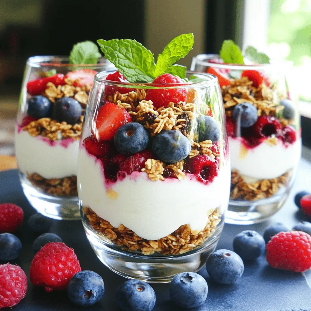- 2 cups plain Greek yogurt (low-fat or non-fat options) - 1 cup granola (low-sugar variety) - 1 cup mixed berries (strawberries, blueberries, raspberries) - Honey or maple syrup (for sweetness) - Ground cinnamon (for flavor) - Fresh mint leaves (for garnish) Gathering your ingredients is the first step to making a tasty Greek yogurt parfait. I love using plain Greek yogurt because it is thick and creamy. It packs a protein punch and keeps you full. You can choose low-fat or non-fat based on what you like. Granola adds a nice crunch. I suggest picking a low-sugar variety to keep things healthy. Mixed berries are colorful and full of flavor. Strawberries, blueberries, and raspberries mix well together. They add natural sweetness and vitamins to your parfait. If you want extra sweetness, consider adding honey or maple syrup. A pinch of ground cinnamon can boost the flavor and make it warm. Lastly, fresh mint leaves add a pop of color and a cooling taste. This parfait is easy to customize. You can mix and match your favorite fruits and toppings. For the full recipe, check the link provided. 1. First, grab your medium mixing bowl. Mix the Greek yogurt with a pinch of cinnamon. If you want it sweeter, add honey or maple syrup. Stir well until it’s smooth. 2. Next, pick out your clear serving glasses or bowls. These will show off the pretty layers. Start by adding a big scoop of your yogurt mix to the bottom of each glass. 3. After that, sprinkle a layer of granola over the yogurt. Follow this with a layer of mixed berries. Spread them out so they look nice. 4. Keep layering: add more yogurt, then granola, and berries. Finish with a nice layer of yogurt on top. 5. To make it look special, add some extra berries and a fresh mint leaf on top. - Start with the yogurt at the bottom. Then, add granola and berries on top. - Repeat this process until the glasses are full. Always end with a yogurt layer on top. This method gives your parfait a lovely look and a great taste. For a detailed guide, check out the Full Recipe. When making a parfait, choosing the right yogurt is key. Low-fat Greek yogurt gives a creamy texture with fewer calories. Non-fat Greek yogurt is even lighter but still rich in protein. Both options are healthy and delicious. You can also find flavored Greek yogurts. These can add a fun twist. Just watch for added sugars in flavored kinds. To get clean layers in your parfait, use a steady hand. Start with a layer of yogurt, then granola, and finish with berries. Repeat this until your glass is full. The right glassware makes a big difference. Clear glasses or bowls show off the layers beautifully. This makes your parfait look as good as it tastes. Crunchy toppings elevate your parfait. Granola adds a nice bite, but you can also try nuts or seeds. For sweetness, balance it with tart flavors. The berries bring a fresh taste that pairs well with yogurt. If you want more sweetness, add a drizzle of honey or maple syrup. Just be careful not to make it too sweet. {{image_4}} You can switch up the fruits in your parfait based on the season. In summer, try adding juicy peaches or ripe strawberries. In fall, crisp apples or sweet pears work great. This keeps your parfait fresh and exciting. Always choose fruits that are in season for the best taste and nutrition. Plus, it makes your parfait colorful! If you follow a vegan or dairy-free diet, you can still enjoy this parfait. Use coconut yogurt or almond yogurt in place of Greek yogurt. For those avoiding gluten, look for granola made from oats or seeds. There are many brands that offer gluten-free options. You can even make your own granola at home! Want to add some fun flavors? Try mixing in nut butters like almond or peanut. Chocolate lovers can sprinkle in some cocoa powder or mini chocolate chips. For a warm twist, add spices like nutmeg or ginger to your yogurt. These flavors will make your parfait truly unique. Feel free to experiment and find your favorite combinations! Remember, you can find the Full Recipe to create your own Healthy Greek Yogurt Parfait. To keep your Greek yogurt parfait fresh, you want to store it in the fridge. Place it in an airtight container. This helps keep the layers intact and prevents sogginess. If you have leftover parfaits, they will last for about 2 to 3 days in the fridge. After that, the granola might get too soft. You can prepare the parts of your parfait ahead of time. Mix the Greek yogurt and spices and store them separately. Wash and slice your berries and keep them in a separate container. You can also store the granola in a cool, dry place. Assemble the parfaits just before serving for the best taste and texture. This way, you have a delightful treat ready to enjoy! For the full recipe, check the details above. Greek yogurt is rich in protein. It helps you feel full longer. It also has probiotics, which support gut health. Compared to regular yogurt, Greek yogurt has less sugar and more protein. This makes it a better choice for anyone wanting to eat healthier. Yes, you can use various types of granola. Look for low-sugar granola to keep it healthy. You can also make your own granola at home. This way, you control the ingredients and sweetness. You can add many flavors to your parfait. Try nuts, seeds, or different fruits. If you want it vegan, use coconut yogurt instead. For gluten-free options, choose gluten-free granola. The choices are endless! You can find the detailed recipe for the Deliciously Creamy Healthy Greek Yogurt Parfait [here](#). This blog post covered how to make a healthy Greek yogurt parfait. We explored key ingredients like Greek yogurt, granola, and berries. You learned steps for mixing and layering these ingredients. Tips helped you choose yogurt, achieve perfect layers, and enhance flavors. You can also adapt the parfait for seasonal fruits and dietary needs. With these simple steps, you can create a tasty and nutritious treat. Enjoy experimenting with flavors and finding what you love!