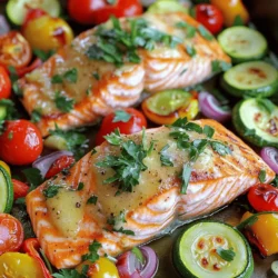 For this dish, you will need: - 4 boneless salmon fillets (about 6 ounces each) - 3 tablespoons unsalted butter, melted - 4 cloves garlic, finely minced - Zest of 1 lemon - 1 tablespoon freshly squeezed lemon juice - 1 teaspoon dried dill weed - Salt and freshly ground black pepper, to taste These ingredients come together to create a rich, buttery flavor that perfectly complements the salmon. Choosing the right vegetables enhances the meal. I like to use: - 1 cup cherry tomatoes, halved - 1 medium zucchini, sliced into half-moons (about ½ inch thick) - 1 bell pepper (any color), sliced into strips - 1 medium red onion, sliced into wedges These veggies roast beautifully. Cherry tomatoes add sweetness. Zucchini and bell peppers bring crunch. The red onion gives a slight bite. Garnishes can elevate your dish. I recommend adding: - Fresh parsley, chopped (for garnish) You can also consider a sprinkle of lemon juice for extra brightness. Adding a few lemon slices on top of the salmon adds a nice touch. For the full recipe, check out the details to bring this meal to life. First, turn your oven to 400°F (200°C). This heat helps cook the salmon and veggies just right. Next, grab a large sheet pan and line it with parchment paper. This makes for easy cleanup after cooking. In a small bowl, melt 3 tablespoons of unsalted butter. Then, add 4 cloves of finely minced garlic. Mix in the zest of one lemon and 1 tablespoon of fresh lemon juice. Don’t forget the dried dill weed! Add 1 teaspoon and a pinch of salt and pepper. Whisk all these ingredients until blended. You want a smooth, tasty garlic butter mix. Take 4 boneless salmon fillets and place them on one side of the sheet pan. Use a basting brush to coat each fillet with your garlic butter mixture. This adds flavor and keeps the salmon moist. Now, in a separate bowl, combine 1 cup of halved cherry tomatoes, sliced zucchini, bell pepper strips, and red onion wedges. Pour the leftover garlic butter mixture over these veggies. Toss them well to coat every piece. Spread the seasoned veggies on the other side of the sheet pan. Make sure they are in one layer for even cooking. This setup allows the salmon and veggies to roast perfectly together. For the full recipe, check the previous section. I always set my oven to 400°F (200°C) for this dish. This high heat helps achieve a nice roast on the salmon and veggies. It cooks quickly, locking in the flavors and moisture. I bake the salmon and vegetables for about 15 to 20 minutes. The exact time depends on the thickness of the salmon fillets. The veggies should be tender and lightly browned. You can check if the salmon is ready by using a fork to see if it flakes easily. To ensure the salmon is flaky, avoid overcooking it. Salmon cooks quickly, so keep an eye on it. If you cook it just until it flakes, you will have a juicy, tender result. Using a thermometer can help too. The internal temperature should reach 145°F (63°C) for perfect doneness. For the full recipe, visit the detailed instructions above. This dish is not just quick; it’s also bursting with flavor! {{image_4}} To keep your salmon tender, use a timer. Bake it for 15 to 20 minutes. Salmon is done when it flakes easily with a fork. Check it at the 15-minute mark. If it looks a bit undercooked, that’s okay. It will keep cooking once you take it out. If you prefer it well done, leave it in for a couple more minutes. You can change the taste of your dish easily. If you like it spicy, add red pepper flakes to the garlic butter. For a fresh touch, try fresh herbs like thyme or basil. You can also switch the lemon juice for lime juice. Taste the garlic butter before adding it to the salmon and veggies. This way, you can adjust the salt and pepper to your liking. This dish is great for meal prep. You can cook several servings at once. Store leftover salmon and veggies in airtight containers. They will keep well in the fridge for up to three days. Reheat them in the oven for the best results. You can also freeze the cooked salmon and veggies, but be careful. They may lose some texture when thawed. For quick meals, prep the garlic butter ahead of time and store it in the fridge. Just add it to the salmon and veggies when you’re ready to cook. For the full recipe, check out the complete guide above. If you want to change up the protein, try chicken or shrimp. Both cook well with the garlic butter sauce. Chicken breast will need a bit more time to bake, about 25-30 minutes. Shrimp cooks faster, so check it after just 10 minutes. You can also use firm fish like cod or halibut. These options will keep your dinners fresh and fun. The great thing about this recipe is its flexibility with vegetables. You can pick what’s in season. In spring, try asparagus or snap peas. In summer, add corn or eggplant. Fall brings sweet potatoes or Brussels sprouts. Winter is perfect for carrots or cauliflower. Using seasonal veggies not only tastes better but also supports local farms. You can give this dish a new twist with different herbs and spices. Instead of dill, try thyme or rosemary for an earthy touch. For a spicy kick, add red pepper flakes or paprika. A sprinkle of smoked paprika can add a nice depth of flavor. You can also experiment with fresh basil or cilantro for a fresh taste. Mix and match these flavors to find your favorite combination. For the full recipe, check out the details above! You can tell when salmon is fully cooked by checking its color and texture. The salmon should turn a light pink and opaque. Use a fork to poke the thickest part of the fillet. If it flakes easily, it is done. The internal temperature should reach 145°F (63°C). This ensures it's safe to eat. Yes, you can prepare this dish ahead of time. You can marinate the salmon in the garlic butter mixture and cut the veggies a day before. Store them in the fridge until you are ready to cook. Just remember to take them out of the fridge about 30 minutes before cooking. This helps them cook evenly. Sheet Pan Garlic Butter Salmon pairs well with many sides. Here are some ideas: - Steamed rice or quinoa - A green salad with vinaigrette - Roasted potatoes or sweet potatoes - Garlic bread for a tasty addition - Couscous or pasta for a heartier meal You can mix and match these sides to fit your taste. Enjoy! For the complete recipe, check out the Full Recipe section above. This blog post walked you through making sheet pan garlic butter salmon. You learned about key ingredients, how to prepare them, and the steps for perfect cooking. I shared pro tips to keep your salmon tender and tasty. Finally, I offered variations to keep the dish fresh and exciting. Remember, with practice, you’ll master this simple, healthy meal. Enjoy creating delicious moments in your kitchen!