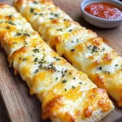 - 2 cups all-purpose flour - 1 packet (2 ¼ teaspoons) instant yeast - 1 teaspoon granulated sugar - 1 teaspoon sea salt - ¾ cup warm water (around 110°F) - 2 tablespoons extra virgin olive oil - 3 cloves of garlic, minced - 1 teaspoon dried oregano - 1 teaspoon dried parsley - 1 cup shredded mozzarella cheese - ¼ cup grated Parmesan cheese - Additional olive oil for brushing - Marinara sauce for dipping To make cheesy garlic breadsticks, you need simple yet tasty ingredients. Each one adds to the breadsticks' flavor and texture. First, all-purpose flour is the base. It gives structure to the dough. Instant yeast helps it rise quickly. Sugar feeds the yeast, while salt adds flavor. Warm water activates the yeast. Olive oil keeps the breadsticks moist. Minced garlic brings a bold flavor. Dried oregano and parsley add a nice herbal touch. The cheeses create that gooey, cheesy goodness. Mozzarella gives stretch, while Parmesan adds a sharp taste. Finally, a bit of olive oil brushed on top enhances the flavor and helps with browning. These ingredients come together to create an irresistible treat. You can find the full recipe above for detailed steps. Enjoy the process of making these delicious cheesy garlic breadsticks! First, gather your dry ingredients. You will need: - 2 cups all-purpose flour - 1 packet (2 ¼ teaspoons) instant yeast - 1 teaspoon granulated sugar - 1 teaspoon sea salt In a large mixing bowl, mix these ingredients well. This step is key to a good rise. Next, add warm water and olive oil. Use ¾ cup of warm water, about 110°F. Stir until the dough starts to form. Now, it's time to knead! Transfer the dough to a floured surface. Knead it for about 5-7 minutes until smooth. If the dough feels sticky, sprinkle in more flour. The right dough consistency is soft and elastic. You want it to bounce back when you poke it. Once kneaded, place the dough in a greased bowl. Cover it with a clean kitchen towel. Let it rise in a warm spot for about 30 minutes. The dough should double in size. A warm, draft-free place is best for this. Preheat your oven to 425°F (220°C). After the dough has risen, punch it down gently. This releases air. Roll it out on a floured surface into a rectangle, about ½ inch thick. Brush the surface with olive oil. Sprinkle minced garlic, dried oregano, and dried parsley on top. Then, add shredded mozzarella and grated Parmesan cheese. Cut the dough into strips, about 1 inch wide. Place them on a baking sheet lined with parchment paper. Bake for 12-15 minutes, or until golden brown. The cheese should be bubbly and slightly browned. Enjoy the aroma as they bake! For an extra flavor boost, brush warm breadsticks with a little more olive oil after baking. Don’t forget to check the Full Recipe for more details! To get the best texture and aroma, start with fresh ingredients. Use warm water around 110°F to activate the yeast. Knead the dough until it's smooth and feels elastic. This step is key for a great rise and chew. When you shape the breadsticks, roll out the dough to about ½ inch thick. This thickness helps the breadsticks cook evenly. For baking, I recommend using a preheated oven at 425°F. The hot oven creates that perfect golden crust. Bake until the cheese bubbles and the sticks turn golden brown, usually 12-15 minutes. This timing ensures a soft inside and a crispy outside. To boost the flavor, think about adding herbs or spices. Fresh basil or thyme can add a nice touch. If you want a stronger garlic flavor, you can mix in garlic powder with the dry ingredients. A sprinkle of red pepper flakes can also give a kick to your breadsticks. For a garlic lover’s twist, try adding roasted garlic. Simply mash some roasted garlic cloves and mix them into the dough. This will give your breadsticks a deep, rich flavor that garlic fans will love. Presentation is key for any dish. Serve your warm cheesy garlic breadsticks on a rustic wooden board. Pair them with a vibrant bowl of marinara sauce for dipping. For a finishing touch, sprinkle fresh herbs or a bit of extra Parmesan on top. You can also serve these breadsticks with pasta dishes or alongside salads. They pair well with a glass of red wine too. Enjoy experimenting with different meals or beverages to find your favorite match. {{image_4}} You can change the cheese to create new flavors. Mozzarella is great, but try cheddar or gouda for a twist. Mixing cheeses adds depth. Try half mozzarella and half cheddar for a rich taste. You might love the way it melts and tastes! Fresh herbs make a big difference. Use basil or thyme for a garden touch. Dried herbs work too and last longer. Red pepper flakes add heat. Italian seasoning gives a classic taste. Experiment with different herbs and spices to find your favorite mix! If you need a gluten-free option, use gluten-free flour. Mix it well with the other ingredients. Make sure to follow the same steps in the recipe. The dough may feel different, but it should still rise. Bake until golden brown. Enjoy cheesy garlic breadsticks that fit your needs! You can find the Full Recipe for all the steps and details to make these tasty treats. To keep your cheesy garlic breadsticks fresh, store them in the fridge. Place them in an airtight container. This will keep them from drying out. Use a container that fits them snugly. You can also wrap them tightly in plastic wrap. This helps keep them soft and tasty. When you want to enjoy your breadsticks again, you can reheat them either in the oven or microwave. For the oven, preheat it to 350°F (175°C). Place the breadsticks on a baking sheet. Heat for 5-10 minutes until they are warm. This keeps the texture crisp. If you choose the microwave, heat them for 20-30 seconds. Watch them closely. They can get chewy if heated too long. Freezing your cheesy garlic breadsticks is simple. First, let them cool completely after baking. Then, wrap each breadstick in plastic wrap. Place them in a freezer-safe bag or container. Make sure to remove as much air as possible. When you're ready to eat, take them out. Thaw them in the fridge overnight. Reheat as usual to bring back that fresh taste. Enjoy your cheesy garlic breadsticks anytime! For the full recipe, check out the cooking instructions above. You can make quick cheesy garlic breadsticks using baking powder. This method skips the rise time. Just mix the dry ingredients, add milk, and stir until smooth. Spread the dough on a baking sheet, add garlic and cheese, and bake. You’ll get soft, cheesy breadsticks in no time. You can dip cheesy garlic breadsticks in many sauces. Consider ranch dressing for a creamy touch. Garlic butter adds a rich flavor. For a spicy kick, try sriracha mayo. You can also serve them with pesto for a fresh taste. Endless options make each bite exciting! Look for a golden-brown color on top. The cheese should be bubbly and slightly browned. If you tap the breadsticks, they should sound hollow. Use a toothpick to check the middle; it should come out clean. These signs mean your cheesy garlic breadsticks are perfectly baked. Absolutely! You can customize your cheesy garlic breadsticks with many toppings. Crumbled bacon adds a savory crunch. Sliced jalapeños give a spicy kick. Fresh herbs like basil or parsley enhance flavor. You can even sprinkle extra cheese for a gooey finish. Get creative and make them your own! For detailed steps and measurements, check the [Full Recipe](#). Enjoy your baking adventure! You’ve learned how to make cheesy garlic breadsticks from scratch. We covered essential ingredients, step-by-step instructions, and tips for perfecting your dish. Remember, experimenting with different cheeses and spices can enhance your flavors. Feel free to try gluten-free options if needed. Store leftovers properly and enjoy them later. Now, grab your ingredients, get cooking, and delight in the warm aroma of fresh breadsticks. You’ll impress everyone with your skills!
