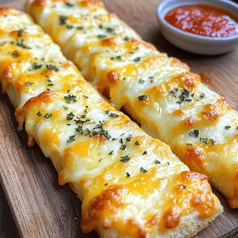 - 2 cups all-purpose flour - 1 packet (2 ¼ teaspoons) instant yeast - 1 teaspoon granulated sugar - 1 teaspoon sea salt - ¾ cup warm water (around 110°F) - 2 tablespoons extra virgin olive oil - 3 cloves of garlic, minced - 1 teaspoon dried oregano - 1 teaspoon dried parsley - 1 cup shredded mozzarella cheese - ¼ cup grated Parmesan cheese - Additional olive oil for brushing - Marinara sauce for dipping To make cheesy garlic breadsticks, you need simple yet tasty ingredients. Each one adds to the breadsticks' flavor and texture. First, all-purpose flour is the base. It gives structure to the dough. Instant yeast helps it rise quickly. Sugar feeds the yeast, while salt adds flavor. Warm water activates the yeast. Olive oil keeps the breadsticks moist. Minced garlic brings a bold flavor. Dried oregano and parsley add a nice herbal touch. The cheeses create that gooey, cheesy goodness. Mozzarella gives stretch, while Parmesan adds a sharp taste. Finally, a bit of olive oil brushed on top enhances the flavor and helps with browning. These ingredients come together to create an irresistible treat. You can find the full recipe above for detailed steps. Enjoy the process of making these delicious cheesy garlic breadsticks! First, gather your dry ingredients. You will need: - 2 cups all-purpose flour - 1 packet (2 ¼ teaspoons) instant yeast - 1 teaspoon granulated sugar - 1 teaspoon sea salt In a large mixing bowl, mix these ingredients well. This step is key to a good rise. Next, add warm water and olive oil. Use ¾ cup of warm water, about 110°F. Stir until the dough starts to form. Now, it's time to knead! Transfer the dough to a floured surface. Knead it for about 5-7 minutes until smooth. If the dough feels sticky, sprinkle in more flour. The right dough consistency is soft and elastic. You want it to bounce back when you poke it. Once kneaded, place the dough in a greased bowl. Cover it with a clean kitchen towel. Let it rise in a warm spot for about 30 minutes. The dough should double in size. A warm, draft-free place is best for this. Preheat your oven to 425°F (220°C). After the dough has risen, punch it down gently. This releases air. Roll it out on a floured surface into a rectangle, about ½ inch thick. Brush the surface with olive oil. Sprinkle minced garlic, dried oregano, and dried parsley on top. Then, add shredded mozzarella and grated Parmesan cheese. Cut the dough into strips, about 1 inch wide. Place them on a baking sheet lined with parchment paper. Bake for 12-15 minutes, or until golden brown. The cheese should be bubbly and slightly browned. Enjoy the aroma as they bake! For an extra flavor boost, brush warm breadsticks with a little more olive oil after baking. Don’t forget to check the Full Recipe for more details! To get the best texture and aroma, start with fresh ingredients. Use warm water around 110°F to activate the yeast. Knead the dough until it's smooth and feels elastic. This step is key for a great rise and chew. When you shape the breadsticks, roll out the dough to about ½ inch thick. This thickness helps the breadsticks cook evenly. For baking, I recommend using a preheated oven at 425°F. The hot oven creates that perfect golden crust. Bake until the cheese bubbles and the sticks turn golden brown, usually 12-15 minutes. This timing ensures a soft inside and a crispy outside. To boost the flavor, think about adding herbs or spices. Fresh basil or thyme can add a nice touch. If you want a stronger garlic flavor, you can mix in garlic powder with the dry ingredients. A sprinkle of red pepper flakes can also give a kick to your breadsticks. For a garlic lover’s twist, try adding roasted garlic. Simply mash some roasted garlic cloves and mix them into the dough. This will give your breadsticks a deep, rich flavor that garlic fans will love. Presentation is key for any dish. Serve your warm cheesy garlic breadsticks on a rustic wooden board. Pair them with a vibrant bowl of marinara sauce for dipping. For a finishing touch, sprinkle fresh herbs or a bit of extra Parmesan on top. You can also serve these breadsticks with pasta dishes or alongside salads. They pair well with a glass of red wine too. Enjoy experimenting with different meals or beverages to find your favorite match. {{image_4}} You can change the cheese to create new flavors. Mozzarella is great, but try cheddar or gouda for a twist. Mixing cheeses adds depth. Try half mozzarella and half cheddar for a rich taste. You might love the way it melts and tastes! Fresh herbs make a big difference. Use basil or thyme for a garden touch. Dried herbs work too and last longer. Red pepper flakes add heat. Italian seasoning gives a classic taste. Experiment with different herbs and spices to find your favorite mix! If you need a gluten-free option, use gluten-free flour. Mix it well with the other ingredients. Make sure to follow the same steps in the recipe. The dough may feel different, but it should still rise. Bake until golden brown. Enjoy cheesy garlic breadsticks that fit your needs! You can find the Full Recipe for all the steps and details to make these tasty treats. To keep your cheesy garlic breadsticks fresh, store them in the fridge. Place them in an airtight container. This will keep them from drying out. Use a container that fits them snugly. You can also wrap them tightly in plastic wrap. This helps keep them soft and tasty. When you want to enjoy your breadsticks again, you can reheat them either in the oven or microwave. For the oven, preheat it to 350°F (175°C). Place the breadsticks on a baking sheet. Heat for 5-10 minutes until they are warm. This keeps the texture crisp. If you choose the microwave, heat them for 20-30 seconds. Watch them closely. They can get chewy if heated too long. Freezing your cheesy garlic breadsticks is simple. First, let them cool completely after baking. Then, wrap each breadstick in plastic wrap. Place them in a freezer-safe bag or container. Make sure to remove as much air as possible. When you're ready to eat, take them out. Thaw them in the fridge overnight. Reheat as usual to bring back that fresh taste. Enjoy your cheesy garlic breadsticks anytime! For the full recipe, check out the cooking instructions above. You can make quick cheesy garlic breadsticks using baking powder. This method skips the rise time. Just mix the dry ingredients, add milk, and stir until smooth. Spread the dough on a baking sheet, add garlic and cheese, and bake. You’ll get soft, cheesy breadsticks in no time. You can dip cheesy garlic breadsticks in many sauces. Consider ranch dressing for a creamy touch. Garlic butter adds a rich flavor. For a spicy kick, try sriracha mayo. You can also serve them with pesto for a fresh taste. Endless options make each bite exciting! Look for a golden-brown color on top. The cheese should be bubbly and slightly browned. If you tap the breadsticks, they should sound hollow. Use a toothpick to check the middle; it should come out clean. These signs mean your cheesy garlic breadsticks are perfectly baked. Absolutely! You can customize your cheesy garlic breadsticks with many toppings. Crumbled bacon adds a savory crunch. Sliced jalapeños give a spicy kick. Fresh herbs like basil or parsley enhance flavor. You can even sprinkle extra cheese for a gooey finish. Get creative and make them your own! For detailed steps and measurements, check the [Full Recipe](#). Enjoy your baking adventure! You’ve learned how to make cheesy garlic breadsticks from scratch. We covered essential ingredients, step-by-step instructions, and tips for perfecting your dish. Remember, experimenting with different cheeses and spices can enhance your flavors. Feel free to try gluten-free options if needed. Store leftovers properly and enjoy them later. Now, grab your ingredients, get cooking, and delight in the warm aroma of fresh breadsticks. You’ll impress everyone with your skills!