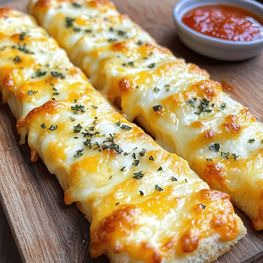 - 2 cups all-purpose flour - 1 packet (2 ¼ teaspoons) instant yeast - 1 teaspoon granulated sugar - 1 teaspoon sea salt - ¾ cup warm water (around 110°F) - 2 tablespoons extra virgin olive oil - 3 cloves of garlic, minced - 1 teaspoon dried oregano - 1 teaspoon dried parsley - 1 cup shredded mozzarella cheese - ¼ cup grated Parmesan cheese - Additional olive oil for brushing - Marinara sauce for dipping To make cheesy garlic breadsticks, you need simple yet tasty ingredients. Each one adds to the breadsticks' flavor and texture. First, all-purpose flour is the base. It gives structure to the dough. Instant yeast helps it rise quickly. Sugar feeds the yeast, while salt adds flavor. Warm water activates the yeast. Olive oil keeps the breadsticks moist. Minced garlic brings a bold flavor. Dried oregano and parsley add a nice herbal touch. The cheeses create that gooey, cheesy goodness. Mozzarella gives stretch, while Parmesan adds a sharp taste. Finally, a bit of olive oil brushed on top enhances the flavor and helps with browning. These ingredients come together to create an irresistible treat. You can find the full recipe above for detailed steps. Enjoy the process of making these delicious cheesy garlic breadsticks! First, gather your dry ingredients. You will need: - 2 cups all-purpose flour - 1 packet (2 ¼ teaspoons) instant yeast - 1 teaspoon granulated sugar - 1 teaspoon sea salt In a large mixing bowl, mix these ingredients well. This step is key to a good rise. Next, add warm water and olive oil. Use ¾ cup of warm water, about 110°F. Stir until the dough starts to form. Now, it's time to knead! Transfer the dough to a floured surface. Knead it for about 5-7 minutes until smooth. If the dough feels sticky, sprinkle in more flour. The right dough consistency is soft and elastic. You want it to bounce back when you poke it. Once kneaded, place the dough in a greased bowl. Cover it with a clean kitchen towel. Let it rise in a warm spot for about 30 minutes. The dough should double in size. A warm, draft-free place is best for this. Preheat your oven to 425°F (220°C). After the dough has risen, punch it down gently. This releases air. Roll it out on a floured surface into a rectangle, about ½ inch thick. Brush the surface with olive oil. Sprinkle minced garlic, dried oregano, and dried parsley on top. Then, add shredded mozzarella and grated Parmesan cheese. Cut the dough into strips, about 1 inch wide. Place them on a baking sheet lined with parchment paper. Bake for 12-15 minutes, or until golden brown. The cheese should be bubbly and slightly browned. Enjoy the aroma as they bake! For an extra flavor boost, brush warm breadsticks with a little more olive oil after baking. Don’t forget to check the Full Recipe for more details! To get the best texture and aroma, start with fresh ingredients. Use warm water around 110°F to activate the yeast. Knead the dough until it's smooth and feels elastic. This step is key for a great rise and chew. When you shape the breadsticks, roll out the dough to about ½ inch thick. This thickness helps the breadsticks cook evenly. For baking, I recommend using a preheated oven at 425°F. The hot oven creates that perfect golden crust. Bake until the cheese bubbles and the sticks turn golden brown, usually 12-15 minutes. This timing ensures a soft inside and a crispy outside. To boost the flavor, think about adding herbs or spices. Fresh basil or thyme can add a nice touch. If you want a stronger garlic flavor, you can mix in garlic powder with the dry ingredients. A sprinkle of red pepper flakes can also give a kick to your breadsticks. For a garlic lover’s twist, try adding roasted garlic. Simply mash some roasted garlic cloves and mix them into the dough. This will give your breadsticks a deep, rich flavor that garlic fans will love. Presentation is key for any dish. Serve your warm cheesy garlic breadsticks on a rustic wooden board. Pair them with a vibrant bowl of marinara sauce for dipping. For a finishing touch, sprinkle fresh herbs or a bit of extra Parmesan on top. You can also serve these breadsticks with pasta dishes or alongside salads. They pair well with a glass of red wine too. Enjoy experimenting with different meals or beverages to find your favorite match. {{image_4}} You can change the cheese to create new flavors. Mozzarella is great, but try cheddar or gouda for a twist. Mixing cheeses adds depth. Try half mozzarella and half cheddar for a rich taste. You might love the way it melts and tastes! Fresh herbs make a big difference. Use basil or thyme for a garden touch. Dried herbs work too and last longer. Red pepper flakes add heat. Italian seasoning gives a classic taste. Experiment with different herbs and spices to find your favorite mix! If you need a gluten-free option, use gluten-free flour. Mix it well with the other ingredients. Make sure to follow the same steps in the recipe. The dough may feel different, but it should still rise. Bake until golden brown. Enjoy cheesy garlic breadsticks that fit your needs! You can find the Full Recipe for all the steps and details to make these tasty treats. To keep your cheesy garlic breadsticks fresh, store them in the fridge. Place them in an airtight container. This will keep them from drying out. Use a container that fits them snugly. You can also wrap them tightly in plastic wrap. This helps keep them soft and tasty. When you want to enjoy your breadsticks again, you can reheat them either in the oven or microwave. For the oven, preheat it to 350°F (175°C). Place the breadsticks on a baking sheet. Heat for 5-10 minutes until they are warm. This keeps the texture crisp. If you choose the microwave, heat them for 20-30 seconds. Watch them closely. They can get chewy if heated too long. Freezing your cheesy garlic breadsticks is simple. First, let them cool completely after baking. Then, wrap each breadstick in plastic wrap. Place them in a freezer-safe bag or container. Make sure to remove as much air as possible. When you're ready to eat, take them out. Thaw them in the fridge overnight. Reheat as usual to bring back that fresh taste. Enjoy your cheesy garlic breadsticks anytime! For the full recipe, check out the cooking instructions above. You can make quick cheesy garlic breadsticks using baking powder. This method skips the rise time. Just mix the dry ingredients, add milk, and stir until smooth. Spread the dough on a baking sheet, add garlic and cheese, and bake. You’ll get soft, cheesy breadsticks in no time. You can dip cheesy garlic breadsticks in many sauces. Consider ranch dressing for a creamy touch. Garlic butter adds a rich flavor. For a spicy kick, try sriracha mayo. You can also serve them with pesto for a fresh taste. Endless options make each bite exciting! Look for a golden-brown color on top. The cheese should be bubbly and slightly browned. If you tap the breadsticks, they should sound hollow. Use a toothpick to check the middle; it should come out clean. These signs mean your cheesy garlic breadsticks are perfectly baked. Absolutely! You can customize your cheesy garlic breadsticks with many toppings. Crumbled bacon adds a savory crunch. Sliced jalapeños give a spicy kick. Fresh herbs like basil or parsley enhance flavor. You can even sprinkle extra cheese for a gooey finish. Get creative and make them your own! For detailed steps and measurements, check the [Full Recipe](#). Enjoy your baking adventure! You’ve learned how to make cheesy garlic breadsticks from scratch. We covered essential ingredients, step-by-step instructions, and tips for perfecting your dish. Remember, experimenting with different cheeses and spices can enhance your flavors. Feel free to try gluten-free options if needed. Store leftovers properly and enjoy them later. Now, grab your ingredients, get cooking, and delight in the warm aroma of fresh breadsticks. You’ll impress everyone with your skills!