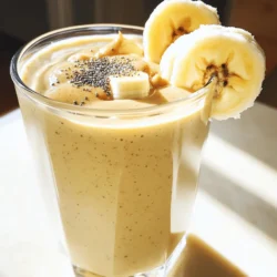 To make the Peanut Butter Banana Bliss Smoothie, gather these simple ingredients: - 2 ripe bananas, peeled and broken into chunks - 1/4 cup creamy natural peanut butter - 1 cup unsweetened almond milk (or your preferred milk) - 1 tablespoon honey or maple syrup (optional for sweetness) - 1 tablespoon chia seeds - 1/2 teaspoon ground cinnamon - A handful of ice cubes You can easily swap some ingredients if needed. Use any milk, like oat or soy, instead of almond milk. If you avoid honey, agave syrup works well too. For a nut-free option, choose sun butter in place of peanut butter. You can also skip chia seeds if you prefer, but they add a nice crunch and nutrients. This smoothie is a healthy treat! Each serving gives you energy and nutrients. Here’s a rough breakdown of what you get per serving: - Calories: Around 350 - Protein: About 10 grams - Fat: Roughly 15 grams - Carbs: Around 45 grams - Fiber: About 8 grams This smoothie is rich in fiber and protein. It keeps you full and gives you a boost. If you want to check the full recipe, click here: [Full Recipe]. To start, gather your ingredients. You will need two ripe bananas, creamy peanut butter, almond milk, honey or maple syrup, chia seeds, ground cinnamon, and ice cubes. 1. Peel the bananas and break them into chunks. Place them in your blender. 2. Next, add 1/4 cup of creamy peanut butter. This gives the smoothie its rich flavor. 3. Pour in 1 cup of unsweetened almond milk. Adjust this if you like a thicker or thinner smoothie. 4. If you want extra sweetness, add 1 tablespoon of honey or maple syrup. 5. Sprinkle in 1 tablespoon of chia seeds and 1/2 teaspoon of ground cinnamon. These boost the smoothie’s nutrition. Now it’s time to blend! 1. Add a handful of ice cubes to your blender. This will chill the smoothie and make it refreshing. 2. Blend on high speed for 1-2 minutes. Watch as the ingredients mix into a smooth, creamy drink. 3. Stop the blender and check the texture. If it's too thick, pour in a little more almond milk and blend again. Once blended, taste the smoothie. - If it needs more sweetness, add more honey or maple syrup. Blend again to mix it in. - If you want a creamier texture, add more peanut butter. Blend until you reach your perfect flavor. - Pour the smoothie into glasses and enjoy your delicious treat! For the full recipe, check out the details above. To make the best peanut butter banana smoothie, start with ripe bananas. Ripe bananas have more flavor and sweetness. Use creamy peanut butter for a smooth texture. Blend your ingredients in the right order: bananas first, then peanut butter, milk, and other items. This order helps them mix better. Always use a good blender for a creamy finish. You can easily boost the flavor of your smoothie. Add a scoop of vanilla or cocoa powder for extra taste. A tablespoon of Greek yogurt adds creaminess and protein. If you want more nutrition, include spinach or kale. Chia seeds add fiber and omega-3 fatty acids. Don't forget to adjust the sweetness with honey or maple syrup as needed. One common mistake is using unripe bananas. They can make your smoothie taste less sweet. Another mistake is not blending long enough. You want a smooth consistency without chunks. Using too much ice can make it watery. Start with a handful and add more as needed. Lastly, don’t skip the tasting step. Adjusting flavors is key to a great smoothie. For more details, check out the Full Recipe. {{image_4}} You can easily boost your smoothie by adding fruits and vegetables. Some great choices include: - Spinach - Kale - Berries (strawberries, blueberries, or raspberries) - Avocado - Mango These additions not only add flavor but also pack in extra nutrients. For instance, spinach is rich in iron and vitamins. A handful of berries adds sweetness and antioxidants. You can mix and match to find your perfect blend! While peanut butter shines in this smoothie, you can switch it out for other nut butters. Try: - Almond butter - Cashew butter - Sunflower seed butter Each nut butter brings a unique taste and texture. Almond butter is a bit sweeter, while cashew butter is creamier. Sunflower seed butter is a great choice for nut-free diets. Experiment to discover your favorite! Enhancing the flavor of your smoothie can be fun! Here are some tasty options: - A splash of vanilla extract - A spoonful of cocoa powder - A pinch of nutmeg Vanilla adds warmth, while cocoa gives a rich chocolate flavor. Nutmeg can add a cozy spice that complements the banana. Feel free to adjust the amounts according to your taste. These variations keep your Peanut Butter Banana Smoothie fresh and exciting. Check out the Full Recipe to see how to whip up this delicious treat! If you have extra smoothie, store it in an airtight container. This keeps it fresh. Place it in the fridge and use it within one day. The smoothie can separate, but that's normal. Just stir it well before drinking. You can freeze the smoothie for later. Pour it into ice cube trays or freezer-safe containers. This way, you can grab a portion whenever you want. To thaw, move it to the fridge overnight or blend it straight from the freezer. It will still taste great! Smoothies are best cold, so reheating is not common. If you want a warm drink, heat it gently on low. Stir it well to mix the texture. Be careful not to overheat it, as it can change the taste. Enjoy your Peanut Butter Banana Bliss Smoothie anytime! For the full recipe, refer to the earlier section. Yes, you can easily make this smoothie vegan. Simply swap the honey for maple syrup. Use plant-based milk like almond, soy, or oat milk. This way, you keep the creamy texture without any dairy. To create a thicker smoothie, add more frozen bananas. You can also use less liquid, like almond milk. Another great option is to add oats or Greek yogurt. Both choices boost thickness and add nutrition. This smoothie offers many health benefits. Bananas provide potassium, which supports heart health. Peanut butter adds healthy fats and protein, keeping you full longer. Chia seeds are rich in fiber and omega-3s, promoting good digestion. Yes, you can add protein powder to this smoothie. It enhances the protein content, making it great after workouts. Just mix in one scoop with the other ingredients in the blender. This will give you an extra boost and help you stay energized. For the full recipe, check out the Peanut Butter Banana Bliss Smoothie. This blog post covered everything you need for the perfect smoothie. We explored key ingredients and useful substitutes. You learned step-by-step preparation and blending tips. I shared ways to enhance flavor and nutrition. We also discussed how to store your smoothie and answered common questions. Remember, smoothies are fun and easy. Don’t fear trying new ingredients or flavors. Enjoy making your next smoothie!