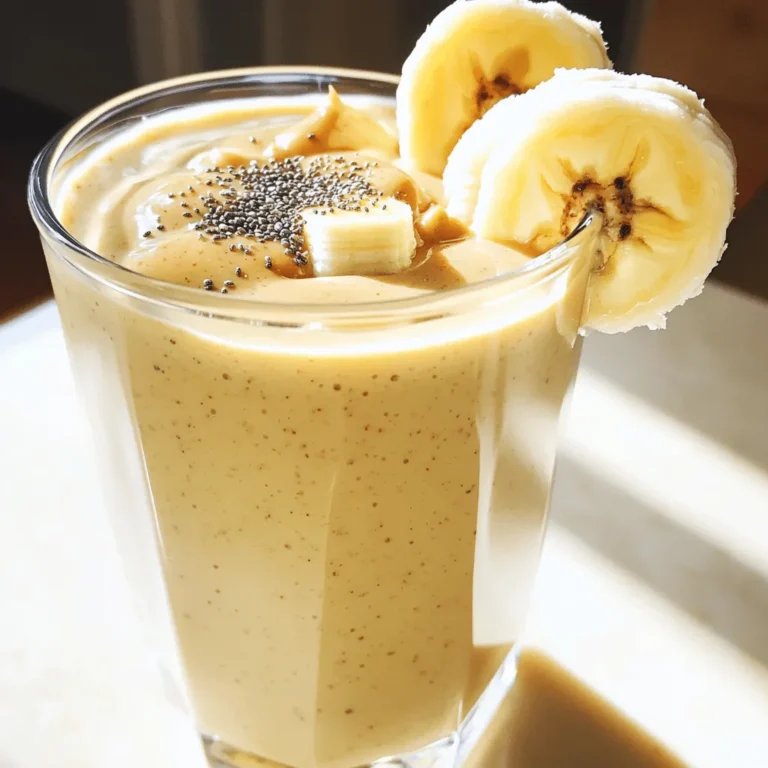 To make the Peanut Butter Banana Bliss Smoothie, gather these simple ingredients: - 2 ripe bananas, peeled and broken into chunks - 1/4 cup creamy natural peanut butter - 1 cup unsweetened almond milk (or your preferred milk) - 1 tablespoon honey or maple syrup (optional for sweetness) - 1 tablespoon chia seeds - 1/2 teaspoon ground cinnamon - A handful of ice cubes You can easily swap some ingredients if needed. Use any milk, like oat or soy, instead of almond milk. If you avoid honey, agave syrup works well too. For a nut-free option, choose sun butter in place of peanut butter. You can also skip chia seeds if you prefer, but they add a nice crunch and nutrients. This smoothie is a healthy treat! Each serving gives you energy and nutrients. Here’s a rough breakdown of what you get per serving: - Calories: Around 350 - Protein: About 10 grams - Fat: Roughly 15 grams - Carbs: Around 45 grams - Fiber: About 8 grams This smoothie is rich in fiber and protein. It keeps you full and gives you a boost. If you want to check the full recipe, click here: [Full Recipe]. To start, gather your ingredients. You will need two ripe bananas, creamy peanut butter, almond milk, honey or maple syrup, chia seeds, ground cinnamon, and ice cubes. 1. Peel the bananas and break them into chunks. Place them in your blender. 2. Next, add 1/4 cup of creamy peanut butter. This gives the smoothie its rich flavor. 3. Pour in 1 cup of unsweetened almond milk. Adjust this if you like a thicker or thinner smoothie. 4. If you want extra sweetness, add 1 tablespoon of honey or maple syrup. 5. Sprinkle in 1 tablespoon of chia seeds and 1/2 teaspoon of ground cinnamon. These boost the smoothie’s nutrition. Now it’s time to blend! 1. Add a handful of ice cubes to your blender. This will chill the smoothie and make it refreshing. 2. Blend on high speed for 1-2 minutes. Watch as the ingredients mix into a smooth, creamy drink. 3. Stop the blender and check the texture. If it's too thick, pour in a little more almond milk and blend again. Once blended, taste the smoothie. - If it needs more sweetness, add more honey or maple syrup. Blend again to mix it in. - If you want a creamier texture, add more peanut butter. Blend until you reach your perfect flavor. - Pour the smoothie into glasses and enjoy your delicious treat! For the full recipe, check out the details above. To make the best peanut butter banana smoothie, start with ripe bananas. Ripe bananas have more flavor and sweetness. Use creamy peanut butter for a smooth texture. Blend your ingredients in the right order: bananas first, then peanut butter, milk, and other items. This order helps them mix better. Always use a good blender for a creamy finish. You can easily boost the flavor of your smoothie. Add a scoop of vanilla or cocoa powder for extra taste. A tablespoon of Greek yogurt adds creaminess and protein. If you want more nutrition, include spinach or kale. Chia seeds add fiber and omega-3 fatty acids. Don't forget to adjust the sweetness with honey or maple syrup as needed. One common mistake is using unripe bananas. They can make your smoothie taste less sweet. Another mistake is not blending long enough. You want a smooth consistency without chunks. Using too much ice can make it watery. Start with a handful and add more as needed. Lastly, don’t skip the tasting step. Adjusting flavors is key to a great smoothie. For more details, check out the Full Recipe. {{image_4}} You can easily boost your smoothie by adding fruits and vegetables. Some great choices include: - Spinach - Kale - Berries (strawberries, blueberries, or raspberries) - Avocado - Mango These additions not only add flavor but also pack in extra nutrients. For instance, spinach is rich in iron and vitamins. A handful of berries adds sweetness and antioxidants. You can mix and match to find your perfect blend! While peanut butter shines in this smoothie, you can switch it out for other nut butters. Try: - Almond butter - Cashew butter - Sunflower seed butter Each nut butter brings a unique taste and texture. Almond butter is a bit sweeter, while cashew butter is creamier. Sunflower seed butter is a great choice for nut-free diets. Experiment to discover your favorite! Enhancing the flavor of your smoothie can be fun! Here are some tasty options: - A splash of vanilla extract - A spoonful of cocoa powder - A pinch of nutmeg Vanilla adds warmth, while cocoa gives a rich chocolate flavor. Nutmeg can add a cozy spice that complements the banana. Feel free to adjust the amounts according to your taste. These variations keep your Peanut Butter Banana Smoothie fresh and exciting. Check out the Full Recipe to see how to whip up this delicious treat! If you have extra smoothie, store it in an airtight container. This keeps it fresh. Place it in the fridge and use it within one day. The smoothie can separate, but that's normal. Just stir it well before drinking. You can freeze the smoothie for later. Pour it into ice cube trays or freezer-safe containers. This way, you can grab a portion whenever you want. To thaw, move it to the fridge overnight or blend it straight from the freezer. It will still taste great! Smoothies are best cold, so reheating is not common. If you want a warm drink, heat it gently on low. Stir it well to mix the texture. Be careful not to overheat it, as it can change the taste. Enjoy your Peanut Butter Banana Bliss Smoothie anytime! For the full recipe, refer to the earlier section. Yes, you can easily make this smoothie vegan. Simply swap the honey for maple syrup. Use plant-based milk like almond, soy, or oat milk. This way, you keep the creamy texture without any dairy. To create a thicker smoothie, add more frozen bananas. You can also use less liquid, like almond milk. Another great option is to add oats or Greek yogurt. Both choices boost thickness and add nutrition. This smoothie offers many health benefits. Bananas provide potassium, which supports heart health. Peanut butter adds healthy fats and protein, keeping you full longer. Chia seeds are rich in fiber and omega-3s, promoting good digestion. Yes, you can add protein powder to this smoothie. It enhances the protein content, making it great after workouts. Just mix in one scoop with the other ingredients in the blender. This will give you an extra boost and help you stay energized. For the full recipe, check out the Peanut Butter Banana Bliss Smoothie. This blog post covered everything you need for the perfect smoothie. We explored key ingredients and useful substitutes. You learned step-by-step preparation and blending tips. I shared ways to enhance flavor and nutrition. We also discussed how to store your smoothie and answered common questions. Remember, smoothies are fun and easy. Don’t fear trying new ingredients or flavors. Enjoy making your next smoothie!