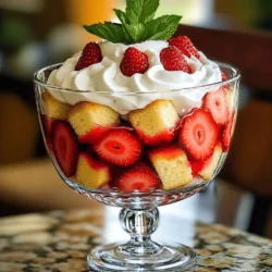 For this trifle, you need 2 cups of fresh strawberries. Make sure to hull and slice them. The sweetness of ripe strawberries will shine through in each layer. You will need 1 pound of pound cake. Cut it into 1-inch cubes. This cake adds a soft and buttery base for your trifle. For the whipped cream, gather these items: - 2 cups heavy whipping cream - 1/2 cup powdered sugar - 1 teaspoon pure vanilla extract - 1 cup creamy Greek yogurt These ingredients create a light and fluffy topping that balances the sweetness of the strawberries. You can enhance your trifle with fresh mint leaves. They not only look great but also add a fresh touch. Consider drizzling extra strawberry juice on top for added flair. For the complete recipe, check out the Full Recipe section. First, take your fresh strawberries. Wash them well and remove the green tops. Slice them into thin pieces. In a mixing bowl, add the sliced strawberries and 2 tablespoons of granulated sugar. Mix gently to coat the strawberries evenly. Let them sit for about 15-20 minutes. This step helps the strawberries release their juices. You'll get a sweet, syrupy mix that is key to our trifle. While the strawberries sit, let’s make the whipped cream. Grab a large mixing bowl and pour in 2 cups of heavy whipping cream. Add 1/2 cup of powdered sugar and 1 teaspoon of pure vanilla extract. Use an electric mixer on medium-high speed. Beat until stiff peaks form, which should take just 3-5 minutes. This creamy base will add rich flavor to your trifle. Now comes the fun part: assembling your trifle! Take a trifle dish or individual cups. Start with a layer of the cubed pound cake. Make sure the cake pieces are spread out evenly. Next, add a layer of your macerated strawberries on top, letting some juice soak into the cake. Follow this with a generous dollop of the whipped cream and Greek yogurt mix. Repeat these layers until you use all your ingredients. Finish with a thick layer of whipped cream on top. Cover your assembled trifle with plastic wrap and chill in the fridge for at least 1 hour. This step is important. It allows all the flavors to blend together. Just before serving, add fresh mint leaves on top for a pop of color and freshness. Your Strawberry Shortcake Trifle is now ready to impress! To make great whipped cream, start with chilled tools. Use a cold bowl and beaters. This helps the cream whip faster. Beat the heavy cream on medium-high speed. Add powdered sugar and vanilla extract as you whip. Stop when you see stiff peaks. Keep the cream light and fluffy. Overbeating can turn it into butter, which we do not want. Choose a dense pound cake for your trifle. It will hold its shape well. You can use store-bought or homemade cake. If you want to add flavor, consider lemon or almond pound cake. These options add a twist to the classic taste. Cut the cake into 1-inch cubes. This size is perfect for layering. Layering is key to a beautiful trifle. Start with cake cubes at the bottom. Make sure they are spread evenly. Next, add a layer of strawberries. Let some juice soak into the cake. Follow this with a layer of whipped cream. Repeat the layers until you run out of ingredients. Finish with whipped cream on top for a stunning look. Use a clear dish to show off those lovely layers. For the full recipe, check the [Full Recipe]. {{image_4}} You can switch out strawberries for other berries. Blueberries, raspberries, or blackberries work well. Mix and match for a colorful dessert. Each berry adds a unique flavor. You can also combine two or more types for fun flavors. This keeps your trifle fresh and exciting. If you need a gluten-free option, use gluten-free pound cake. Many stores sell gluten-free cakes. You can also make your own using almond flour or coconut flour. Just ensure all other ingredients are gluten-free. This way, everyone can enjoy your trifle without worry. For a dairy-free treat, swap heavy cream with coconut cream. Chill a can of full-fat coconut milk overnight. Use the solid part to whip up a creamy topping. You can also use almond or soy whipped cream. These options keep your trifle creamy and delicious without dairy. For the Greek yogurt, try a dairy-free yogurt alternative. This lets everyone savor the tasty layers. Feel free to explore these variations to make your Strawberry Shortcake Trifle even more delightful! For the full recipe, check back to ensure all steps are followed for the best results. To store your Strawberry Shortcake Trifle, cover it tightly with plastic wrap. You can keep it in the fridge for up to three days. This helps maintain the trifle's flavor and texture. If you notice the whipped cream softening, just give it a gentle stir before serving. I do not recommend freezing the trifle. The layers may separate, and the texture will change. If you want to prepare it ahead of time, make the components separately and assemble them when ready to serve. This keeps everything fresh and tasty. To keep your ingredients fresh: - Store strawberries in the fridge but not washed until ready to use. - Keep pound cake in an airtight container at room temperature for up to one week. - For whipped cream, use it right after making it. If you have leftovers, store them in the fridge for up to two days. Remember to check your ingredients regularly to ensure they stay fresh and ready for your next delightful trifle! Yes, you can use frozen strawberries. However, fresh strawberries give the best taste. If you use frozen, thaw them first. Pat them dry to remove excess water. This helps keep your trifle from getting soggy. You can store the trifle in the fridge for up to 2 days. After that, the layers may start to blend. The cream might lose its fluffiness, and the cake could get mushy. If you want to keep it fresh, cover it tightly. If you need a substitute for heavy whipping cream, use coconut cream. It gives a rich taste and is dairy-free. You can also try using whipped topping or a mix of milk and butter. Each option has a different flavor, so choose what you like best. For the full recipe, check out the complete guide above! This blog post covered how to make a delightful trifle using fresh strawberries, pound cake, and whipped cream. You learned step-by-step tips for preparation and assembly. We explored variations and how to store leftovers. Always remember, using fresh ingredients makes a big difference. You can adapt this dessert to fit many tastes. Keep experimenting, and enjoy every bite of your delicious creation. Happy cooking!