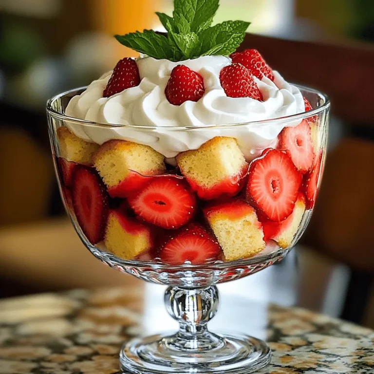 For this trifle, you need 2 cups of fresh strawberries. Make sure to hull and slice them. The sweetness of ripe strawberries will shine through in each layer. You will need 1 pound of pound cake. Cut it into 1-inch cubes. This cake adds a soft and buttery base for your trifle. For the whipped cream, gather these items: - 2 cups heavy whipping cream - 1/2 cup powdered sugar - 1 teaspoon pure vanilla extract - 1 cup creamy Greek yogurt These ingredients create a light and fluffy topping that balances the sweetness of the strawberries. You can enhance your trifle with fresh mint leaves. They not only look great but also add a fresh touch. Consider drizzling extra strawberry juice on top for added flair. For the complete recipe, check out the Full Recipe section. First, take your fresh strawberries. Wash them well and remove the green tops. Slice them into thin pieces. In a mixing bowl, add the sliced strawberries and 2 tablespoons of granulated sugar. Mix gently to coat the strawberries evenly. Let them sit for about 15-20 minutes. This step helps the strawberries release their juices. You'll get a sweet, syrupy mix that is key to our trifle. While the strawberries sit, let’s make the whipped cream. Grab a large mixing bowl and pour in 2 cups of heavy whipping cream. Add 1/2 cup of powdered sugar and 1 teaspoon of pure vanilla extract. Use an electric mixer on medium-high speed. Beat until stiff peaks form, which should take just 3-5 minutes. This creamy base will add rich flavor to your trifle. Now comes the fun part: assembling your trifle! Take a trifle dish or individual cups. Start with a layer of the cubed pound cake. Make sure the cake pieces are spread out evenly. Next, add a layer of your macerated strawberries on top, letting some juice soak into the cake. Follow this with a generous dollop of the whipped cream and Greek yogurt mix. Repeat these layers until you use all your ingredients. Finish with a thick layer of whipped cream on top. Cover your assembled trifle with plastic wrap and chill in the fridge for at least 1 hour. This step is important. It allows all the flavors to blend together. Just before serving, add fresh mint leaves on top for a pop of color and freshness. Your Strawberry Shortcake Trifle is now ready to impress! To make great whipped cream, start with chilled tools. Use a cold bowl and beaters. This helps the cream whip faster. Beat the heavy cream on medium-high speed. Add powdered sugar and vanilla extract as you whip. Stop when you see stiff peaks. Keep the cream light and fluffy. Overbeating can turn it into butter, which we do not want. Choose a dense pound cake for your trifle. It will hold its shape well. You can use store-bought or homemade cake. If you want to add flavor, consider lemon or almond pound cake. These options add a twist to the classic taste. Cut the cake into 1-inch cubes. This size is perfect for layering. Layering is key to a beautiful trifle. Start with cake cubes at the bottom. Make sure they are spread evenly. Next, add a layer of strawberries. Let some juice soak into the cake. Follow this with a layer of whipped cream. Repeat the layers until you run out of ingredients. Finish with whipped cream on top for a stunning look. Use a clear dish to show off those lovely layers. For the full recipe, check the [Full Recipe]. {{image_4}} You can switch out strawberries for other berries. Blueberries, raspberries, or blackberries work well. Mix and match for a colorful dessert. Each berry adds a unique flavor. You can also combine two or more types for fun flavors. This keeps your trifle fresh and exciting. If you need a gluten-free option, use gluten-free pound cake. Many stores sell gluten-free cakes. You can also make your own using almond flour or coconut flour. Just ensure all other ingredients are gluten-free. This way, everyone can enjoy your trifle without worry. For a dairy-free treat, swap heavy cream with coconut cream. Chill a can of full-fat coconut milk overnight. Use the solid part to whip up a creamy topping. You can also use almond or soy whipped cream. These options keep your trifle creamy and delicious without dairy. For the Greek yogurt, try a dairy-free yogurt alternative. This lets everyone savor the tasty layers. Feel free to explore these variations to make your Strawberry Shortcake Trifle even more delightful! For the full recipe, check back to ensure all steps are followed for the best results. To store your Strawberry Shortcake Trifle, cover it tightly with plastic wrap. You can keep it in the fridge for up to three days. This helps maintain the trifle's flavor and texture. If you notice the whipped cream softening, just give it a gentle stir before serving. I do not recommend freezing the trifle. The layers may separate, and the texture will change. If you want to prepare it ahead of time, make the components separately and assemble them when ready to serve. This keeps everything fresh and tasty. To keep your ingredients fresh: - Store strawberries in the fridge but not washed until ready to use. - Keep pound cake in an airtight container at room temperature for up to one week. - For whipped cream, use it right after making it. If you have leftovers, store them in the fridge for up to two days. Remember to check your ingredients regularly to ensure they stay fresh and ready for your next delightful trifle! Yes, you can use frozen strawberries. However, fresh strawberries give the best taste. If you use frozen, thaw them first. Pat them dry to remove excess water. This helps keep your trifle from getting soggy. You can store the trifle in the fridge for up to 2 days. After that, the layers may start to blend. The cream might lose its fluffiness, and the cake could get mushy. If you want to keep it fresh, cover it tightly. If you need a substitute for heavy whipping cream, use coconut cream. It gives a rich taste and is dairy-free. You can also try using whipped topping or a mix of milk and butter. Each option has a different flavor, so choose what you like best. For the full recipe, check out the complete guide above! This blog post covered how to make a delightful trifle using fresh strawberries, pound cake, and whipped cream. You learned step-by-step tips for preparation and assembly. We explored variations and how to store leftovers. Always remember, using fresh ingredients makes a big difference. You can adapt this dessert to fit many tastes. Keep experimenting, and enjoy every bite of your delicious creation. Happy cooking!