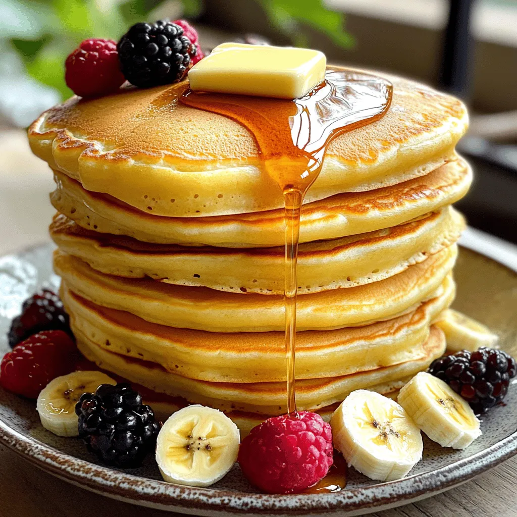 To make fluffy Japanese pancakes, you need these key items: - 1 cup all-purpose flour - 2 tablespoons granulated sugar - 1 tablespoon baking powder - 1/4 teaspoon fine salt - 1/2 cup warm milk - 2 large eggs, separated (yolks and whites) - 1/2 teaspoon vanilla extract - 1 tablespoon vegetable oil (for cooking) These ingredients work together to create the light texture that sets these pancakes apart. To take your pancakes to the next level, consider these additions: - Butter (for serving) - Maple syrup (for drizzling) - Fresh fruits (such as mixed berries or banana slices) for garnish These toppings add flavor and color to your dish, making it even more appealing. If you need to swap some ingredients, here are a few ideas: - Use almond milk or oat milk instead of regular milk for a dairy-free option. - For gluten-free pancakes, try using gluten-free all-purpose flour. - If you’re out of baking powder, mix 1/4 teaspoon baking soda with 1/2 teaspoon vinegar as a substitute. These substitutions can help you adapt the recipe to your needs while keeping it delicious. For the complete recipe, check out the Full Recipe. Start by gathering your ingredients. In a medium bowl, combine: - 1 cup all-purpose flour - 2 tablespoons granulated sugar - 1 tablespoon baking powder - 1/4 teaspoon fine salt Whisk these dry ingredients together. This gives you a smooth mix. In a separate bowl, mix: - 1/2 cup warm milk - 2 large egg yolks - 1/2 teaspoon vanilla extract Whisk until it is smooth. Pour this mix into the dry ingredients. Stir gently with a spatula. You want to blend without overmixing. Some lumps are okay. In a clean bowl, beat the 2 egg whites. Use an electric mixer or whisk until stiff peaks form. This step is key for fluffy pancakes. Now, gently fold the egg whites into your batter. Do this in three parts. Use a spatula to lift and fold without breaking the bubbles. Your batter should feel light and airy. Preheat your skillet over low heat. Lightly grease it with vegetable oil. Cooking slowly is important for fluffy pancakes. Scoop 1/4 cup of batter onto the skillet. Let it spread a bit. If you want extra fluffiness, stack the batter high. Cover the skillet with a lid. Cook for about 4-5 minutes until golden brown. Carefully flip and cook the other side for another 4-5 minutes. Once cooked, keep the pancakes warm in a low oven as you repeat with the rest of the batter. Serve your pancakes stacked high with butter on top. Drizzle with maple syrup and add fresh fruits for a tasty finish. For the full recipe, refer to the instructions above. To make your pancakes super fluffy, follow these tips: - Separate the eggs. Use the yolks for the batter and beat the whites until stiff peaks form. - Fold gently. When mixing in the egg whites, use a spatula. Be gentle to keep air in. - Use warm milk. This helps the batter mix better and creates a nice texture. - Cook low and slow. Keep your heat low. This ensures the inside cooks well without burning the outside. Many people make mistakes that ruin their pancakes. Here are some to watch out for: - Overmixing the batter. This can make the pancakes tough. Mix until just combined. - Skipping the egg whites. Beaten egg whites are key for fluffiness. Don’t skip this step! - Cooking at high heat. This can burn the outside and leave the inside raw. Use low heat instead. The right tools make a big difference. Here’s what I recommend: - Non-stick skillet or griddle. This prevents sticking and helps with even cooking. - Electric mixer. This makes beating egg whites easier and faster. - Spatula. A silicone spatula is great for folding the batter without deflating it. - Lid for the skillet. Covering the pancakes while they cook helps them rise and stay fluffy. For the complete recipe, check out my Full Recipe section. {{image_4}} You can make matcha fluffy Japanese pancakes for a unique twist. Just add 1-2 tablespoons of matcha powder to the dry ingredients. This gives the pancakes a lovely green color and a subtle earthy flavor. Serve them with a dollop of whipped cream and a drizzle of honey for a sweet finish. If you love chocolate, try chocolate chip fluffy Japanese pancakes. Fold in half a cup of mini chocolate chips into the batter before cooking. The warm pancakes will melt the chocolate slightly, creating a gooey delight in every bite. Top with whipped cream and extra chocolate chips for a fun treat. For a savory option, add diced green onions and cooked bacon to the batter. These savory fluffy pancakes work well as a brunch dish. Serve them with a spoonful of sour cream or a sprinkle of cheese on top. You’ll enjoy a tasty blend of flavors that makes breakfast exciting! To keep your fluffy Japanese pancakes fresh, first let them cool down. Place them in an airtight container. You can stack them, but add parchment paper between layers. This helps to prevent sticking. Store them in the fridge for up to three days. Always check for any signs of spoilage before eating. When you are ready to eat your leftover pancakes, you have a few options. The microwave is quick. Place the pancakes on a plate and cover them with a damp paper towel. Heat for 20-30 seconds. If you want a crispy edge, use a skillet. Heat a little butter over low heat. Warm the pancakes for about one minute on each side. This keeps them fluffy and tasty. Freezing is a great option if you have extra pancakes. First, cool them completely. Place a piece of parchment paper between each pancake to keep them separate. Wrap them tightly in plastic wrap or foil. Then, put them in a freezer bag. Label the bag with the date. They can last up to two months in the freezer. When you want to eat them, thaw in the fridge overnight before reheating. Enjoy your fluffy pancakes anytime! For the full recipe, check out the earlier section. Japanese pancakes are thick and fluffy. They use whipped egg whites. This gives them airiness and a cloud-like texture. Regular pancakes are thinner and denser. The cooking method also varies, with Japanese pancakes often steamed. This helps them rise higher and remain soft. Yes, you can! Use a gluten-free flour blend. Look for a mix that has a good structure. This helps achieve the right texture. You can also try almond flour or oat flour. Just keep in mind that the flavor and texture may change slightly. These pancakes taste best fresh. If you have leftovers, store them in the fridge. They can last up to two days. Place them in an airtight container. Reheat them gently in the microwave or on a skillet. This helps keep them soft and fluffy. You learned how to make fluffy Japanese pancakes, from key ingredients to cooking methods. The tips and variations helped you discover new flavors. Remember to avoid common mistakes for the best results. Store any leftovers properly for later enjoyment. Now you can impress friends and family with your yummy pancakes. Enjoy the process and have fun experimenting with different styles!