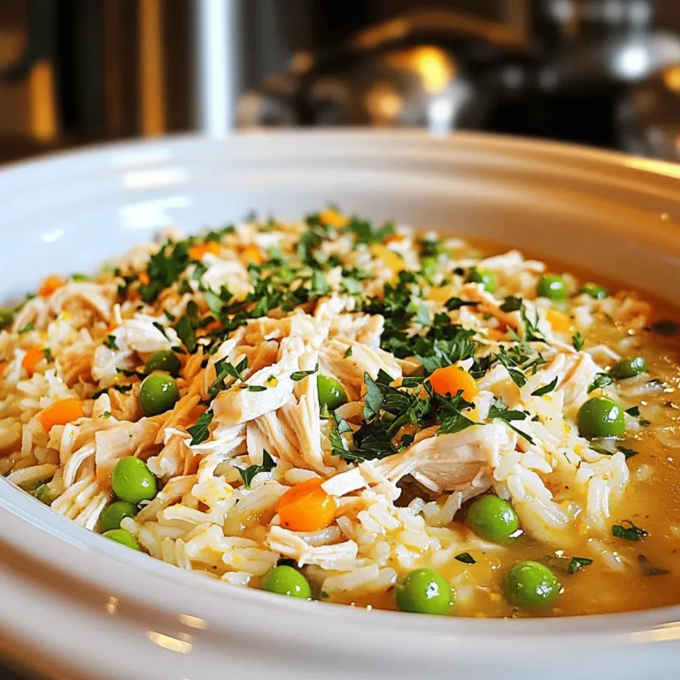 To make a tasty crockpot chicken and rice, you need key ingredients. Here’s what you will need: - 4 boneless, skinless chicken thighs - 1 cup long-grain rice - 1 medium onion, diced - 3 cloves garlic, minced - 4 cups low-sodium chicken broth - 1 cup frozen peas and carrots - 1 tablespoon dried thyme - 1 teaspoon paprika - Salt and pepper to taste - 2 tablespoons olive oil - Fresh parsley, chopped, for garnish These ingredients work together to create a comforting meal. The chicken thighs bring rich flavor and moisture. The rice absorbs all the savory broth. You can add some optional ingredients for extra taste. Consider these options: - 1 cup sliced mushrooms for earthiness - 1 bell pepper, diced for sweetness - A squeeze of lemon juice for brightness - 1 teaspoon garlic powder for more depth These additions can make your dish even more delicious. They also let you customize it to your taste. If you have allergies, you can swap some ingredients. Here are some safe replacements: - Use quinoa instead of rice for a gluten-free option. - Swap chicken for tofu or chickpeas for a plant-based dish. - Use vegetable broth instead of chicken broth for a vegan version. These alternatives help everyone enjoy the meal. Just remember to adjust cooking times if needed. You can find the full recipe in the main article for thorough guidance. First, gather your chicken thighs. You want four boneless, skinless thighs. Season them well with salt, pepper, dried thyme, and paprika. This step adds great flavor. Make sure the seasoning covers every side. Next, heat two tablespoons of olive oil in a skillet. Once hot, add the chicken thighs. Sear them for about 3-4 minutes on each side. You want them golden brown. This browning helps build a rich taste. Now, it is time to layer your ingredients in the crockpot. Start by adding one diced medium onion and three cloves of minced garlic to the bottom. This mix will create a flavor base that smells amazing. After that, place your seared chicken thighs on top of the onion and garlic. Next, pour in four cups of low-sodium chicken broth. This broth will keep the chicken moist. After the broth, add one cup of long-grain rice and one cup of frozen peas and carrots. Gently mix these ingredients without disturbing the chicken too much. Cover the crockpot with the lid and set it to cook. You have two options for cooking time. If you choose low, cook for 4-5 hours. If you want it faster, set it to high for 2-3 hours. Keep an eye on the chicken. It should be fully cooked, and the rice should be tender and absorb all the broth. Once done, take the chicken out and shred it with two forks. Return the shredded chicken to the pot and mix everything well. Taste your dish and adjust the seasoning as needed. This step ensures every bite is full of flavor. To get the best taste from your dish, start by seasoning the chicken well. Use salt, pepper, thyme, and paprika. Each spice adds its own touch. Searing the chicken in olive oil also helps. This step creates a crust that locks in juices. Next, layer the onion and garlic at the bottom of the crockpot. These will cook down and add great flavor. Always follow your crockpot’s instructions. Set it to low for a longer cook time. This gives flavors time to blend. Use a meat thermometer to check the chicken. It should reach 165°F for safety. Keep the lid closed during cooking. This keeps steam inside and helps the food cook evenly. One mistake is skipping the searing step. This can dull the flavor. Another is overcrowding the crockpot. Make sure there is enough space for heat to circulate. Don’t rush the cooking time. Cooking too fast can leave the chicken dry. Finally, avoid lifting the lid too often. Each peek releases heat and can extend cooking time. For the full recipe, check out the detailed instructions above. {{image_4}} You can make this dish healthier by swapping out some ingredients. Here are a few ideas: - Chicken Thighs: Use skinless chicken breasts for less fat. - Rice: Substitute white rice with brown or cauliflower rice for more fiber. - Broth: Choose vegetable broth or make your own for fewer sodium levels. These changes keep the dish tasty while boosting its health benefits. Don't hesitate to play with flavors. Here are some great options: - Cumin: Adds a warm, earthy touch. - Cinnamon: A pinch can give a sweet note. - Basil or oregano: Fresh or dried can bring a Mediterranean vibe. - Chili flakes: For a bit of heat, just sprinkle in some. Mix and match these spices to create your own unique flavor profile! You can enjoy this dish even without chicken. Consider these swaps: - Chickpeas: They add protein and texture. - Tofu: Firm tofu works great when cubed and added. - Mushrooms: Use a mix of your favorites for a meaty taste. Replace the chicken while keeping the rest of the recipe the same. You will still get a hearty meal! For the Full Recipe, check the earlier sections of this article. After enjoying your meal, store leftovers right away. Let the dish cool to room temperature. Use airtight containers to keep the food fresh. Divide it into smaller portions. This makes reheating easier later. Keep the chicken and rice separate if possible. This helps maintain texture and flavor. You can freeze Crockpot Chicken and Rice. Place it in freezer-safe bags or containers. Remove as much air as you can. Label the bags with the date. It’s best to eat frozen portions within three months. When you’re ready to enjoy it again, thaw it overnight in the fridge. Reheat in a microwave or on the stove. Add a splash of broth to keep it moist. In the fridge, your leftovers last for about three to four days. Make sure to check for any off smells or changes in texture before eating. If stored properly, frozen chicken and rice can last for up to three months. Always prioritize food safety, and when in doubt, throw it out. Enjoy the full recipe for a delicious meal that can be enjoyed later! Yes, you can make Crockpot Chicken and Rice ahead of time. You can prepare the dish and store it in the fridge. Just cook it, let it cool, and cover it. It can last up to three days in the fridge. When you're ready to eat, just reheat it on the stove or in the microwave. To adjust the recipe for more servings, simply increase the amount of each ingredient. For every extra two servings, add one more chicken thigh and half a cup of rice. You can also add more broth and veggies. Just ensure you have a larger crockpot to hold everything. Crockpot Chicken and Rice pairs well with many sides. You can serve it with a fresh green salad. Garlic bread or steamed broccoli also makes a great match. If you want something hearty, try a warm biscuit. Each will add a nice touch to your meal. Yes, you can make this dish gluten-free. Use gluten-free broth and check your rice brand for gluten. Also, ensure any added seasonings or extras are gluten-free. It’s simple to enjoy this meal without gluten! For the full recipe, check out the details above. In this blog post, we explored how to make Crockpot Chicken and Rice. We covered essential and optional ingredients, plus allergen substitutions for all. You learned step-by-step cooking methods for tender chicken and rice. I shared tips to enhance flavor and avoid common mistakes, and we looked at healthy and vegetarian variations. Proper storage techniques ensure your leftovers stay fresh. Overall, this dish is easy, flexible, and delicious. With these tips, you can enjoy great meals every time. Happy cooking!
