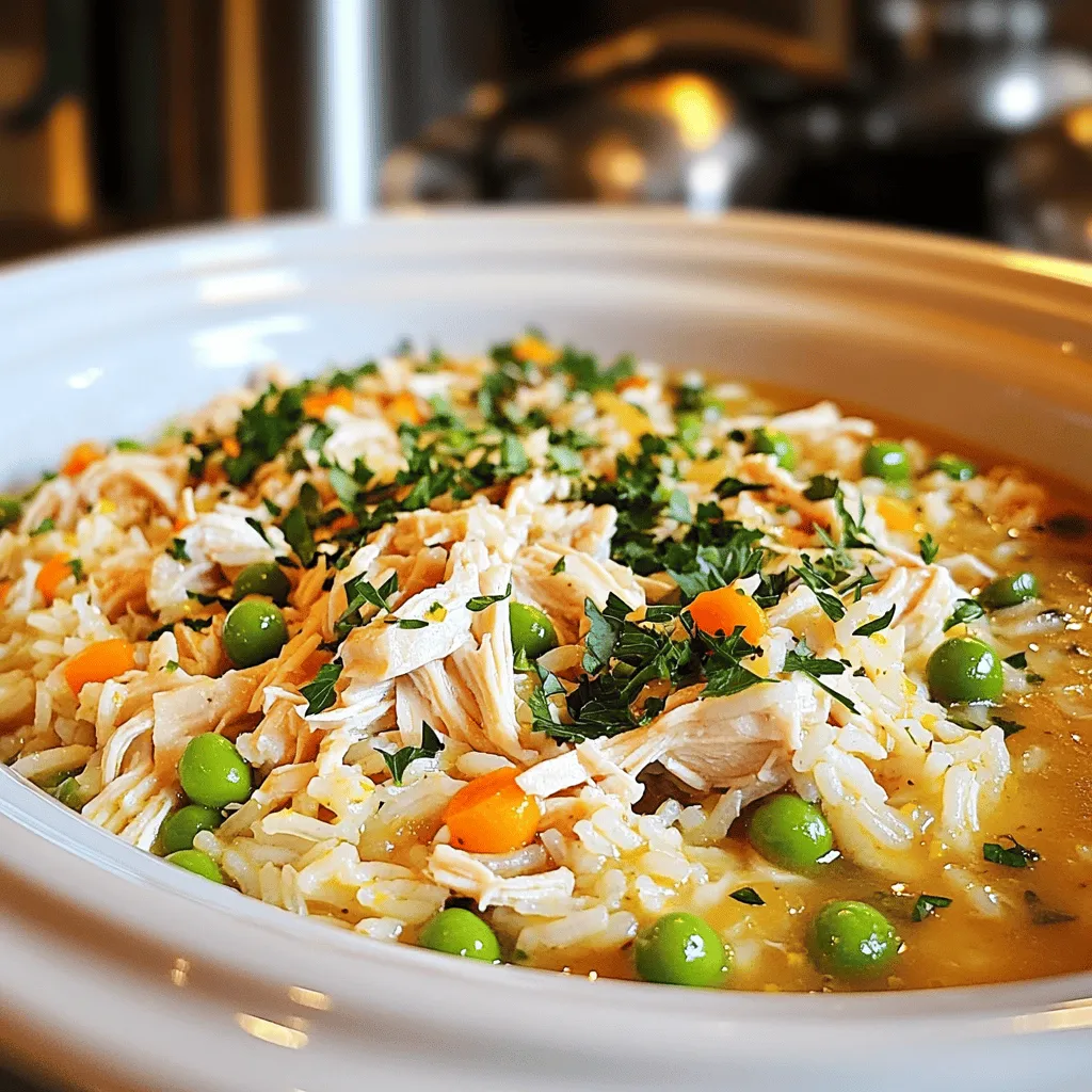 To make a tasty crockpot chicken and rice, you need key ingredients. Here’s what you will need: - 4 boneless, skinless chicken thighs - 1 cup long-grain rice - 1 medium onion, diced - 3 cloves garlic, minced - 4 cups low-sodium chicken broth - 1 cup frozen peas and carrots - 1 tablespoon dried thyme - 1 teaspoon paprika - Salt and pepper to taste - 2 tablespoons olive oil - Fresh parsley, chopped, for garnish These ingredients work together to create a comforting meal. The chicken thighs bring rich flavor and moisture. The rice absorbs all the savory broth. You can add some optional ingredients for extra taste. Consider these options: - 1 cup sliced mushrooms for earthiness - 1 bell pepper, diced for sweetness - A squeeze of lemon juice for brightness - 1 teaspoon garlic powder for more depth These additions can make your dish even more delicious. They also let you customize it to your taste. If you have allergies, you can swap some ingredients. Here are some safe replacements: - Use quinoa instead of rice for a gluten-free option. - Swap chicken for tofu or chickpeas for a plant-based dish. - Use vegetable broth instead of chicken broth for a vegan version. These alternatives help everyone enjoy the meal. Just remember to adjust cooking times if needed. You can find the full recipe in the main article for thorough guidance. First, gather your chicken thighs. You want four boneless, skinless thighs. Season them well with salt, pepper, dried thyme, and paprika. This step adds great flavor. Make sure the seasoning covers every side. Next, heat two tablespoons of olive oil in a skillet. Once hot, add the chicken thighs. Sear them for about 3-4 minutes on each side. You want them golden brown. This browning helps build a rich taste. Now, it is time to layer your ingredients in the crockpot. Start by adding one diced medium onion and three cloves of minced garlic to the bottom. This mix will create a flavor base that smells amazing. After that, place your seared chicken thighs on top of the onion and garlic. Next, pour in four cups of low-sodium chicken broth. This broth will keep the chicken moist. After the broth, add one cup of long-grain rice and one cup of frozen peas and carrots. Gently mix these ingredients without disturbing the chicken too much. Cover the crockpot with the lid and set it to cook. You have two options for cooking time. If you choose low, cook for 4-5 hours. If you want it faster, set it to high for 2-3 hours. Keep an eye on the chicken. It should be fully cooked, and the rice should be tender and absorb all the broth. Once done, take the chicken out and shred it with two forks. Return the shredded chicken to the pot and mix everything well. Taste your dish and adjust the seasoning as needed. This step ensures every bite is full of flavor. To get the best taste from your dish, start by seasoning the chicken well. Use salt, pepper, thyme, and paprika. Each spice adds its own touch. Searing the chicken in olive oil also helps. This step creates a crust that locks in juices. Next, layer the onion and garlic at the bottom of the crockpot. These will cook down and add great flavor. Always follow your crockpot’s instructions. Set it to low for a longer cook time. This gives flavors time to blend. Use a meat thermometer to check the chicken. It should reach 165°F for safety. Keep the lid closed during cooking. This keeps steam inside and helps the food cook evenly. One mistake is skipping the searing step. This can dull the flavor. Another is overcrowding the crockpot. Make sure there is enough space for heat to circulate. Don’t rush the cooking time. Cooking too fast can leave the chicken dry. Finally, avoid lifting the lid too often. Each peek releases heat and can extend cooking time. For the full recipe, check out the detailed instructions above. {{image_4}} You can make this dish healthier by swapping out some ingredients. Here are a few ideas: - Chicken Thighs: Use skinless chicken breasts for less fat. - Rice: Substitute white rice with brown or cauliflower rice for more fiber. - Broth: Choose vegetable broth or make your own for fewer sodium levels. These changes keep the dish tasty while boosting its health benefits. Don't hesitate to play with flavors. Here are some great options: - Cumin: Adds a warm, earthy touch. - Cinnamon: A pinch can give a sweet note. - Basil or oregano: Fresh or dried can bring a Mediterranean vibe. - Chili flakes: For a bit of heat, just sprinkle in some. Mix and match these spices to create your own unique flavor profile! You can enjoy this dish even without chicken. Consider these swaps: - Chickpeas: They add protein and texture. - Tofu: Firm tofu works great when cubed and added. - Mushrooms: Use a mix of your favorites for a meaty taste. Replace the chicken while keeping the rest of the recipe the same. You will still get a hearty meal! For the Full Recipe, check the earlier sections of this article. After enjoying your meal, store leftovers right away. Let the dish cool to room temperature. Use airtight containers to keep the food fresh. Divide it into smaller portions. This makes reheating easier later. Keep the chicken and rice separate if possible. This helps maintain texture and flavor. You can freeze Crockpot Chicken and Rice. Place it in freezer-safe bags or containers. Remove as much air as you can. Label the bags with the date. It’s best to eat frozen portions within three months. When you’re ready to enjoy it again, thaw it overnight in the fridge. Reheat in a microwave or on the stove. Add a splash of broth to keep it moist. In the fridge, your leftovers last for about three to four days. Make sure to check for any off smells or changes in texture before eating. If stored properly, frozen chicken and rice can last for up to three months. Always prioritize food safety, and when in doubt, throw it out. Enjoy the full recipe for a delicious meal that can be enjoyed later! Yes, you can make Crockpot Chicken and Rice ahead of time. You can prepare the dish and store it in the fridge. Just cook it, let it cool, and cover it. It can last up to three days in the fridge. When you're ready to eat, just reheat it on the stove or in the microwave. To adjust the recipe for more servings, simply increase the amount of each ingredient. For every extra two servings, add one more chicken thigh and half a cup of rice. You can also add more broth and veggies. Just ensure you have a larger crockpot to hold everything. Crockpot Chicken and Rice pairs well with many sides. You can serve it with a fresh green salad. Garlic bread or steamed broccoli also makes a great match. If you want something hearty, try a warm biscuit. Each will add a nice touch to your meal. Yes, you can make this dish gluten-free. Use gluten-free broth and check your rice brand for gluten. Also, ensure any added seasonings or extras are gluten-free. It’s simple to enjoy this meal without gluten! For the full recipe, check out the details above. In this blog post, we explored how to make Crockpot Chicken and Rice. We covered essential and optional ingredients, plus allergen substitutions for all. You learned step-by-step cooking methods for tender chicken and rice. I shared tips to enhance flavor and avoid common mistakes, and we looked at healthy and vegetarian variations. Proper storage techniques ensure your leftovers stay fresh. Overall, this dish is easy, flexible, and delicious. With these tips, you can enjoy great meals every time. Happy cooking!